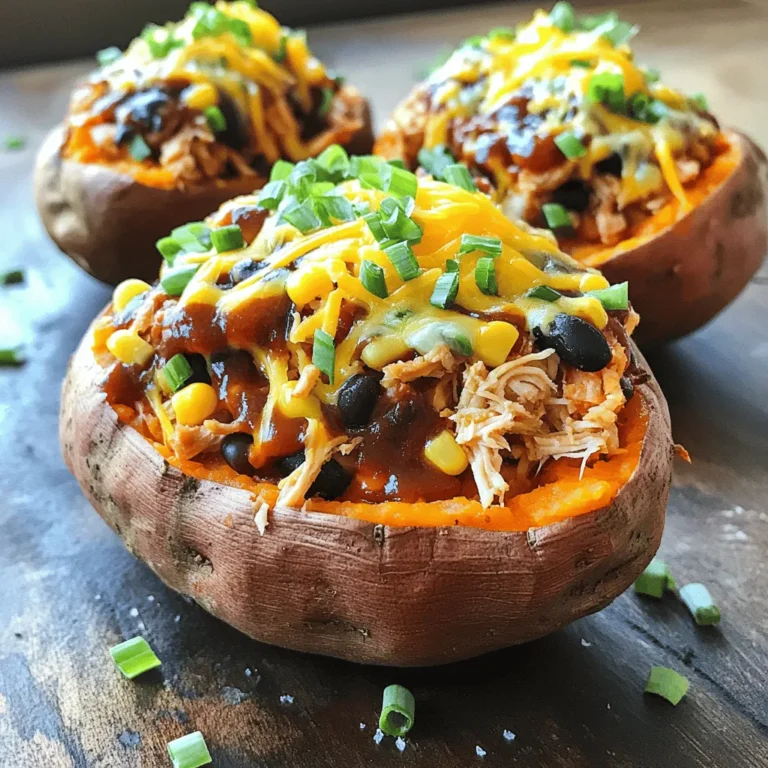 To make BBQ chicken stuffed sweet potatoes, gather these ingredients: - 4 medium-sized sweet potatoes - 2 cups cooked chicken, shredded (rotisserie chicken works great!) - 1 cup BBQ sauce (homemade or your favorite store-bought) - 1 cup corn kernels (can be fresh, frozen, or canned) - 1 cup black beans, rinsed and drained - 1 teaspoon smoked paprika - ½ teaspoon garlic powder - ½ teaspoon onion powder - Salt and freshly ground pepper, to taste - 1 cup shredded cheddar cheese (use sharp for extra flavor) - ¼ cup chopped green onions, for garnish - Sour cream or Greek yogurt, for serving (optional) If you want to swap ingredients, here are some ideas: - Use chicken thighs instead of shredded chicken for more flavor. - Swap BBQ sauce for salsa for a zesty twist. - Try quinoa or lentils instead of black beans for a different texture. - Use pepper jack cheese for a spicy kick. - You can skip the cheese for a dairy-free version. Each serving of BBQ chicken stuffed sweet potatoes has: - Calories: 450 - Protein: 28g - Carbohydrates: 60g - Dietary Fiber: 10g - Total Fat: 14g - Saturated Fat: 7g - Sugars: 9g This dish gives you a balanced meal with protein, fiber, and good carbs. For the full recipe, check out the recipe link above. Start by preheating your oven to 400°F (200°C). Wash the sweet potatoes well under cold water. After washing, pat them dry with a towel. Take a fork and pierce each potato several times. This helps steam escape while they bake. Place the sweet potatoes on a baking sheet. Bake them for 45-60 minutes. They are done when they are soft enough to be pierced easily with a fork. While the sweet potatoes bake, it’s time to make the BBQ chicken filling. In a large bowl, add 2 cups of shredded chicken. You can use rotisserie chicken for easy prep. Next, add 1 cup of your favorite BBQ sauce. Mix in 1 cup of corn and 1 cup of black beans, which you should rinse and drain. Now, sprinkle in 1 teaspoon of smoked paprika, ½ teaspoon of garlic powder, and ½ teaspoon of onion powder. Season with salt and pepper to taste. Stir until everything is well coated in the BBQ sauce. When the sweet potatoes are soft, take them out of the oven. Let them cool for about 5 minutes. Carefully cut each potato in half lengthwise. Scoop out a little flesh from each half to create a well, but leave some potato around the edges. Fill each half with the BBQ chicken mixture. Pack it in lightly. Top with shredded cheddar cheese, distributing it evenly. Return the stuffed potatoes to the oven for another 10-15 minutes. You want the cheese to melt and bubble. After baking, let them cool for a few minutes. Garnish with chopped green onions. Serve warm and enjoy with sour cream or Greek yogurt if you like. For the complete recipe, check out the Full Recipe section! To make great sweet potatoes, choose medium-sized ones. Look for smooth skin and no dents. Wash them well and poke holes with a fork. This helps steam escape while baking. Bake them at 400°F for 45-60 minutes. They should feel soft when done. Let them cool for a few minutes before cutting. This keeps the heat in and helps with filling. Seasoning is key to great flavor. Mix shredded chicken with BBQ sauce, corn, and black beans in a bowl. Add smoked paprika, garlic powder, onion powder, salt, and pepper. This mix makes the filling tasty and exciting. Feel free to adjust the spices. Want more heat? Add a dash of cayenne. Love herbs? Toss in some chopped cilantro for a fresh twist. These stuffed sweet potatoes are a meal on their own. For sides, consider a simple salad or coleslaw. A crunchy texture pairs well with the soft potatoes. You can also serve them with a dollop of sour cream or Greek yogurt on top. Drizzle extra BBQ sauce for more flavor. Arrange them on a platter for a fun presentation. For the full recipe, visit the link. {{image_4}} You can change the protein in this dish easily. Try using pulled pork for a smoky flavor. Shredded turkey also works well and adds a nice twist. If you prefer beef, use ground beef or shredded brisket. Each option brings a unique taste to the BBQ chicken stuffed sweet potatoes. Cheese can change the whole dish. While cheddar is classic, try pepper jack for some heat. Mozzarella gives a gooey texture, while feta adds a tangy bite. You could even mix different cheeses for a rich topping. Just pick what you love! You can make this dish vegetarian by swapping chicken for chickpeas or lentils. Both add protein and texture. Use a vegan BBQ sauce to keep it plant-based. For cheese, try vegan cheese or skip it altogether. The stuffed sweet potatoes will still be tasty and satisfying. For the full recipe, check out the earlier section. To keep your BBQ chicken stuffed sweet potatoes fresh, let them cool down. Once cool, wrap them tightly in plastic wrap or place them in an airtight container. Store them in the fridge for up to three days. This way, your meal stays tasty and safe to eat. When you're ready to enjoy your leftovers, preheat your oven to 350°F (175°C). Place the stuffed sweet potatoes on a baking sheet. Cover them with foil to keep the moisture in. Heat for about 15-20 minutes, or until warmed through. You can also use the microwave if you’re short on time. Just heat them for 1-2 minutes, checking that they’re hot all the way through. If you want to save your stuffed sweet potatoes for later, freezing is a great option. First, let them cool completely. Wrap each potato in plastic wrap, then place them in a freezer bag. Squeeze out as much air as possible before sealing. They can stay frozen for up to three months. When you’re ready to eat, thaw them in the fridge overnight. Reheat them using the oven or microwave for the best taste. For the full recipe, refer to the earlier section. Yes, you can use other types of potatoes. Russet potatoes are a great choice. They are starchy and fluffy. If you prefer, you can also use Yukon gold potatoes. These potatoes have a creamy texture. Just remember to adjust the cooking time according to the type and size of potato. You can make this recipe healthier in a few ways. Use skinless chicken breast instead of rotisserie chicken. This will cut down on fat. You can also reduce the amount of cheese. Try using low-fat cheese or omit it altogether. Adding more veggies, like spinach or bell peppers, can boost nutrition too. These stuffed sweet potatoes are versatile! You can serve them with a fresh salad for a light meal. Roasted veggies also pair well with this dish. If you want something heartier, consider serving corn on the cob or coleslaw. All these sides balance the flavors nicely. If you use larger potatoes, increase the baking time. Start by adding 10-15 minutes to the initial baking time. Check them for doneness by piercing with a fork. They should feel soft all the way through. Ensure the filling is hot and the cheese is bubbly before serving. This blog post covered everything you need for BBQ Chicken Stuffed Sweet Potatoes. We talked about the ingredients, how to prepare them, and tips to make them better. You can even try variations for different tastes. Proper storage and reheating are key for leftovers too. In the end, this recipe offers a fun meal that's easy to customize. Enjoy making it your own!