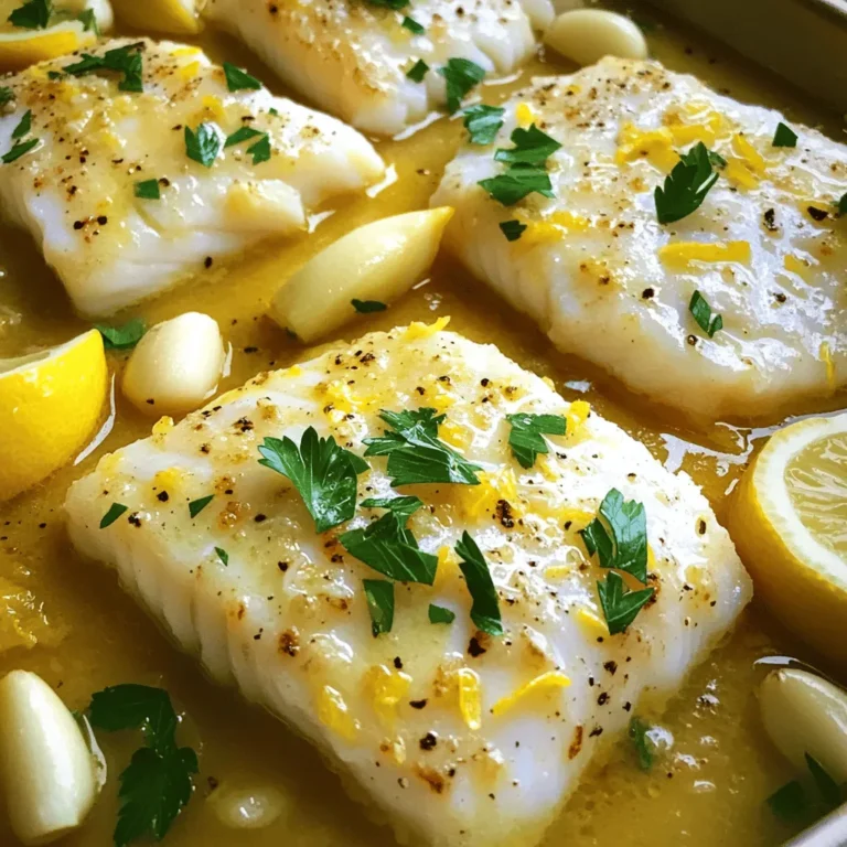 To make this dish, you'll need: - 4 cod fillets (approximately 6 oz each) - 1/2 cup unsalted butter, divided - 2 cloves garlic, finely minced - Zest of 1 lemon - 1/4 cup fresh lemon juice (about 2 medium lemons) - 1 tablespoon capers, rinsed and drained - Salt and freshly ground black pepper, to taste - Fresh parsley, chopped (for garnish) - Lemon wedges (for serving) These ingredients create a fresh and bright flavor that pairs well with the cod. For added depth, consider these seasonings and aromatics: - A pinch of red pepper flakes for heat - Fresh thyme or dill for herbal notes - A splash of white wine for acidity These options can enhance the sauce and make your dish even more flavorful. Presentation matters when serving this dish. Try these garnishes: - Extra chopped parsley for a pop of green - Thin lemon slices on the plate - A sprinkle of capers on top for added flair These small touches can elevate your dish visually and tastefully. For the complete recipe, check out the Full Recipe. To start, you need to prepare the cod fillets. First, pat each fillet dry with a paper towel. This step helps remove moisture. Next, season both sides with salt and freshly ground black pepper. You want to make sure they are coated well. This adds flavor and enhances the dish. Now, let's sear the cod. Use a large, non-stick skillet for this. Melt 2 tablespoons of unsalted butter over medium heat. Wait until it bubbles but does not brown. Carefully place the seasoned cod fillets in the skillet. Cook for 4-5 minutes without flipping. This helps develop a nice crust. After that, flip the fillets and cook for another 4-5 minutes. The cod should turn golden brown and flake easily. Once cooked, transfer the fillets to a plate and set aside. In the same skillet, keep the heat on low. Add the remaining butter and let it melt. Once it melts, stir in the minced garlic. Sauté it for about 1 minute. You want the garlic fragrant, not browned. Next, add lemon zest, fresh lemon juice, and drained capers. Stir everything together. Let it simmer for 2-3 minutes, allowing the sauce to thicken and flavors to blend. Finally, gently return the cooked cod to the skillet, spooning the sauce over it. Heat everything for an extra minute. Now your cod is warm and full of flavor! To cook cod just right, choose fresh fillets. Look for bright, white flesh. Pat them dry before seasoning. This step helps achieve a nice sear. Use a non-stick skillet for easy flipping. Heat it over medium heat. Melt butter until it bubbles but does not brown. Cook the cod for 4-5 minutes on one side. Flip it gently and cook for another 4-5 minutes. The fillets should be golden brown and flake easily. For best results, use a fork to test doneness. To make the lemon butter sauce pop, focus on fresh ingredients. Use real lemons for juice and zest. This gives a bright, zesty flavor. Add minced garlic right after melting the butter. Cook it until fragrant, but not browned. Incorporate capers for a briny touch. They add depth to the sauce. Stir everything together and let it simmer for a few minutes. This helps the flavors blend well. Always taste the sauce and adjust with salt and pepper. Plating your dish nicely can elevate the meal. Use a rustic wooden platter for a warm feel. Place the cod fillets in the center, drizzling the sauce over them. Sprinkle freshly chopped parsley on top for color. Arrange lemon wedges around the cod for a fresh look. For an extra touch, add a few capers on top. This not only looks good but adds flavor too. A beautiful presentation makes your meal feel special and inviting. {{image_4}} You can easily swap cod for other fish. Try halibut or haddock for similar taste and texture. Both options hold up well when cooked. Salmon offers a richer flavor and pairs nicely with the lemon butter sauce. Just adjust cooking time based on the thickness of the fish. Adding vegetables can boost nutrition and flavor. Sauté some spinach or kale in the same pan after cooking the fish. You can also add cherry tomatoes for a sweet burst. Zucchini or asparagus are great choices too. Just cook them until tender before serving with the cod. Herbs and spices can change the dish's flavor profile. Try adding fresh dill or thyme for a herbal touch. A pinch of cayenne pepper can add a little heat. For a fresh twist, use basil or cilantro instead of parsley. Each herb brings its unique flavor, making your dish exciting every time. For the full recipe, check out the Zesty Cod Delight. To keep your cod with lemon butter sauce fresh, store it right. First, let the dish cool down to room temperature. Then, place the cod in an airtight container. Make sure to cover the lemon butter sauce well, too. This helps keep moisture in and flavors intact. You can store it in the fridge for up to three days. When you're ready to enjoy your leftovers, reheating gently is key. Start by placing the cod on a microwave-safe plate. You can cover it with a damp paper towel to keep it moist. Heat in the microwave for about 30 seconds to one minute. If you prefer, you can reheat it in a skillet over low heat. Add a little butter or olive oil to keep it juicy. Heat until warm, then serve with extra lemon wedges if desired. Freezing is another option if you want to save some for later. Make sure the cod is fully cooled. Wrap each piece tightly in plastic wrap, then place them in a freezer bag. This helps prevent freezer burn. You can freeze it for up to two months. When you're ready to eat, thaw it overnight in the fridge. Reheat as mentioned above to bring back that fresh taste. For a full recipe, check out the Zesty Cod Delight. You can enjoy cod with many sides. Here are some great choices: - Steamed broccoli - Garlic mashed potatoes - Roasted asparagus - Simple green salad - Rice pilaf These sides add color and flavor to your meal. They also balance the rich lemon butter sauce. Yes, you can make the sauce ahead! Just prepare it as directed and cool it down. Store the sauce in an airtight container in the fridge. When you are ready to serve, reheat it gently on low heat. This way, you save time on busy days. The cod is cooked when it flakes easily with a fork. The inside should be opaque and firm, not translucent. A safe internal temperature is 145°F (63°C). Use a food thermometer for the best results. If you follow these steps, you will serve perfect cod every time. For the full recipe, check the [Full Recipe]. In this article, we explored how to make cod with lemon butter sauce. We covered key ingredients, step-by-step cooking instructions, and tips for perfect results. You learned about variations and how to store leftovers. Cooking should be fun, so don’t hesitate to try your own spin. With simple steps, tasty meals are within reach. Enjoy your cooking and share your dishes with others!