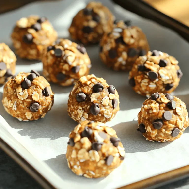 - 1 cup rolled oats - 1/2 cup almond butter (or substitute peanut butter) - 1/2 cup pumpkin puree - 1/4 cup honey or maple syrup - 1 teaspoon pure vanilla extract - 1 teaspoon pumpkin spice mix - 1/4 teaspoon sea salt - Optional add-ins: mini chocolate chips and chopped nuts I love using these ingredients because they pack flavor and nutrition. The rolled oats provide a great base for these bites. They give a chewy texture and offer fiber for energy. Almond butter is my go-to for creaminess and healthy fat. If you prefer, you can use peanut butter instead. Pumpkin puree makes these bites moist and delicious. It’s also rich in vitamins A and C. Honey or maple syrup adds natural sweetness. The pure vanilla extract enhances the flavor profile. Pumpkin spice mix gives that warm, cozy taste we crave in fall. The sea salt brightens all the flavors. If you like a bit of fun, add mini chocolate chips or chopped nuts. These extras add crunch and sweetness. You can find the full recipe for these tasty treats online. Pumpkin and oats bring a lot to the table. Pumpkin is low in calories but high in nutrients. It supports eye health and boosts immunity. Oats are full of fiber, which helps digestion and keeps you full. The almond or peanut butter adds protein and healthy fats. This combination fuels your body and helps you feel satisfied longer. Enjoy these bites as a snack or breakfast. They offer a tasty and healthy option for any time of day. To make these Pumpkin Spice Energy Bites, start by mixing the dry ingredients. In a large bowl, add the rolled oats, pumpkin spice mix, and sea salt. Mix these well to combine. This step is crucial for even flavor. Next, incorporate the wet ingredients. Add the almond butter, pumpkin puree, honey, and vanilla extract. Use a spatula to blend everything until the mixture is smooth and well combined. You want a thick batter, not too runny. If you like, now is the time to fold in optional mini chocolate chips and chopped nuts. These add a special touch to each bite. Now it's time to shape the bites. Take about one tablespoon of the mixture and roll it into a ball using your hands. Keep your hands slightly wet if the mixture sticks. This helps in forming perfect, smooth bites. After shaping, place the bites on a lined baking tray. Make sure to leave some space between each bite. This helps them chill evenly and prevents sticking. Refrigerate the tray for at least 30 minutes. This time allows the bites to firm up. You can even chill them longer if you prefer a firmer texture. For storage, transfer the chilled energy bites to an airtight container. Keep them in the fridge for up to one week. This helps maintain their freshness and flavor. Enjoy these bites as a quick snack or a post-workout boost. You can find the Full Recipe for more details on making these tasty treats. If you want to switch things up, you can try different nut butters. Almond butter is great, but peanut butter works well too. If you prefer something nut-free, sunflower seed butter is a good choice. For sweeteners, honey and maple syrup are both tasty. You can use agave syrup for a lower glycemic option. For a dairy-free version, make sure your chocolate chips are dairy-free. Also, check your nut butter. Many brands offer dairy-free options, which keep these bites creamy and delicious. Sweetness is key in energy bites. If you like them sweeter, add a bit more honey or maple syrup. Start with a small amount, taste, and adjust as needed. Texture is also important. If your mixture feels too dry, you can add a bit more pumpkin puree or nut butter. If it’s too wet, add more oats until it feels just right. The goal is to have a sticky yet firm mixture that rolls into perfect bites. These energy bites are super versatile! Enjoy them as a post-workout snack, or grab one for breakfast on busy mornings. They pair well with coffee or tea for an afternoon treat. You can also create fun snack packs. Combine the energy bites with some fresh fruit or yogurt for a balanced snack. These bites also make a great gift! Pack them in a jar with a cute ribbon for friends or family. For the full recipe, check back to ensure you have all the steps covered! {{image_4}} You can change up the flavor of your Pumpkin Spice Energy Bites easily. Try adding a different spice mix. You can use chai spice or cocoa powder for a rich twist. You can also add a splash of almond extract or even a bit of orange zest for extra zing. For toppings, consider mixing in coconut flakes or dried fruit. Dried cranberries or chopped figs can add a nice chew. If you need vegan options, swap honey for maple syrup. You can use any nut butter that fits your needs. Sunflower seed butter works great too. For those who avoid gluten, rolled oats are naturally gluten-free. Just ensure your oats are certified gluten-free to avoid cross-contamination. Pumpkin isn’t the only squash you can use. Try butternut or acorn squash for a different taste. You can add spices like cardamom or allspice for a seasonal flair. These small changes can keep your energy bites fresh and exciting. Plus, they mix well with the autumn vibe. Check out the Full Recipe for all the details. To keep your pumpkin spice energy bites fresh, store them in the refrigerator. Use an airtight container to block moisture and air. This method keeps the bites tasty for up to one week. If you want to save them longer, freezing is a great option. Place the bites in a freezer-safe bag or container. Make sure to separate layers with parchment paper to avoid sticking. In the fridge, these bites stay fresh for about seven days. If you freeze them, they can last up to three months. Just remember to label the container or bag with the date. This way, you will know when to enjoy them. To thaw frozen energy bites, simply move them to the fridge the night before you plan to eat them. This gradual thawing keeps them soft. If you need them quickly, you can let them sit at room temperature for about 30 minutes. Avoid using a microwave, as it can make them too warm and soft. Enjoy your tasty treat anytime! Yes, you can. If you want a grain-free option, use ground nuts or seeds. Almond flour or coconut flour works well too. These alternatives add flavor and keep the bites together. Homemade energy bites last about one week in the fridge. Look for signs of spoilage like a bad smell or mold. If they seem off, it's best to toss them. You can find pre-made pumpkin spice energy bites at health food stores. Brands like RXBAR and LÄRABAR offer tasty options. Check local grocery stores or online retailers too. Yes, they are. Pumpkin is high in vitamins A and C. Oats add fiber, which is great for digestion. Almond butter provides healthy fats and protein. This treat is a nutritious snack choice. Absolutely! Doubling the recipe is easy. Just use two times each ingredient listed in the Full Recipe. This way, you’ll have more bites to enjoy or share. These energy bites are easy to make and full of flavor. We covered ingredients, health benefits, and step-by-step instructions. Remember to keep them in the fridge or freezer for freshness. Feel free to mix in your favorite flavors and adjust the recipe to fit your diet. These bites make a great snack and provide energy for your day. Enjoy experimenting with different twists and variations to find your perfect bite!