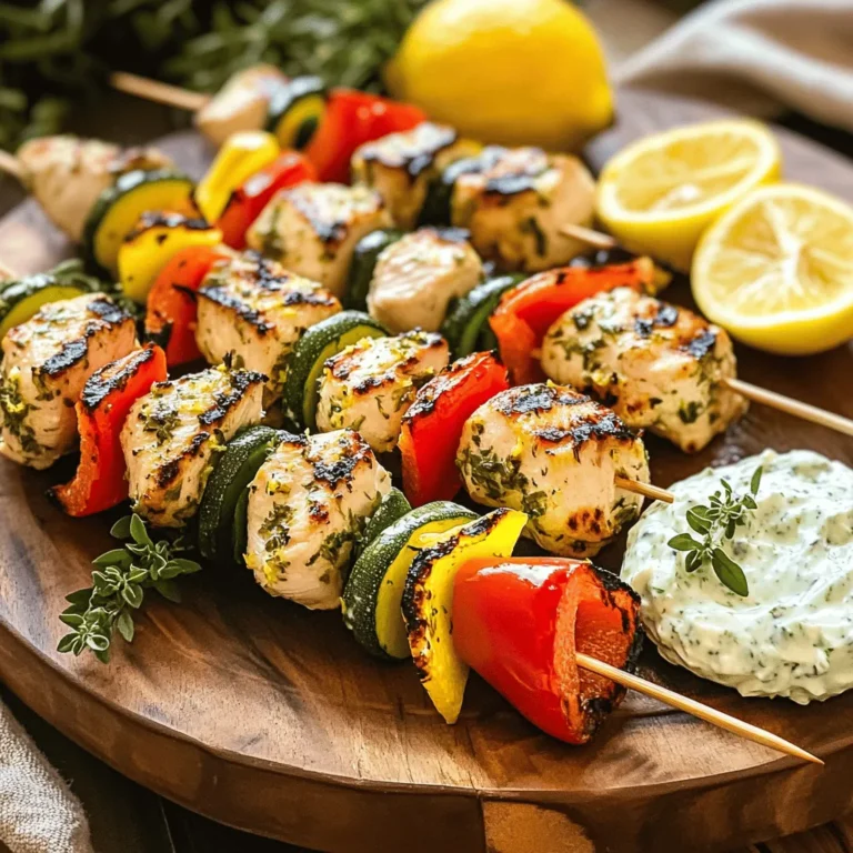 - 1 lb (450g) boneless, skinless chicken breast, cut into 1-inch cubes - 1/4 cup extra virgin olive oil - 3 tablespoons freshly squeezed lemon juice - 2 teaspoons lemon zest (from about 1 lemon) - 3 cloves garlic, minced - 1 tablespoon fresh oregano, finely chopped (or 1 teaspoon dried oregano) - 1 teaspoon dried thyme - Sea salt and freshly ground black pepper to taste - 1 red bell pepper, cut into 1-inch pieces - 1 medium zucchini, sliced into thick rounds - Wooden or metal skewers (if using wooden skewers, soak in water for 30 minutes prior to use) Using high-quality ingredients makes a big difference. Look for fresh chicken without any added hormones. Extra virgin olive oil gives the skewers a rich flavor. Fresh lemon juice and zest add brightness. Always choose fresh herbs when possible for the best taste. Fresh oregano and thyme create a nice herbal note. If you use dried herbs, adjust the amounts as they are stronger. Feel free to mix things up! You can add: - Cherry tomatoes for a sweet burst of flavor. - Red onion for a sharp bite. - Fresh parsley for extra color and taste. - Different veggies like mushrooms or bell peppers in various colors. Using the Full Recipe will ensure you get the perfect balance of flavors. Enjoy grilling! First, gather your ingredients. You need olive oil, lemon juice, lemon zest, garlic, oregano, thyme, salt, and pepper. In a large bowl, whisk them together. This mix creates a bright and zesty marinade. The olive oil keeps the chicken moist, while the lemon adds a fresh kick. The garlic and herbs bring depth to the flavor. You want a smooth blend. Now, cut your chicken into 1-inch cubes. Add them to the marinade. Stir gently to coat every piece. Cover the bowl with plastic wrap. Refrigerate for at least one hour. If you have time, let it sit for up to four hours. This step is key for great taste. The longer the chicken marinates, the more flavor it absorbs. While the chicken marinates, soak wooden skewers in water for 30 minutes. This helps prevent burning. Preheat your grill to medium-high heat. Once heated, it's time to assemble your skewers. Alternate chicken with red bell pepper and zucchini. Don’t pack them too tightly. This ensures even cooking. Now, place the skewers on the grill. Cook for 10-12 minutes, turning them often. You want nice grill marks and an internal temperature of 165°F (75°C). When done, let the skewers rest for a few minutes. This helps lock in the juices. Enjoy your juicy, flavorful Greek Lemon Chicken Skewers! Check out the Full Recipe for more details. To grill chicken skewers perfectly, start with even pieces. Cut your chicken into 1-inch cubes. This helps them cook evenly. Soak wooden skewers in water for 30 minutes. This step prevents burning. Preheat your grill to medium-high heat. A hot grill gives you nice grill marks. The key to great flavor is in marinating. Mix olive oil, lemon juice, and spices in a bowl. Let the chicken soak in this mix for at least 1 hour. If you can, let it sit for 4 hours. This deepens the flavor. Add garlic and herbs for a zesty kick. Always make sure the chicken is well-coated. After grilling, let the skewers rest for about 5 minutes. This allows the juices to settle. Cutting into them too soon can dry them out. Serve the skewers on a platter. Add lemon wedges and fresh herbs for a pop of color. For a tasty addition, serve with tzatziki sauce. This dip pairs well with the skewers. For the full recipe, check below! {{image_4}} You can swap chicken for other proteins. Here are some great options: - Pork: Use pork tenderloin cut into cubes. It cooks quickly and stays juicy. - Beef: Choose sirloin or flank steak for a hearty flavor. Cut it into bite-sized pieces. - Shrimp: Large shrimp is perfect for skewers. It cooks fast and takes on flavors well. - Fish: Try salmon or swordfish. These fish hold up nicely on the grill. Each protein brings a unique taste. Adjust cooking times as needed. You can make these skewers vegetarian or vegan easily. Here are some ideas: - Tofu: Firm tofu absorbs flavors well. Cut it into cubes and marinate before grilling. - Tempeh: This fermented soy product has a nutty flavor. It’s great when marinated and grilled. - Mushrooms: Use portobello or cremini mushrooms. They add a rich, meaty texture. - Vegetables: Bell peppers, zucchini, onion, and cherry tomatoes work beautifully. Mix and match your favorite vegetables for a colorful platter. While the lemon marinade is tasty, you can try other flavors too. Here are some options: - Herb Marinade: Use fresh herbs like basil, rosemary, or dill. They add fresh notes. - Spicy Marinade: Add red pepper flakes or hot sauce for a kick. Adjust to your spice level. - Asian Marinade: Try soy sauce, ginger, and sesame oil for an Asian twist. - BBQ Marinade: Use your favorite barbecue sauce. It brings a sweet, smoky flavor. Experiment with these flavors to keep your meals exciting. Each marinade can change the whole dish! For the complete recipe, check out the Full Recipe. After you enjoy your Greek lemon chicken skewers, store the leftovers right. First, let them cool down to room temperature. Then, place them in an airtight container. You can keep them in the fridge for up to three days. To keep the flavors fresh, avoid stacking them too tightly. This helps prevent sogginess. When you want to eat the skewers again, reheating matters. For the best taste, use the oven. Preheat it to 350°F (175°C). Place the skewers on a baking tray and cover them with foil. Heat them for about 10-15 minutes. This keeps the chicken moist and warm. You can also use a microwave, but it may dry out the chicken. If you do, heat them in short bursts to keep them juicy. You can freeze these skewers for later use. First, make sure they are completely cool. Wrap each skewer in plastic wrap. Then, place them in a freezer-safe bag or container. They can last up to three months in the freezer. To use them, thaw them in the fridge overnight. Then, reheat them as mentioned above. This way, you can enjoy these tasty skewers long after grilling! For the full recipe, check the recipe section. The best way to marinate chicken is to start with a mix of flavors. Use olive oil, lemon juice, garlic, and herbs. These ingredients add moisture and taste. Always cut the chicken into small cubes. This helps the marinade soak in better. Let the chicken sit in the marinade for at least one hour. For best results, marinate it for up to four hours. This extra time gives the chicken more flavor and makes it tender. Grill chicken skewers for about 10 to 12 minutes. It’s key to turn them often for even cooking. The chicken should reach an internal temperature of 165°F (75°C). Look for nice grill marks on the chicken. This shows it is cooked just right. If you notice the chicken is browning too fast, lower the heat. This keeps it juicy and prevents burning. Yes, you can use frozen chicken. Just make sure to thaw it first. Frozen chicken needs more time to cook, so be careful. Thaw the chicken in the fridge overnight for best results. Once thawed, you can follow the same marinating steps from the Full Recipe. This ensures that the chicken gets all the great flavors from the marinade. In this post, we covered how to make Greek lemon chicken skewers. We went over the right ingredients, measurements, and optional additions. You learned step-by-step how to prepare, marinate, and grill the chicken. I shared tips for perfect grilling and flavor. Also, I included variations for proteins and marinades. Proper storage and reheating tips were discussed, along with answers to common questions. Enjoy making these skewers, and don’t be afraid to get creative with flavors! Your next meal can be a tasty adventure.