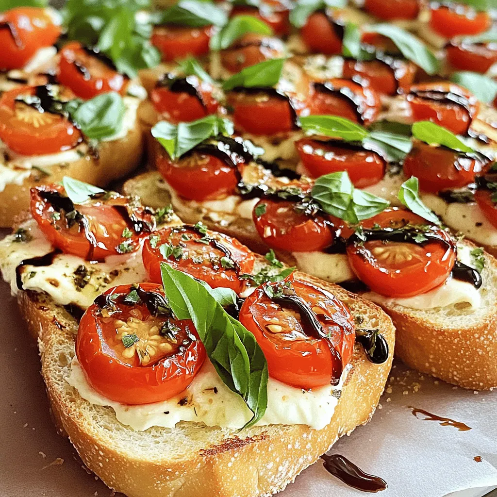 - 1 large French baguette or ciabatta loaf - 1/2 cup unsalted butter, softened - 4 cloves garlic, minced - 1 teaspoon dried oregano - 1 teaspoon dried basil - 1 cup fresh mozzarella cheese, sliced - 1 cup cherry tomatoes, halved - 1/4 cup fresh basil leaves, torn - 2 tablespoons balsamic glaze - Salt and pepper to taste - Crushed red pepper flakes for added heat - Additional herbs for variation - Baking sheet - Mixing bowl - Butter knife or spatula Gathering the right ingredients is key for making Caprese Garlic Bread. Start with a fresh baguette or ciabatta. The bread serves as a great base. You'll need butter for spreading. Fresh garlic brings a punch of flavor. Dried oregano and basil add warmth. Fresh mozzarella gives that creamy texture. Cherry tomatoes add color and sweetness. Finally, fresh basil and balsamic glaze finish it off. For those who like it spicy, consider using crushed red pepper flakes. You can also mix in other herbs to keep it fun. Make sure you have your tools ready. A baking sheet helps with even cooking. A mixing bowl allows you to blend your garlic spread well. A butter knife or spatula makes spreading easy. With these ingredients and tools, you're set to create a tasty treat. For the full recipe, check the previous section. - Preheat your oven to 400°F (200°C). - Prepare the garlic herb spread. To start, preheat your oven to 400°F (200°C). This step ensures your bread bakes evenly. Next, grab a mixing bowl. In it, combine 1/2 cup of softened unsalted butter, 4 minced garlic cloves, 1 teaspoon of dried oregano, and 1 teaspoon of dried basil. Mix these ingredients well with a fork or spatula until they blend into a smooth garlic herb spread. - Slice the baguette and spread the garlic herb mixture. - Layer mozzarella and cherry tomatoes. Now, take your large French baguette and slice it in half lengthwise. Place the halves cut-side up on a baking sheet. Use a butter knife to spread the garlic herb mixture evenly over both halves of the bread. Make sure to cover every part for great flavor. Next, layer 1 cup of fresh mozzarella cheese slices across the warm bread. Then, add 1 cup of halved cherry tomatoes on top for a burst of freshness. - First baking phase for golden edges. - Second baking phase until cheese melts. Slide the baking sheet into the preheated oven. Bake the garlic bread for about 10 minutes. You want the edges to turn golden brown. The smell will fill your kitchen! After that, take the bread out and layer it with mozzarella and tomatoes. Return it to the oven for another 5 to 7 minutes. Watch closely until the cheese melts and bubbles. This creates a delicious topping. For the full recipe, you can refer back to the beginning. Enjoy this delightful and flavorful treat! To make the best garlic herb spread, balance the flavors. Use equal parts garlic and herbs. Mix well until smooth. Store any leftover spread in an airtight container. Keep it in the fridge for up to one week. For crispy edges and a soft inside, try these tips. Bake at 400°F (200°C) for the first phase. Then, add toppings and bake again. This helps the cheese melt perfectly. To avoid soggy bread, do not overload it with toppings. Present your Caprese garlic bread on a nice platter. Cut it into even slices for easy sharing. Garnish with extra basil leaves for a pop of color. Serve with a small bowl of balsamic glaze for dipping. Pair this dish with a fresh salad for a full meal. For more ideas, check out the Full Recipe. {{image_4}} You can switch up the bread for a new taste. Try using sourdough or whole-grain bread. These options give great flavors and textures. You can also use gluten-free bread if you need it. This helps everyone enjoy the dish. For cheese, fresh mozzarella is classic. But if you want a twist, try goat cheese or feta. These cheeses add a unique taste. They work well with the garlic and tomatoes too. To make it even tastier, add pesto. Spread a thin layer on the bread before the garlic mix. This adds a rich and herby flavor. You can also toss in some olives or roasted peppers. They bring a salty kick and extra color. If you're looking for gluten-free options, use gluten-free bread. It keeps the dish safe for those with gluten issues. For those who prefer vegan meals, skip the cheese. Instead, sprinkle nutritional yeast on top. This gives a cheesy taste without using dairy. These variations let you customize your Caprese garlic bread. Explore different flavors and ingredients. Enjoy this delightful treat in many ways! Check out the Full Recipe for more details. To keep your Caprese garlic bread fresh, wrap it in foil. This helps keep the bread soft. You can also store it in an airtight container. The bread lasts about 3-4 days in the fridge. After a few days, the taste may change. So, enjoy it while it's fresh! Reheat your garlic bread in the oven for best results. Set your oven to 350°F (175°C). Place the bread on a baking sheet and heat for about 10 minutes. This warms the bread and keeps it crispy. Avoid using the microwave, as it can make the bread soggy. You want to bring back that perfect crunch! Yes, you can freeze Caprese garlic bread! Wrap it tightly in plastic wrap, then foil. This helps prevent freezer burn. When you're ready to eat, thaw it in the fridge overnight. To reheat, bake it at 350°F (175°C) for about 15-20 minutes. This keeps the flavors and textures just right. Enjoy this treat whenever you want! For more details, check out the [Full Recipe]. Making Caprese Garlic Bread takes about 25 minutes. You spend around 10 minutes prepping the ingredients. Baking the bread takes another 15 minutes. Yes, you can prepare the garlic herb spread in advance. Store it in the fridge for up to three days. You can also slice the bread ahead of time. Just keep it wrapped to prevent it from drying out. Yes, Caprese Garlic Bread is a vegetarian dish. It uses no meat or fish. The main ingredients are bread, cheese, and vegetables, making it a great option for vegetarians. Caprese Garlic Bread pairs well with salads and soups. Consider serving it with a fresh garden salad or a warm tomato soup. You can also enjoy it with a glass of wine for a special touch. Caprese Garlic Bread brings fresh flavors and simple steps together. You need just a few ingredients like bread, garlic, and cheese. Preparing this dish is easy, and you can customize it to fit your taste. Remember to store leftovers and reheat them well for later. This recipe is not just tasty; it’s also fun to make and share. Enjoy creating this delightful treat that adds joy to any meal. Cooking should be easy and satisfying, so dive in and enjoy every bite!