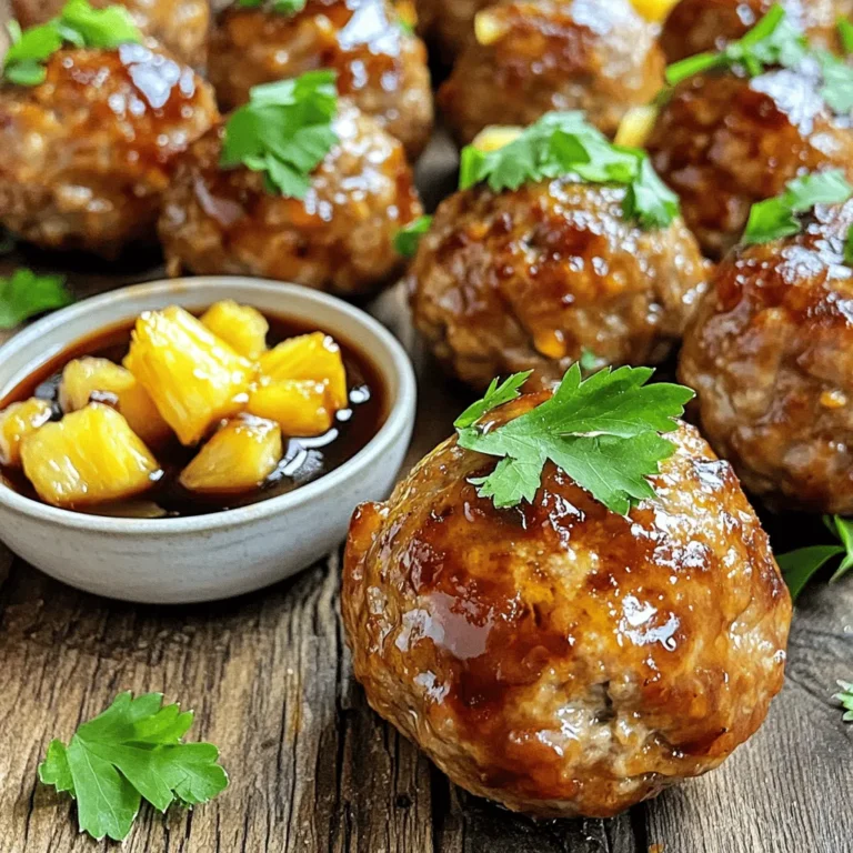 To make tasty pineapple teriyaki meatballs, you'll need a few key ingredients: - 1 pound ground chicken or turkey - 1/2 cup breadcrumbs - 1/4 cup finely chopped green onions - 1/4 cup crushed pineapple (with its juices) - 1 large egg - 2 cloves garlic, minced - 1/4 teaspoon ground ginger - 1/4 cup teriyaki sauce (plus additional for serving) - 1 tablespoon sesame oil - Salt and freshly ground black pepper to taste - Fresh parsley or cilantro, finely chopped, for garnish Each ingredient serves a purpose. The ground chicken or turkey gives the meatballs their base flavor and texture. The breadcrumbs keep them moist and hold them together. Green onions add a nice crunch and a mild onion flavor. Crushed pineapple adds sweetness and moisture, making the meatballs juicy. The egg acts as a binder. Garlic and ginger add depth to the flavor. Teriyaki sauce brings that sweet and salty kick, while sesame oil adds a nutty aroma. Don’t forget to season with salt and pepper to taste. For a lovely touch, you can garnish your meatballs with fresh parsley or cilantro. These herbs brighten the dish and add color. You can also serve with extra teriyaki sauce on the side for dipping. This enhances the flavor and makes each bite even better. If you like a bit of heat, consider adding chili flakes or sliced green chili on top. Start by preheating your oven to 400°F (200°C). This step is key for even cooking. While it heats, line a baking sheet with parchment paper. The paper stops the meatballs from sticking. Grab a big mixing bowl. Add the ground chicken or turkey to it. Then, toss in the breadcrumbs, chopped green onions, and crushed pineapple with its juices. Crack in a large egg, then add minced garlic, ground ginger, and teriyaki sauce. Now, sprinkle in some salt and freshly ground black pepper. Mix everything well with your hands until you have a solid blend. Take portions of the mixture and shape them into meatballs. Aim for each one to be about 1 to 1.5 inches wide. Place them evenly on the baking sheet. Once you have them all shaped, pop the baking sheet into the oven. Bake for about 20 to 25 minutes. A good tip is to check if they reach an internal temperature of 165°F (75°C) to ensure they are safe to eat. After baking, carefully take the meatballs out of the oven. Drizzle some extra teriyaki sauce over each meatball. Return them to the oven for another 5 minutes. This lets the sauce caramelize and adds a tasty sticky finish. Once done, let them cool for a minute before serving. Garnish with fresh parsley or cilantro. Add a small bowl of teriyaki sauce on the side for dipping. Enjoy your Pineapple Teriyaki Meatballs! For the complete recipe, check out the Full Recipe section. To get meatballs just right, focus on moisture. The crushed pineapple adds juiciness. Use fresh ground meat for the best flavor. Mix gently to avoid tough meatballs. If they’re too dense, try adding more breadcrumbs. This keeps them light and fluffy. For added flavor, consider using fresh herbs. Chopped cilantro or parsley brings brightness. You can also add a pinch of red pepper flakes for heat. This balances the sweetness of the teriyaki sauce. Experimenting with garlic powder or onion powder can elevate the taste. Try different brands of teriyaki sauce for unique flavors. Each brand has its own twist. One big mistake is overmixing the meatball mixture. This makes them chewy, not tender. Another pitfall is not checking the meatball temperature. Always use a meat thermometer to ensure they reach 165°F (75°C). Don’t skip the extra glaze at the end. It adds a lovely finish. Lastly, avoid overcrowding the baking sheet. This helps them brown evenly. For more details, check the Full Recipe. {{image_4}} You can swap ground chicken or turkey for other meats. Try ground beef or pork for a richer taste. If you want a leaner option, go for ground turkey breast. Each choice brings a unique flavor. Just remember to adjust cooking times if needed. If you want a meat-free option, use plant-based ground meat. Many brands offer tasty substitutes. You can also make meatballs from cooked lentils or chickpeas. Just mash them up and mix with breadcrumbs and spices. These options pack a punch in flavor. They fit perfectly in this recipe. To change the teriyaki sauce, you can add different flavors. Try adding sesame seeds for crunch. A splash of pineapple juice can boost the sweetness. For a spicy kick, mix in some sriracha or chili sauce. Experimenting with these twists can create a new favorite dish. Don't forget to drizzle extra sauce when serving. Check out the Full Recipe for more ideas. To store your leftover meatballs, let them cool first. Then, place them in an airtight container. You can keep them in the fridge for up to three days. Make sure to label the container with the date. This helps you know how fresh they are. If you want to keep them longer, freezing is a great option. To freeze meatballs, follow these steps. First, let them cool completely. Next, lay them out on a baking sheet in a single layer. Freeze them for about two hours. Once they are firm, transfer the meatballs to a freezer-safe bag. Remove as much air as possible before sealing. You can store them in the freezer for up to three months. When you are ready to eat them, defrost them in the fridge overnight. To reheat your meatballs, there are a few simple ways. You can use a microwave, oven, or stovetop. If using a microwave, place the meatballs on a plate. Cover them with a damp paper towel and heat for one to two minutes. For the oven, preheat it to 350°F (175°C). Place the meatballs on a baking sheet and heat for about 10-15 minutes. If using the stovetop, heat a little oil in a pan. Add the meatballs and cook on medium heat until warm. You can also add a splash of teriyaki sauce to enhance the flavor. Enjoy your tasty leftovers! You can serve these meatballs with rice or noodles. They also pair well with steamed veggies or salad. Add some pineapple slices for extra flavor. You can even serve them as appetizers with toothpicks! Yes, you can make the meatballs ahead of time. Prepare them and store them in the fridge for up to 24 hours. You can also freeze them for longer storage. Just thaw before baking and follow the cooking instructions. Check the meatballs for a nice golden brown color. The best way is to use a meat thermometer. They should reach 165°F (75°C) inside. If you don’t have a thermometer, cut one open to check if it's no longer pink. Some great side dishes include fried rice, steamed broccoli, or a fresh garden salad. You might also enjoy sesame noodles or stir-fried veggies. These sides add color and balance to your meal. For gluten-free needs, use gluten-free breadcrumbs. If you need a lower-fat option, try lean ground turkey. For a vegetarian version, use plant-based ground meat. Adjust the teriyaki sauce for low-sodium options if needed. You can find the full recipe for more specific details. Pineapple teriyaki meatballs are a delicious dish you can easily make at home. We covered key ingredients, step-by-step instructions, and useful tips for the best results. You can try different proteins or even make them vegan. Store leftovers properly for tasty meals later. These meatballs pair well with many sides, making them perfect for any occasion. Enjoy the sweet and savory flavors as you share this recipe with friends and family. Cooking should be fun, so get creative and make it your own!