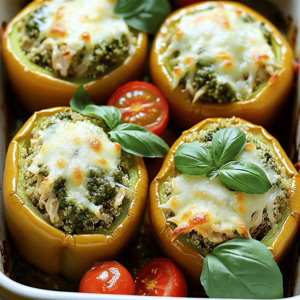 Here are the tasty ingredients you will need for Pesto Chicken Stuffed Peppers: - 4 medium bell peppers (any vibrant color) - 2 cups cooked chicken, shredded - 1/2 cup pesto sauce (store-bought or homemade) - 1 cup cooked quinoa or rice - 1/2 cup cherry tomatoes, halved - 1 cup shredded mozzarella cheese - 1/4 cup grated Parmesan cheese - 1 tablespoon olive oil - Salt and freshly ground black pepper - Fresh basil leaves for garnish These ingredients work well together. The bell peppers give color and crunch. The chicken adds protein and heartiness. Pesto sauce brings a rich flavor that ties everything together. Quinoa or rice adds a nice base, while tomatoes offer freshness. The mozzarella and Parmesan cheeses create a melty, savory topping. Using fresh ingredients makes a big difference in taste. Choose bright, firm peppers. If you can, use homemade pesto for a personal touch. It’s easy to make and adds a special flavor. For the best results, gather all your ingredients before you begin. This way, you can work smoothly and enjoy the process. For the full recipe, refer to the details above. - Preheat the oven to 375°F (190°C). - Slice the tops off the bell peppers and remove the seeds. - In a large bowl, combine shredded chicken, pesto, quinoa (or rice), and tomatoes. - Season with salt and pepper before mixing well. - Fill each pepper with the chicken mixture, pressing gently to pack it in. - Top with mozzarella and Parmesan cheese for that gooey, cheesy finish. - Bake covered for 25 minutes, then uncover and bake for an additional 10 minutes. This method ensures the peppers cook evenly and the flavors blend well. The cheese will melt beautifully, creating a tasty topping. Following these steps will lead you to a delicious dish that impresses everyone at the table. For the full recipe, check out the linked instructions. To cook chicken for shredding, use boneless chicken breasts. Place them in a pot with water and a pinch of salt. Bring to a boil, then reduce heat. Let it simmer for about 15-20 minutes. Once cooked, use two forks to shred the chicken. This method keeps the chicken tender and perfect for mixing with pesto. If you want to switch up the grains, try using farro or barley instead of quinoa or rice. Both grains add a nice texture and flavor to the stuffed peppers. You can also use couscous for a lighter option. Cook them according to package instructions before adding them to the chicken mixture. When serving stuffed peppers, pair them with a fresh side salad. A simple mix of greens, cucumber, and a lemon vinaigrette works great. You can also serve them with roasted vegetables for a colorful plate. For a stunning presentation, arrange the stuffed peppers on a bright platter. Drizzle some extra pesto around the peppers for flair. A few sprigs of fresh basil on top will make the dish pop with color. {{image_4}} You can easily adapt this dish for different diets. For a vegetarian option, replace the chicken with lentils or beans. Both options give you protein and a rich texture. If you choose lentils, cook them until soft. For beans, canned varieties work well; just rinse and drain before adding. If you need a gluten-free meal, make sure your pesto is gluten-free. Most store-bought pestos are safe, but always check the label. You can also use rice or quinoa, which are naturally gluten-free, as your base. You can customize flavors with spices or herbs. Try adding garlic powder or red pepper flakes for heat. Fresh herbs like thyme or oregano add a nice touch too. Mix these into your chicken and pesto filling for a burst of flavor. Experiment with different cheese types to change the taste. Cheddar or feta can give a unique twist. Each cheese melts differently, so feel free to explore until you find your favorite. To see the full recipe, check out the [Full Recipe]. Store your leftovers in airtight containers. Glass or plastic containers work great. Make sure to let the stuffed peppers cool to room temperature before sealing them. This helps keep them fresh. Place the containers in the fridge. They will stay good for about 3 to 4 days. If you want to keep them longer, consider freezing them. Just wrap each pepper tightly in plastic wrap before placing them in a freezer bag. To reheat your stuffed peppers, you have a few options. You can use the oven, microwave, or air fryer. If you choose the oven, preheat it to 350°F (175°C). Place the peppers in an oven-safe dish, cover with foil, and heat for about 20 minutes. This method keeps the texture intact. If you're short on time, the microwave works well. Just place a stuffed pepper on a microwave-safe plate. Heat it on high for 2 to 3 minutes, checking to make sure it’s hot throughout. For a crispy top, the air fryer is perfect. Preheat it to 350°F (175°C) and cook the peppers for about 5 to 7 minutes. This keeps the cheese nice and bubbly. Always check the temperature before eating. Enjoy your meal! Can I make Pesto Chicken Stuffed Peppers ahead of time? Yes, you can prepare the stuffed peppers a day before. Just fill them and store them in the fridge. When you're ready to cook, bake them straight from the fridge. How long do leftovers last in the fridge? Leftovers can stay fresh for about three to four days. Store them in an airtight container to keep them tasty. Can I freeze stuffed peppers? If so, how? Yes, you can freeze stuffed peppers. Wrap each pepper in plastic wrap and place them in a freezer bag. They can last for up to three months. What can I substitute for pesto if I don’t have it? If you don't have pesto, try using a mix of olive oil, garlic, and fresh herbs. You can also use a store-bought sauce like marinara. Are there any low-carb alternatives for this recipe? Yes, you can use cauliflower rice instead of quinoa or regular rice. This keeps the meal low in carbs while still packed with flavor. For the full recipe, check out the details provided earlier. This blog post detailed a tasty recipe for Pesto Chicken Stuffed Peppers. We covered the ingredients you need, like chicken, quinoa, and vibrant bell peppers. You learned how to mix, stuff, and bake your peppers to perfection. Try different flavors with my tips for variations and storage. These easy stuffed peppers make a fun meal to enjoy and share. The recipe is flexible, so you can make it your own and suit your taste. Enjoy cooking and tasting your creation!