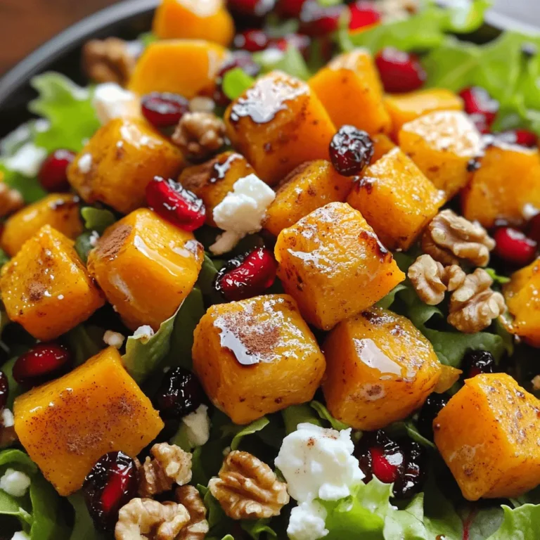 For this dish, you need fresh, simple ingredients. Here’s what you will use: - 1 medium butternut squash, peeled and cut into 1-inch cubes - 4 cups mixed leafy greens (like arugula, baby spinach, or kale) - 1/2 cup pomegranate arils (seeds) - 1/2 cup crumbled feta cheese - 1/4 cup walnuts, toasted and roughly chopped - 1/4 cup dried cranberries These ingredients make the salad colorful and healthy. The squash adds sweetness, while the greens provide a fresh base. To make the flavors pop, you will need some seasoning and dressing: - 2 tablespoons extra virgin olive oil - 1 teaspoon ground cinnamon - Sea salt and freshly cracked black pepper to taste - 2 tablespoons balsamic glaze for drizzling The olive oil helps roast the squash well. Cinnamon adds warmth, and the balsamic glaze gives a tangy finish. If you want to customize your salad, here are some tasty add-ins: - Sliced apples or pears for sweetness - Goat cheese instead of feta for a tangy twist - Pumpkin seeds for extra crunch - Fresh herbs like parsley or mint for brightness Feel free to mix and match these options. They can add new flavors and make your salad unique. For the complete recipe, check the [Full Recipe]. Start by peeling the butternut squash. Use a sharp peeler for this task. Cut the squash into 1-inch cubes. This size helps it cook evenly. Place the cubes in a large mixing bowl. Add 2 tablespoons of extra virgin olive oil. Sprinkle in 1 teaspoon of ground cinnamon, sea salt, and cracked black pepper. Toss everything well. Make sure each piece is coated. Preheat your oven to 400°F (200°C). Line a baking sheet with parchment paper. Spread the seasoned squash in a single layer. Avoid overcrowding, as this leads to steaming instead of roasting. Roast in the oven for 25-30 minutes. Halfway through, stir the squash gently. This step helps it brown nicely. When done, the squash should be fork-tender and golden. While the squash roasts, prepare your salad base. Take a large serving bowl and add 4 cups of mixed leafy greens. These can be arugula, baby spinach, or kale. Once the squash cools for about 5 minutes, add it to the greens. Next, sprinkle 1/2 cup of pomegranate arils, 1/2 cup of crumbled feta, 1/4 cup of toasted walnuts, and 1/4 cup of dried cranberries on top. Just before serving, drizzle 2 tablespoons of balsamic glaze over the salad. This adds a sweet and tangy touch. Serve the salad right away for the best taste. Enjoy the mix of flavors! For more details, check the Full Recipe. Roasting butternut squash is easy if you follow some simple steps. - First, always peel the squash and cut it into 1-inch cubes. This makes it cook evenly. - Use extra virgin olive oil to coat the squash. It helps with flavor and prevents sticking. - Season with ground cinnamon, sea salt, and freshly cracked black pepper. This brings out the natural sweetness. - Spread the cubes in a single layer on a baking sheet. This allows for even roasting. - Stir the squash halfway through roasting. This promotes caramelization and adds depth to the flavor. Aim for a fork-tender texture with a slight golden hue for the best results. Making your salad look good is fun and easy. - Serve the salad in individual bowls for a nice touch. - Drizzle extra balsamic glaze on top for shine and flavor. - Garnish with more pomegranate seeds. These add color and a burst of freshness. - Use a large, shallow bowl to show off the vibrant colors of the ingredients. This makes your dish more appealing and invites everyone to dig in. Add layers of flavor to your salad with a few simple enhancements. - Try adding roasted garlic for depth. It brings a rich, sweet taste. - Use a mix of leafy greens like arugula, spinach, or kale. This adds texture and nutrition. - Consider adding nuts like pecans or almonds for crunch. They also add healthy fats. - A squeeze of fresh lemon juice can brighten the flavors. It balances the sweetness of the squash. For the full experience, check the Full Recipe to explore all these enhancements! {{image_4}} You can easily make this salad vegetarian or vegan. To keep it vegetarian, simply use feta cheese, which adds rich flavor. If you want a vegan option, skip the feta or use a plant-based cheese. You can also toss in some chickpeas for protein. They add a nice texture and boost the nutrition. Seasonal changes bring new flavors. In winter, swap butternut squash with roasted sweet potatoes. In spring, try asparagus or snap peas for a fresh crunch. You can also change the greens. Use spring mix or baby kale instead of mixed leafy greens. This keeps your salad exciting all year round. This salad pairs well with many dishes. Serve it with grilled chicken or fish for a hearty meal. It also goes great with a warm soup, like tomato basil. For a light option, enjoy it with a crusty bread. Each choice adds to the joy of eating this vibrant salad. To keep your Harvest Roasted Butternut Squash Salad fresh, store leftovers in an airtight container. Place it in the fridge. Try to eat it within three days for the best taste. If you separate the dressing, it will help keep the greens crisp. Reheat the roasted squash in the oven for the best flavor. Set the oven to 350°F (175°C). Place the squash on a baking tray and warm it for about 10 minutes. You can also use a microwave. Just heat it in short bursts, stirring in between. - Butternut Squash: Cooked, it lasts about 3-5 days in the fridge. - Mixed Leafy Greens: Fresh greens last about 3-7 days. - Pomegranate Arils: Store them in the fridge for 5-7 days. - Feta Cheese: It can last up to a week after opening. - Walnuts: Toasted walnuts stay good for 1-2 weeks. - Dried Cranberries: They can last for several months if sealed well. Using fresh ingredients ensures a tasty salad every time you enjoy it. For the Full Recipe, check the earlier sections. You can use goat cheese, ricotta, or even a dairy-free cheese. Goat cheese gives a tangy taste. Ricotta offers a creamy texture. A dairy-free cheese can work for vegans too. Each option adds a unique flavor to the salad. Yes, you can prepare parts of the salad ahead. Roast the butternut squash and store it in the fridge. You can mix the greens and toppings in a bowl. Just add the squash and dressing before serving. This keeps the salad fresh and crunchy. Look for squash that is firm and heavy for its size. The skin should be a deep tan color. Avoid any squash with soft spots or blemishes. A good squash should feel smooth and have a sturdy stem. This ensures it is ripe and ready for roasting. - Other common questions related to preparation and serving include: - What is the best way to roast butternut squash? - Can I use frozen butternut squash for this salad? - How can I add more protein to this dish? - What dressing pairs well with this salad? - How do I store leftovers? For the full recipe, check out the details above. Harvest roasted butternut squash salad is a tasty blend of fresh ingredients. We discussed the must-have components, cooking tips, and how to make it shine. Experimenting with different flavors and seasonings can enhance your dish. Remember, you can customize it as vegetarian or vegan, and it stores well for later. I hope these tips help you create a delicious salad. Enjoy every bite of this healthy, vibrant meal!