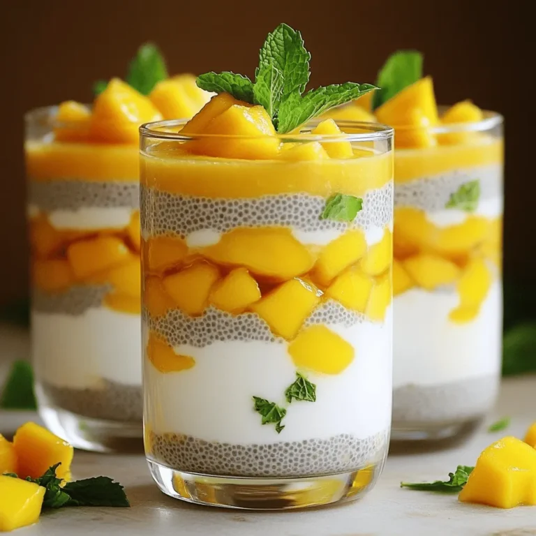 - 1 cup full-fat coconut milk - 1/2 cup unsweetened almond milk - 1/4 cup chia seeds - 2 tablespoons pure maple syrup (or honey) - 1 teaspoon pure vanilla extract - 1 ripe mango, peeled and diced - Fresh mint leaves for garnish (optional) Coconut mango chia pudding is packed with simple, wholesome ingredients. The main players are coconut milk and almond milk. These creamy bases blend well and give a rich texture. Chia seeds help thicken the pudding. They also add fiber and omega-3s, making this treat healthy. The ripe mango gives a sweet, fruity flavor and bright color. This recipe serves four and has about 200 calories per serving. The macronutrient breakdown is roughly: - Protein: 4g - Fat: 12g - Carbs: 24g Chia seeds are tiny powerhouses. They provide protein and fiber, which aid digestion. Mangoes bring vitamins A and C, boosting your immune system. This pudding offers a tasty way to enjoy healthy ingredients. You can switch the almond milk for oat milk or soy milk if you prefer. These options work well and keep the pudding creamy. If you want a different sweetener, try agave syrup or stevia. Each will give the pudding a unique twist while keeping it delicious. To see the full recipe, check out the Full Recipe section. Enjoy making this easy and tasty Coconut Mango Chia Pudding! To make Coconut Mango Chia Pudding, you start by mixing the base ingredients. In a medium bowl, combine: - 1 cup full-fat coconut milk - 1/2 cup unsweetened almond milk - 1/4 cup chia seeds - 2 tablespoons pure maple syrup (or honey) - 1 teaspoon pure vanilla extract Use a whisk to mix everything well. It should be smooth and creamy. Next, you need to chill the mixture. Transfer it to an airtight container and place it in the fridge. Let it chill for at least 4 hours or overnight. This allows the chia seeds to soak up the liquid and swell. After chilling, it's time to layer your pudding and mango. Take clear serving glasses or bowls. Spoon a layer of the chia pudding at the bottom. Then, add a layer of diced mango. Repeat this until you fill the glasses. Finish with a layer of mango on top. For presentation, use clear glassware. This shows off the beautiful layers of pudding and mango. For a classy touch, drizzle a bit more coconut milk on top before serving. Now, let’s add some garnishes. Place a few extra mango pieces on top. Add fresh mint leaves to each glass. The mint adds color and a nice aroma. You can serve the pudding right away. If you like, chill it a bit longer before enjoying this tasty treat. To make great coconut mango chia pudding, soaking the chia seeds is key. Chia seeds need time to absorb liquid and expand. This process turns them into that lovely pudding texture. Always remember to mix them well in the liquid. It helps avoid clumps in your pudding. After chilling, gently stir the pudding to break up any clumps. This gives you a smooth and creamy treat. Chia pudding is super versatile. You can enjoy it on its own or pair it with fruits. Sliced bananas or berries work great. You could also add nuts or granola for a crunchy touch. For a full meal, serve the chia pudding alongside yogurt or oatmeal. This way, you can have a balanced breakfast or snack. Presentation can make your chia pudding stand out. Use clear glassware to show off the layers. It makes the dish look beautiful and inviting. You can also add more fruits or toppings. Try adding a layer of sliced kiwi or berries for color. Drizzle some coconut milk on top right before serving for extra flair. This not only adds flavor but also makes it look stunning. {{image_4}} You can make your Coconut Mango Chia Pudding even better. Try adding cocoa powder for a chocolate twist. Just two tablespoons will change the flavor completely. If you want to keep it fruity, use different toppings. Some great options are berries, kiwi, or pineapple. Each fruit will add its unique taste and color. This recipe is vegan and gluten-free. You can easily adapt it to fit your diet. If you want more protein, consider adding protein powder. A scoop can give you a boost while keeping the pudding creamy. Just mix the powder in well with the other ingredients. You can change the ingredients based on the season. In summer, use fresh peaches or berries. In fall, try apples or pears. Each season brings new flavors to enjoy. Pairing seasonal fruits with chia pudding keeps it interesting. You get to taste the best of what each season offers. Check out the Full Recipe for more ideas on how to mix it up! To keep your Coconut Mango Chia Pudding fresh, store it in an airtight container. Make sure the lid is sealed tightly. Place it in the fridge right after making it. This helps maintain its creamy texture and prevents it from absorbing other odors. It will last for about five days in the refrigerator. Can you freeze Coconut Mango Chia Pudding? Yes, you can freeze it! Just remember to use a freezer-safe container. Leave some space in the container because the pudding will expand as it freezes. When you're ready to eat it, thaw it in the fridge overnight. What can you do with leftover pudding? There are many fun ways to use it. Try blending it into smoothies for a tasty drink. You can also layer it into breakfast bowls with granola and fruits. This adds flavor and fun to your meals! You can serve Coconut Mango Chia Pudding in many fun ways. I love using clear glasses. This shows off the pretty layers of chia pudding and mango. You can also use bowls if you prefer. To add flair, sprinkle some mint leaves on top. They add a nice color and smell. If you want, drizzle a little coconut milk on top for extra creaminess. Each serving can be a small dessert or a healthy snack. Enjoy it after a meal or as a tasty breakfast! Chia pudding needs time to set properly. It usually takes at least four hours in the fridge. I often let it sit overnight for the best texture. The chia seeds soak up the liquids slowly. This makes the pudding thick and creamy. If you want to enjoy it sooner, four hours is the minimum. Just remember, the longer you chill it, the better the pudding will be! Yes, you can use sweetened coconut milk if you like. It will make the pudding sweeter. This change might alter the flavor a bit, but it can be really tasty! Just keep in mind that the pudding may not need as much maple syrup. You can taste it as you mix and adjust the sweetness. Sweetened coconut milk can add a fun twist to your Coconut Mango Chia Pudding. This blog post covered how to make delicious Coconut Mango Chia Pudding. We started with the main ingredients and their benefits. I shared tips for ingredient swaps, so you can tailor it to your taste. In step-by-step instructions, I explained preparation, layering, and garnishing. I provided advice on achieving the right texture and ideas for serving. Remember, you can get creative with flavors and seasonal fruits. This pudding is not only tasty but also an excellent healthy choice. Enjoy making it your own!
