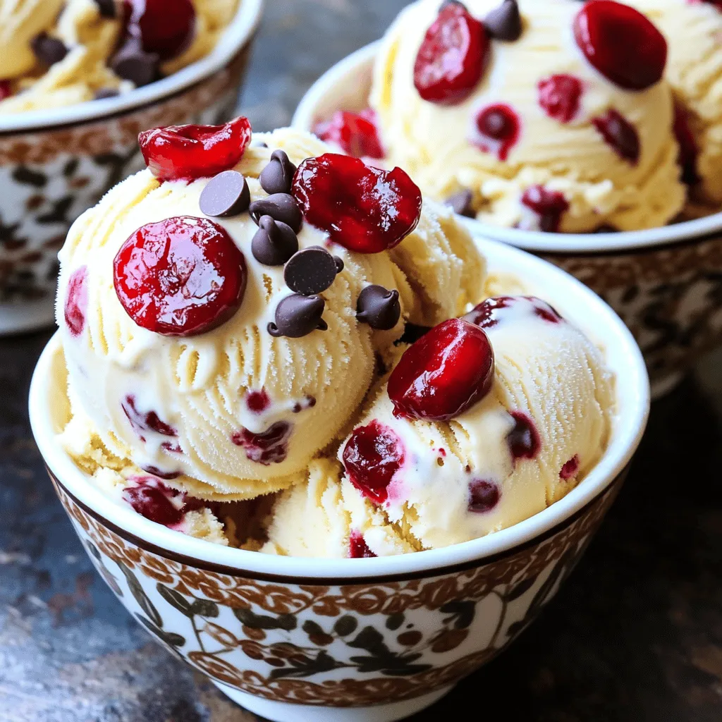 - 2 cups heavy cream - 1 cup whole milk - 3/4 cup granulated sugar - 1 teaspoon pure vanilla extract - 1/2 teaspoon almond extract - 1 cup cherry pie filling or 1 cup fresh cherries, pitted and halved - 1/2 cup dark chocolate chips To make Cherry Garcia ice cream, you need a few simple items. Heavy cream gives it a rich base. Whole milk adds creaminess, while granulated sugar sweetens it just right. The vanilla and almond extracts bring out the flavors. Cherries add a fruity burst, and dark chocolate chips make it extra special. - Dairy-free alternatives - Low-sugar options - Flavor variations You can play with the recipe! For a dairy-free version, use coconut cream instead of heavy cream. There are low-sugar options too, like using a sugar substitute. Want a twist? Try adding different fruits like strawberries or blueberries. Each change brings new fun to your Cherry Garcia ice cream adventure! Start by mixing the cream, milk, and sugar in a large bowl. Use a whisk to blend these ingredients well. Mix until the sugar dissolves completely, which takes about 2-3 minutes. You want a smooth, creamy base. Next, add the pure vanilla and almond extract to the mix. Stir until both extracts blend in fully. You can choose between cherry pie filling or fresh cherries for this recipe. If you use fresh cherries, pit and halve them first. Gently fold them into the cream mixture. If you want to use cherry pie filling, add it carefully. This way, you keep some chunks for texture. Now, it’s time to add the dark chocolate chips. Sprinkle them in and fold them evenly into the mixture. This ensures you get a burst of flavor in every scoop. Pour your cherry-infused cream mixture into your ice cream maker. Churn according to the instructions. This usually takes about 20-25 minutes. You want a soft, creamy texture. After churning, transfer the ice cream to an airtight container. Smooth the top and seal it tightly. Place the container in the freezer for at least 4 hours. This allows the ice cream to firm up, making it easy to scoop. To get the best texture, focus on churning time. Churn your ice cream for about 20-25 minutes. This helps it become fluffy and smooth. If you churn too little, it might be icy. If you churn too long, it could turn into butter. Next, monitor the freezing process. After churning, transfer the ice cream to a container. Freeze it for at least 4 hours. This allows it to firm up and become scoopable. Want more cherry or chocolate flavor? Add an extra half cup of cherry pie filling. You can also increase the dark chocolate chips to 3/4 cup. Both options make your ice cream richer. For fun, try adding mix-ins. Crushed nuts, cookie bits, or even a swirl of caramel can change the game. Mix in these extras just before you stop the churn. For a lovely presentation, serve your Cherry Garcia ice cream in colorful bowls. Top it with more cherries and a sprinkle of chocolate chips. A mint leaf adds a nice touch too. For a treat, pair your ice cream with a slice of pie or a warm brownie. It creates a great contrast of warm and cold. Enjoy your homemade delight! {{image_4}} You can make a vegan Cherry Garcia ice cream. Start with coconut cream or almond milk. These options give a rich base. Use maple syrup instead of sugar. This keeps it sweet and tasty. For a gluten-free version, check your chocolate chips. Some brands add gluten. Use certified gluten-free varieties. This way, everyone can enjoy your treat! You can change up the fruits in this recipe. Try strawberries or raspberries for a summer twist. Mix in some mint for a refreshing flavor. For the holidays, think about adding spices. A hint of cinnamon or nutmeg makes it special. You can also use festive colors with red fruits or green mint. It adds a fun touch for parties! To keep your Cherry Garcia ice cream fresh, follow these steps: - Airtight Containers: Use containers that seal tightly. This prevents ice crystals and keeps the flavor fresh. - Freezing: Freeze the ice cream as soon as you make it. The longer it sits out, the more air gets in, which can change texture. - Layer with Plastic Wrap: For extra protection, place plastic wrap on the surface before sealing the lid. This helps keep moisture out. How long does Cherry Garcia ice cream last in the freezer? - Freezer Duration: Generally, it lasts about 2-3 weeks in the freezer. After that, it may lose flavor and texture. What should you look for when checking for quality? - Ice Crystals: If you see big ice crystals, the texture may be off. - Off Smells: If it smells funny or sour, it’s best to toss it. - Color Changes: Any dark spots or unusual colors can mean spoilage. By following these tips, you can enjoy your homemade Cherry Garcia ice cream at its best, straight from the freezer! You can make Cherry Garcia ice cream by hand. First, mix your cream, milk, and sugar. Then, whisk until smooth. Pour the mix into a shallow dish. Freeze it for about 45 minutes. Stir it every 30 minutes. This helps break up ice crystals. Repeat this until it is creamy. If you need a heavy cream substitute, try coconut cream. This adds a rich flavor. You can also use cashew cream for a nutty taste. Soy or almond milk works too, but it will change the texture. Each option will impact the final taste, so choose based on your preference. Yes, frozen cherries work well! Thaw them before use. Mash them slightly to release juice. This adds flavor to your ice cream. Mix them in gently. This keeps some cherry pieces intact for bites of fruit in your ice cream. If your ice cream is icy, it may need more fat. Try adding more cream next time. You can also ensure it churns long enough. The more air you whip in, the creamier it gets. Store it in a proper container to avoid freezer burn. Making your own Cherry Garcia ice cream is simple and fun. This blog post covered key ingredients, step-by-step instructions, and tips for perfect texture. We explored variations for different diets and offered storage advice to keep it fresh. Overall, this recipe allows you to enjoy a classic treat tailored to your taste. With a few easy changes, you can make it your own. Dive into this delicious treat, and enjoy every scoop!