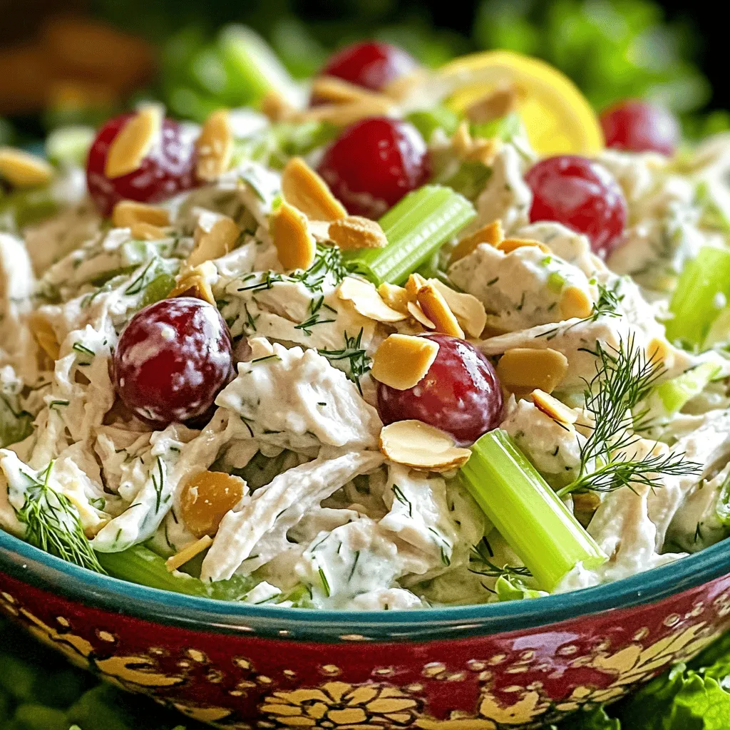 To make a tasty Greek yogurt chicken salad, you need these key items: - 2 cups cooked chicken breast, shredded - 1 cup creamy Greek yogurt - 1/4 cup rich mayonnaise - 1/2 cup celery, finely chopped - 1/2 cup sweet red grapes, halved - 1/4 cup slivered almonds - 2 tablespoons fresh dill, finely chopped - 1 tablespoon freshly squeezed lemon juice - Salt and freshly ground black pepper These ingredients combine to create a dish that is both creamy and crunchy. The chicken adds protein, while the yogurt gives it a smooth base. You can add some extra ingredients for more flavor: - 1/4 cup green onions, finely sliced - 1/4 teaspoon garlic powder - 1/2 teaspoon mustard for a tangy kick - 1/4 teaspoon paprika for a hint of spice These optional items can add depth to your salad. They help to make the dish more exciting while keeping it healthy. Every ingredient in this salad has its own health perks: - Chicken breast: High in protein, helps with muscle repair. - Greek yogurt: Packed with probiotics, supports gut health. - Mayonnaise: Adds healthy fats but use in moderation. - Celery: Low in calories, great for hydration. - Red grapes: Rich in antioxidants, good for heart health. - Almonds: Provide healthy fats and vitamin E. - Dill: Contains vitamins A and C, adds flavor without calories. - Lemon juice: Boosts vitamin C and aids digestion. These ingredients not only taste great but also support a balanced diet. Eating this Greek yogurt chicken salad is a wonderful way to enjoy a healthy meal. For a complete recipe, check out the [Full Recipe]. To start making your Greek yogurt chicken salad, gather all your ingredients. In a large mixing bowl, add 2 cups of cooked, shredded chicken breast. This is the base of your salad. Next, pour in 1 cup of creamy Greek yogurt and 1/4 cup of rich mayonnaise. Stir these together until smooth. This mix gives a rich and creamy texture to the salad. Once the base is smooth, it's time to add the crunchy elements. Incorporate 1/2 cup of finely chopped celery and 1/2 cup of halved sweet red grapes. Gently mix them in. You want to keep the chunks intact for a nice bite. Now, fold in 1/4 cup of slivered almonds and 2 tablespoons of finely chopped fresh dill. These add a lovely crunch and freshness. Finally, squeeze in 1 tablespoon of fresh lemon juice. Season with salt and black pepper to taste. Stir gently to combine everything well. After mixing, cover the bowl with plastic wrap. Place it in the fridge for at least 30 minutes. This chilling time enhances the flavors. It allows the ingredients to meld together, creating a more delicious dish. The salad will taste even better after chilling. You can serve it on fresh greens or use it in sandwiches. Enjoy your tasty creation! For the full recipe, check out the link. One common mistake is using dry chicken. Always use moist, shredded chicken. Over-mixing can ruin the texture, so mix gently. It’s also key to balance flavors. Too much salt or lemon can overpower the taste. If you skip the chilling step, the flavors won't blend well. Finally, don’t forget to taste before serving. Adjusting flavors at the end makes a huge difference. To get the best texture with Greek yogurt, use full-fat yogurt. It makes the salad creamier. Start by mixing yogurt with mayonnaise for added richness. This blend creates a nice, smooth base. When adding other ingredients, fold them in gently. This keeps the salad light and fluffy. If you want a thicker texture, let it sit in the fridge longer. Chilling helps it firm up and enhances the flavors. For a beautiful salad display, use colorful ingredients. Bright red grapes and green herbs add visual appeal. Serve the salad on a bed of fresh greens. This makes the dish pop on the plate. Top with extra dill sprigs or halved grapes. These simple touches make the salad look gourmet. Use a clear bowl to show off the textures. A well-presented salad makes it more inviting to eat. {{image_4}} You can give your Greek yogurt chicken salad a Mediterranean spin. To do this, add crumbled feta cheese and sliced olives. The feta adds a creamy and salty flavor. Olives bring a briny taste that complements the dish. This twist makes the salad more savory and exciting. Want some heat? Try adding chopped jalapeños and creamy avocado. The jalapeños will give your salad a spicy kick. The avocado adds richness and smoothness. This spicy version adds layers of flavor and makes it more filling. If you prefer a meatless dish, swap chicken for chickpeas. Chickpeas are packed with protein and fiber. They also soak up the flavors of the salad well. This vegetarian option is just as tasty and keeps the dish light and healthy. These variations keep the essence of Greek yogurt chicken salad while offering new tastes. You can mix and match these ideas to find your favorite combination. Check out the Full Recipe for a classic version of this dish. To keep your Greek yogurt chicken salad fresh, store it in an airtight container. This helps prevent air from getting in and drying out your salad. Make sure the container is clean before use. You can also place a piece of plastic wrap directly on the salad before sealing the lid. This extra layer helps lock in moisture and freshness. When stored properly, Greek yogurt chicken salad can last 3 to 5 days in the fridge. Always check for any unusual smells or changes in texture before eating. If you notice anything off, it's best to throw the salad away to avoid any health risks. You can freeze Greek yogurt chicken salad, but it may change in texture. To freeze, place the salad in a freezer-safe container. Leave a little space at the top for expansion. When you're ready to eat it, thaw it in the fridge overnight. After thawing, stir it well to restore some creaminess. Keep in mind that freezing may affect the crunch of the celery and the freshness of the grapes, making them softer. For the full recipe, check out the section above! The best type of Greek yogurt for this salad is plain and full-fat. It adds creaminess and richness. Brands like Fage or Chobani work well. If you prefer a lighter option, you can use low-fat Greek yogurt. Just note that it may alter the taste slightly. Yes, you can make Greek Yogurt Chicken Salad ahead of time. It tastes even better after chilling in the fridge. I suggest preparing it up to a day in advance. This allows the flavors to blend nicely. Just remember to store it in an airtight container. To make this recipe dairy-free, choose a dairy-free yogurt. Cashew or coconut yogurt are great substitutes. These options keep the creamy texture. You can also skip the mayonnaise or use a plant-based version. This way, you still enjoy a tasty chicken salad. Greek yogurt chicken salad is a tasty and healthy option. We explored essential and optional ingredients and their nutrients. You learned how to prepare and mix the salad for the best texture. Common mistakes were highlighted, along with ways to present your dish beautifully. Plus, we shared fun variations and storage tips to keep your salad fresh. Remember, experiment with flavors and enjoy your creations. This dish is not just good; it’s good for you!