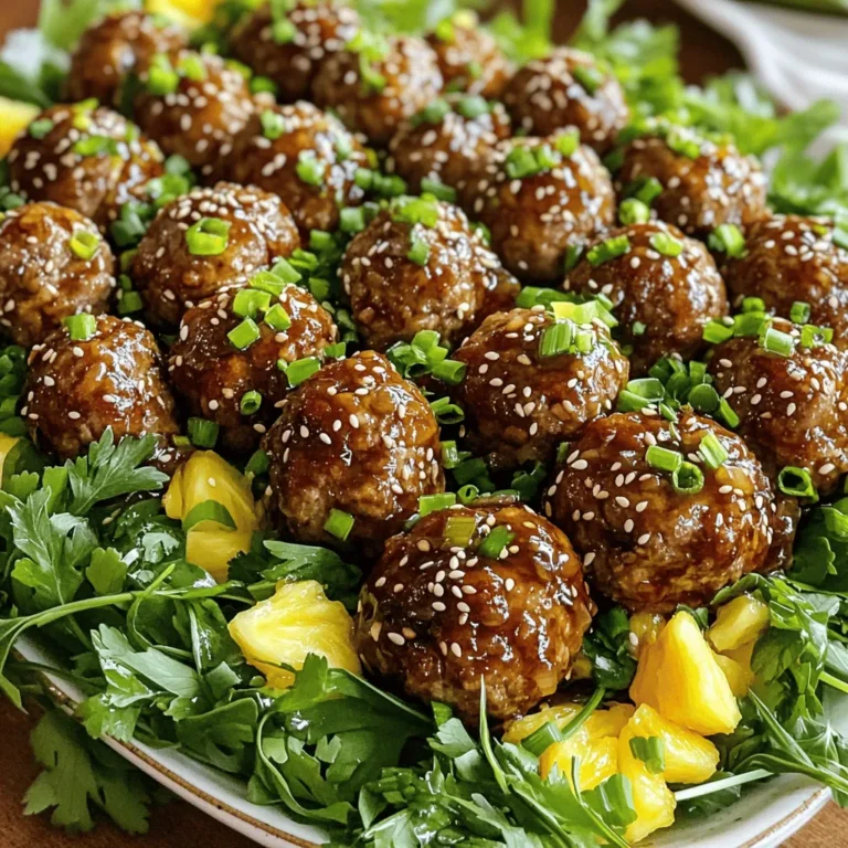 For your Pineapple Teriyaki Meatballs, you will need: - 1 lb ground chicken or turkey - 1/2 cup breadcrumbs - 1/4 cup grated Parmesan cheese - 1/4 cup finely chopped green onions (plus more for garnish) - 2 cloves garlic, minced - 1/2 teaspoon ginger paste (or freshly grated ginger) - 1/2 teaspoon salt - 1/4 teaspoon black pepper - 1/4 cup teriyaki sauce - 1 cup crushed pineapple, drained (reserve the juice) - 1 tablespoon sesame seeds (for garnish) These ingredients work together to create a juicy meatball with a sweet and savory glaze. To make this dish easier, gather these tools: - Mixing bowl - Baking sheet - Parchment paper - Saucepan - Spoon for mixing - Measuring cups and spoons These tools help you combine and cook the meatballs perfectly. If you need to make changes, here are some smart swaps: - Use ground beef or pork instead of chicken or turkey. - Replace breadcrumbs with crushed rice or oats for a gluten-free option. - Swap grated Parmesan with nutritional yeast for a vegan twist. - Use soy sauce if you don’t have teriyaki sauce. These substitutions let you customize the recipe to your taste or dietary needs. For the full recipe, check out the details above. First, preheat your oven to 400°F (200°C). This step is key for even cooking. Next, line a baking sheet with parchment paper. This will help with easy cleanup after baking. In a large bowl, combine these ingredients: - 1 lb ground chicken or turkey - 1/2 cup breadcrumbs - 1/4 cup grated Parmesan cheese - 1/4 cup finely chopped green onions - 2 cloves garlic, minced - 1/2 teaspoon ginger paste - 1/2 teaspoon salt - 1/4 teaspoon black pepper Mix everything well with your hands or a spoon. Make sure all items blend together. This step is crucial for flavor. Now, take small amounts of the mixture and roll them into meatballs. Aim for about 1 to 1.5 inches in size. Place them on the baking sheet. Leave space between each meatball to cook evenly. Bake the meatballs for about 20 minutes. Look for a light golden color on the outside. This shows they are ready! While the meatballs bake, you can make the teriyaki sauce. Start by heating a saucepan over medium heat. In this pan, mix the teriyaki sauce with the reserved pineapple juice. Let it simmer gently for about 5 minutes. You want it to thicken a little. After it thickens, add in the crushed pineapple. Let it simmer for another 2 minutes. This will bring all the flavors together. For the complete cooking instructions and details, check the Full Recipe. To make soft meatballs, use ground chicken or turkey. These meats have less fat, which keeps them moist. Add breadcrumbs and grated Parmesan cheese to the mix for extra softness. Do not overwork the meat when mixing. Shape them gently and avoid compacting the mixture. To boost the teriyaki sauce, consider adding a splash of soy sauce or rice vinegar. Both give a deeper flavor. Fresh ginger can also enhance the taste. For a sweet touch, add a little honey or brown sugar. Stir these ingredients into the sauce as it simmers. This will create a richer profile. Presentation matters when serving your meatballs. Use a large platter and line it with fresh greens. This adds color and freshness. Drizzle any leftover teriyaki sauce over the meatballs for a shiny finish. Garnish with sesame seeds and extra chopped green onions for flair. These small details make your dish look more inviting and delicious. For the complete recipe, check the Full Recipe section. {{image_4}} You can use different meats for your meatballs. Ground beef adds richness. Ground pork gives a nice flavor twist. You can also try ground lamb for a unique taste. Each protein will change the meatball's flavor and texture. Just remember to adjust cooking times if needed. If you want a meat-free meal, use plant-based proteins. Lentils or black beans work great as a base. You can also use tofu or tempeh for a protein boost. Mix in breadcrumbs and spices to enhance flavor. This way, you can enjoy the same teriyaki sauce with a veggie twist. While teriyaki is delicious, you can explore other sauces. Sweet and sour sauce adds a tangy kick. Hoisin sauce provides a rich, savory flavor. You might even try a spicy chili sauce for heat. Each sauce gives your meatballs a new identity while keeping it fun. For the full recipe, check the earlier section to get started on these tasty meatballs! After cooking, you may have some meatballs left. To store them, let them cool first. Place the meatballs in an airtight container. They can stay in the fridge for 3 to 4 days. Make sure the container is sealed well to keep them fresh. If you want to save some for later, freezing is a great option. Place the cooled meatballs in a single layer on a baking sheet. Freeze them for about 1 to 2 hours until firm. Then, transfer them to a freezer bag. Remove as much air as you can to prevent freezer burn. They can last for up to 3 months in the freezer. Reheating is easy. For the best results, use the oven. Preheat it to 350°F (175°C). Place the meatballs on a baking sheet and cover with foil. Heat for about 15 to 20 minutes or until warmed through. You can also use a microwave. Just place the meatballs on a microwave-safe plate and cover them. Heat in 30-second intervals, checking until hot. Enjoy your Pineapple Teriyaki Meatballs again! For the full recipe, check out the earlier section. Yes, you can use various meats for these meatballs. Ground beef or pork works well. You can even use ground lamb for richer flavors. Each meat gives its unique taste and texture. Experiment with what you like best. To add heat, try these ideas: - Mix in a pinch of red pepper flakes. - Add a splash of sriracha to the teriyaki sauce. - Use spicy ginger paste instead of regular ginger. - Serve with sliced jalapeños on top. These changes bring a tasty kick to your meatballs. Here are some tasty side dishes to enjoy: - Steamed rice or fried rice adds a great base. - Roasted vegetables bring color and nutrients. - A fresh cucumber salad adds crunch and coolness. - Stir-fried bok choy offers a nice, crisp bite. These sides balance the sweet and savory flavors of the meatballs. For the full recipe, check the earlier section. You now know how to make Pineapple Teriyaki Meatballs. We covered the key ingredients, tools, and simple steps to create this dish. I shared tips to ensure your meatballs stay soft and flavorful. You also learned about variations for proteins and sauces to fit your taste. These meatballs are fun to make and easy to share. Try this meal for dinner or a party. Enjoy the flavors and impress your friends!