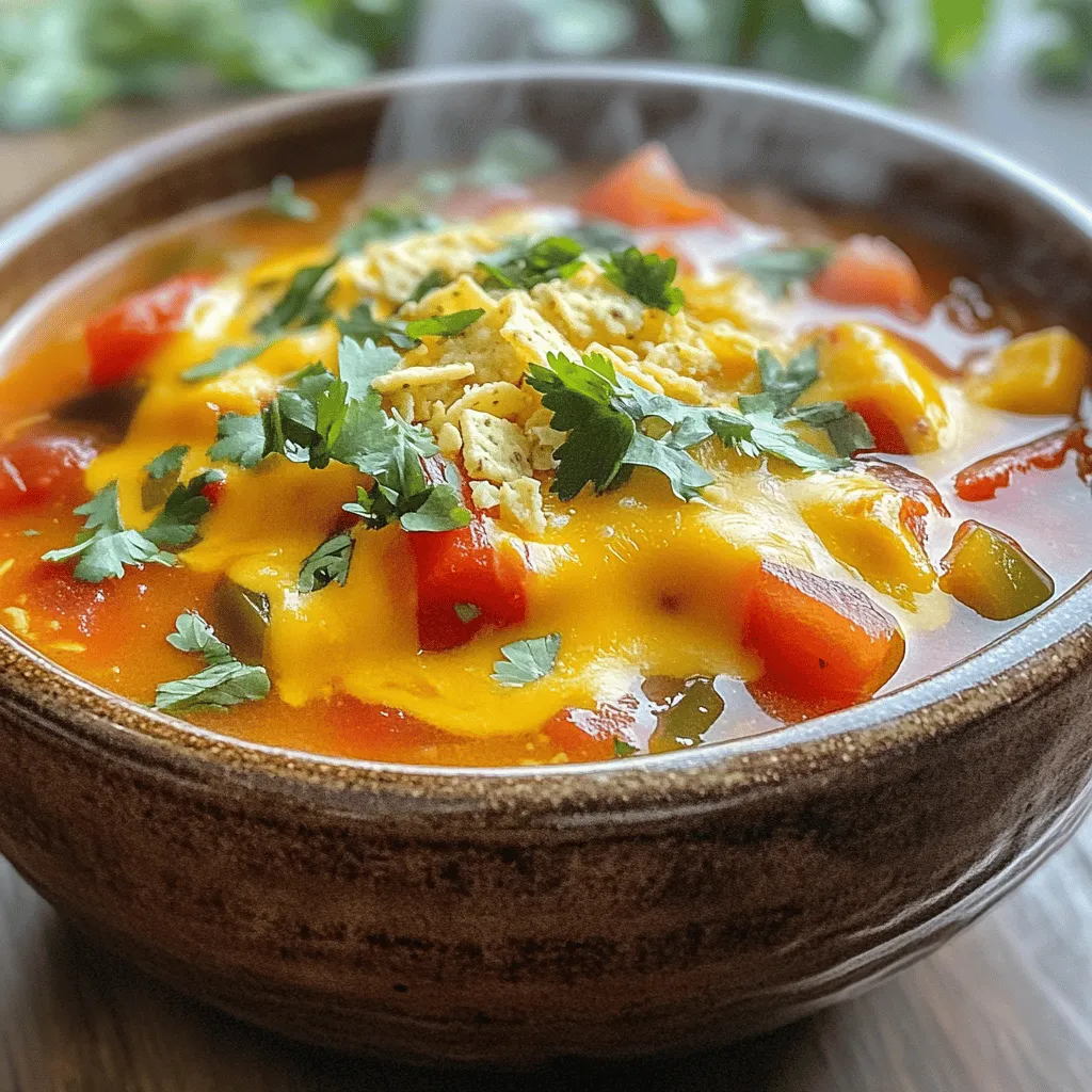 To make your One Pot Cheesy Taco Soup, gather these ingredients: - 1 lb ground beef or turkey - 1 small onion, finely diced - 3 cloves garlic, minced - 1 bell pepper, diced (any color) - 1 can (15 oz) diced tomatoes with green chilies - 1 can (15 oz) black beans, drained and rinsed - 1 can (15 oz) sweet corn, drained - 4 cups beef or vegetable broth - 1 packet taco seasoning mix - 1 cup shredded cheddar cheese - 1 cup shredded Monterey Jack cheese - Salt and freshly cracked black pepper, to taste - Fresh chopped cilantro, for garnish - Crisp tortilla chips, for serving Start by washing all your fresh ingredients. Dice the onion and bell pepper into small pieces. Mince the garlic cloves finely. This helps release their flavors. Fresh ingredients make a big difference in taste. I recommend using brands known for quality. For ground meat, brands like Organic Prairie or Applegate are great. For canned goods, try Del Monte or Bush's for beans and corn. For cheese, look for Tillamook or Cabot. These brands have good flavor and texture. Using quality ingredients helps your soup shine. Start by heating a large pot over medium heat. Add your ground beef or turkey. Use a spatula to break the meat apart. Cook it until the meat is browned. This should take about 5 to 7 minutes. If there is extra fat, drain it away. This keeps your soup from being greasy. Next, add in the diced onion, minced garlic, and the diced bell pepper. Stir them into the meat. Sauté for about 5 minutes. You want the vegetables to become tender and smell amazing. This step adds great flavor to your soup. Now, it’s time to mix in the fun stuff. Add the can of diced tomatoes with green chilies, the black beans, and the sweet corn. Make sure to drain the beans and corn before adding them. Sprinkle in the taco seasoning and stir everything well. Pour in the broth and bring it to a gentle simmer. Let it cook for about 15 to 20 minutes, stirring occasionally. This helps the flavors blend. After your soup thickens a bit, lower the heat. Gradually mix in the cheddar and Monterey Jack cheeses. Stir until they melt into the soup, making it creamy. Season with salt and black pepper to taste. Let it cool for a few minutes before serving. For the full recipe, check the details above. To get that perfect cheese melt, use shredded cheese. It melts better than blocks. Mix cheddar and Monterey Jack for a great blend. Add the cheese slowly to the soup. Stir as you add it. This keeps the cheese smooth and creamy. Avoid high heat when melting cheese. Too much heat can make it clump instead of melt. Want to add more flavor? Try adding a squeeze of lime juice. It brightens the soup and adds freshness. You can also add jalapeños for heat. Fresh herbs like cilantro or parsley give a nice touch too. If you love garlic, add more minced garlic when cooking the meat. This will deepen the flavor and make your soup even more tasty. Use a heavy pot like a Dutch oven for even heat. This helps the soup cook nicely without burning. Stir often to keep it from sticking to the bottom. If you want thicker soup, let it simmer longer. You can also mash some beans in the pot. This makes the soup creamy without adding more cheese. Follow these tips for a delicious bowl every time. For the full recipe, check the One Pot Cheesy Taco Soup. {{image_4}} You can easily make this soup vegetarian or vegan. Just swap the meat for mushrooms, lentils, or tofu. Use vegetable broth instead of beef broth. For a vegan twist, skip the cheese or use vegan cheese. This keeps the yummy flavors while fitting different diets. If you like heat, add jalapeños or cayenne pepper. You can stir in hot sauce while cooking for extra kick. If you prefer mild flavors, use less taco seasoning. Taste as you go to find your perfect spice level. For a different protein source, try beans! Kidney beans or pinto beans work well. You can also use shredded chicken or cooked quinoa. These swaps keep the soup filling and tasty. Each option brings a unique flavor and texture to your meal. For the full recipe, check out the One Pot Cheesy Taco Soup. After you make your One Pot Cheesy Taco Soup, let it cool first. Once cool, transfer it to an airtight container. Store it in the fridge for up to three days. Make sure to keep it covered to avoid absorbing other odors. When you are ready to eat, check the smell and look for any mold. If it seems off, it’s best to toss it. You can also freeze this soup. Use a freezer-safe container for best results. Store it for up to three months. To freeze, let the soup cool completely before sealing. Leave some space at the top, as it will expand when frozen. When you're ready to enjoy it, thaw it overnight in the fridge. This keeps the texture nice and tasty. Reheating is easy! You can use the stove or microwave. If using the stove, pour the soup into a pot over medium heat. Stir it often to warm it evenly. If using the microwave, place it in a microwave-safe bowl. Heat it in short bursts, stirring in between. This helps prevent hot spots. Always check the temperature before serving to ensure it is hot all the way through. Yes, you can easily make this soup ahead of time. Just store it in the fridge once it cools. It keeps well for about three days. When you’re ready to eat, just heat it up on the stove. The flavors will blend even more, making it taste great! If you want to skip the cheese, there are tasty options. Try using nutritional yeast for a cheesy flavor without the dairy. You can also add cashew cream for a creamy texture. Just blend soaked cashews with water until smooth. This gives a nice richness to your soup. Want a kick? Add chopped jalapeños to the pot while cooking. You can also stir in some hot sauce or red pepper flakes. For a smoky flavor, try adding chipotle peppers in adobo sauce. Adjust the spice to suit your taste and enjoy that heat! For the full recipe, check out the One Pot Cheesy Taco Soup details. In this post, we explored the key ingredients, step-by-step cooking instructions, and helpful tips. We discussed variations for different diets and covered storage options. Remember, simplicity matters in cooking. You can make delightful soups that suit your taste. Use fresh ingredients and adjust flavor levels to your liking. Don’t forget to store leftovers properly for future meals. I hope you feel inspired to create your own delicious dishes!