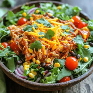 - 2 cups cooked chicken, shredded - 4 cups mixed salad greens - 1 cup cherry tomatoes, halved - 1 cup corn kernels - 1 cup black beans, rinsed and drained - 1/2 red onion, sliced thinly - 1 cup shredded cheddar cheese - 1/2 cup BBQ sauce - 1/2 cup ranch dressing - Salt and pepper to taste - Optional: Fresh cilantro leaves for garnish The BBQ Ranch Chicken Salad shines with its fresh and vibrant ingredients. I prefer using grilled chicken or rotisserie chicken for a rich flavor. The mix of salad greens adds crunch and color. Cherry tomatoes bring sweetness, while corn adds a nice pop of texture. Black beans are a great source of protein and fiber. I love the thin slices of red onion for a slight bite. For cheese, I recommend sharp cheddar because it enhances the dish. The BBQ sauce and ranch dressing provide a creamy and tangy kick. Don't forget to season with salt and pepper to make the flavors pop. You can even add fresh cilantro leaves for a burst of freshness. This salad is not just tasty; it’s also full of nutrients and good for you! - Best BBQ sauces: Look for sweet and smoky options. - Top ranch dressing options: Choose creamy ones that pack flavor. - Recommended cheese types: Sharp cheddar or a blend adds great taste. - Step 1: Mix shredded chicken with BBQ sauce. In a medium bowl, combine the chicken and BBQ sauce. Stir well until the chicken is fully coated. - Step 2: Layer salad greens in a large bowl. Take your mixed greens and spread them evenly across the bottom of a large salad bowl. - Step 3: Add cherry tomatoes, corn, black beans, and onions. Scatter the halved cherry tomatoes, corn, black beans, and sliced red onion over the greens. This adds color and texture. - Step 4: Top with BBQ chicken mixture. Spoon the BBQ chicken mixture on top of the salad. Make sure it spreads out nicely. - Step 5: Sprinkle with cheddar cheese. Add a generous amount of shredded cheddar cheese on top for a creamy finish. - Step 6: Drizzle ranch dressing and season. Drizzle ranch dressing over the salad. Add salt and pepper to taste. If you want, toss the salad gently to mix all the flavors. - Presentation ideas for BBQ Ranch Chicken Salad: Serve the salad in wide, shallow bowls. This helps showcase the bright ingredients. You can add extra cherry tomatoes or cheddar cheese on top for a nice look. - Combining with side dishes: This salad pairs well with warm bread or a light soup. Try a fresh baguette or some tortilla chips for a crunch. - Ideal beverages to pair: Pair this salad with a cold iced tea or a light beer. A sparkling water with lime also works well to refresh your palate. - Choose the right BBQ sauce Pick a BBQ sauce you love. A sweet or smoky sauce adds great flavor. Test a few brands to find your favorite. - How to shred chicken quickly Use two forks to shred cooked chicken. Hold one fork in each hand and pull apart the meat. This method is fast and easy. - Importance of ingredient quality Fresh ingredients make a big difference. Use crisp greens and ripe tomatoes for the best taste. Quality cheese also enhances flavor. - Best practices for warming chicken Warm chicken in the microwave for a short time. Cover it with a damp paper towel to keep it moist. Avoid overheating, or it may dry out. - Serving salad fresh vs. leftover Serve the salad right after making it for the best crunch. If you have leftovers, store them in the fridge. Keep dressing separate until serving. This keeps the salad fresh and tasty. {{image_4}} - Alternatives to chicken: If you want a change, try using turkey or tofu. Both options work well in this salad. You can also use shredded pork for a smoky twist. - Veggie options for a vegetarian salad: For a meat-free dish, replace the chicken with roasted chickpeas or grilled tempeh. These add protein and taste. You can also add more beans or nuts for crunch. - Creative cheese substitutions: Instead of cheddar, try pepper jack for a spicy kick. Feta cheese gives a tangy flavor, or you can use a dairy-free cheese if needed. - Adding spices for extra flavor: Spice things up by mixing in cumin or smoked paprika. A pinch of cayenne pepper adds heat, while fresh herbs like basil or dill enhance the taste. - Suggestions for homemade dressings: If you want to make your dressing, mix yogurt with some BBQ sauce. This gives a creamy texture with a kick. You can also blend ranch with lime juice for a fresh twist. - Use of different types of beans: Instead of black beans, use pinto or kidney beans. Each type adds a unique taste and texture. White beans are also great for a milder flavor. To keep your BBQ Ranch Chicken Salad fresh, use airtight containers. Glass or plastic containers work well. Make sure to separate the salad components if possible. This helps keep the greens crisp. For best results, eat the salad within three days. Keep any dressing in a separate container until serving. This keeps the salad from getting soggy. Can you freeze BBQ Ranch Chicken Salad? I don’t recommend freezing this salad. The greens lose their texture when thawed. However, you can freeze some ingredients. Cooked chicken and black beans freeze nicely. Store them in freezer bags. Remove as much air as you can. When ready to use, thaw in the fridge overnight. This way, your meal stays fresh and tasty. You can prepare the BBQ Ranch Chicken Salad ahead. Mix the chicken with BBQ sauce. Store it in the fridge. Keep the greens and other veggies separate to stay fresh. Before serving, combine everything in a bowl. Yes, using store-bought rotisserie chicken is a great idea. It saves time and adds flavor. Just shred the chicken and mix it with BBQ sauce. It will taste delicious in your salad. This salad is packed with nutrients. Chicken provides protein for energy. Mixed greens add vitamins A and C. Beans add fiber for digestion. Tomatoes and corn boost antioxidants. The cheddar cheese offers calcium too. To make it gluten-free, use a gluten-free BBQ sauce and ranch dressing. For a dairy-free option, skip the cheese and choose a dairy-free dressing. You can also add more veggies for flavor and nutrition. If you want a dressing alternative, consider using a vinaigrette. A simple mix of olive oil, vinegar, and herbs works well. You can try a yogurt-based dressing for a creamy option without ranch. This blog post covered the tasty BBQ Ranch Chicken Salad. We explored key ingredients like chicken, veggies, and dressings. You learned step-by-step instructions for easy preparation and serving tips. I shared variations and flavor enhancements to make your salad unique. In closing, this dish is versatile and simple. Feel free to adjust ingredients based on your taste. Enjoy making this salad for any occasion!