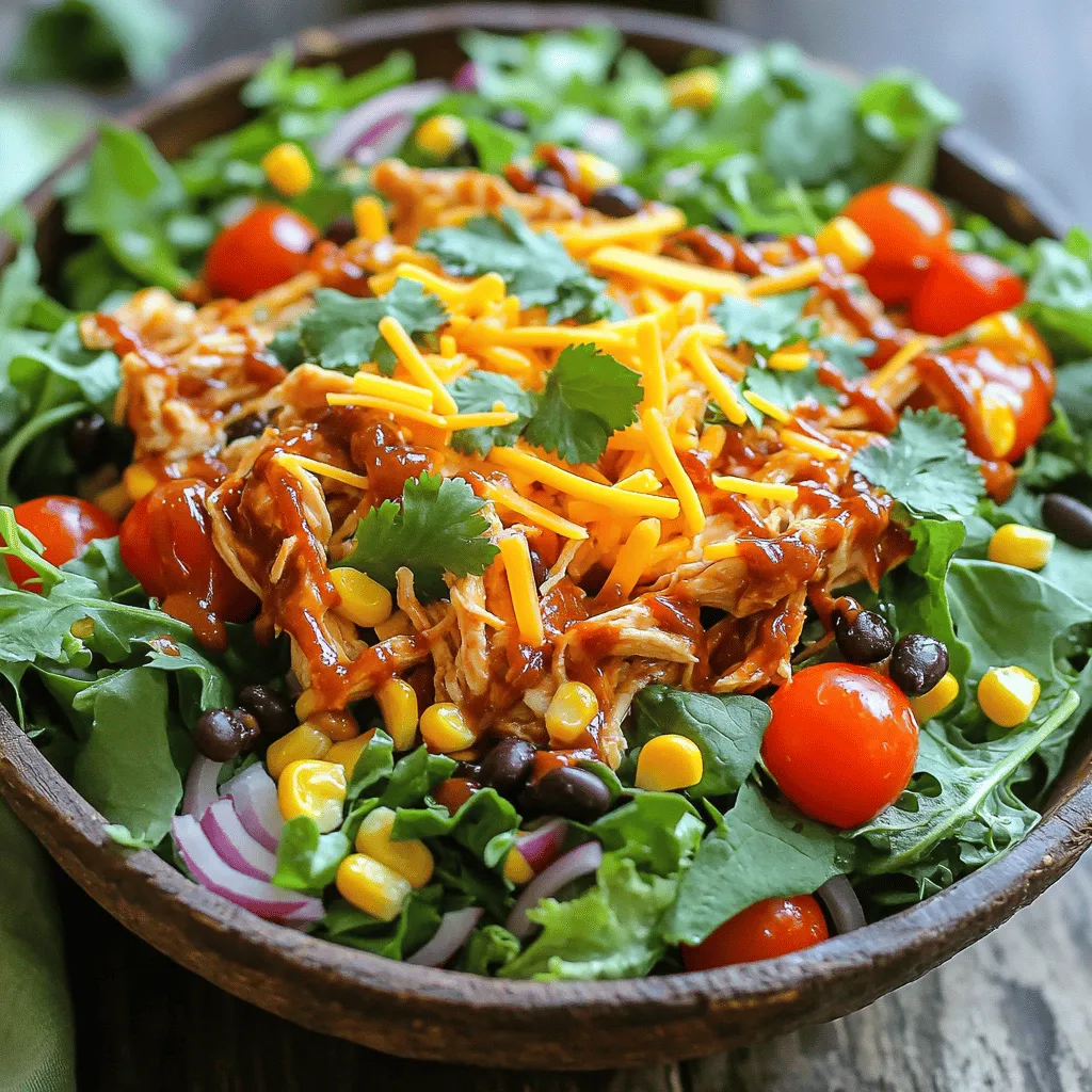 - 2 cups cooked chicken, shredded - 4 cups mixed salad greens - 1 cup cherry tomatoes, halved - 1 cup corn kernels - 1 cup black beans, rinsed and drained - 1/2 red onion, sliced thinly - 1 cup shredded cheddar cheese - 1/2 cup BBQ sauce - 1/2 cup ranch dressing - Salt and pepper to taste - Optional: Fresh cilantro leaves for garnish The BBQ Ranch Chicken Salad shines with its fresh and vibrant ingredients. I prefer using grilled chicken or rotisserie chicken for a rich flavor. The mix of salad greens adds crunch and color. Cherry tomatoes bring sweetness, while corn adds a nice pop of texture. Black beans are a great source of protein and fiber. I love the thin slices of red onion for a slight bite. For cheese, I recommend sharp cheddar because it enhances the dish. The BBQ sauce and ranch dressing provide a creamy and tangy kick. Don't forget to season with salt and pepper to make the flavors pop. You can even add fresh cilantro leaves for a burst of freshness. This salad is not just tasty; it’s also full of nutrients and good for you! - Best BBQ sauces: Look for sweet and smoky options. - Top ranch dressing options: Choose creamy ones that pack flavor. - Recommended cheese types: Sharp cheddar or a blend adds great taste. - Step 1: Mix shredded chicken with BBQ sauce. In a medium bowl, combine the chicken and BBQ sauce. Stir well until the chicken is fully coated. - Step 2: Layer salad greens in a large bowl. Take your mixed greens and spread them evenly across the bottom of a large salad bowl. - Step 3: Add cherry tomatoes, corn, black beans, and onions. Scatter the halved cherry tomatoes, corn, black beans, and sliced red onion over the greens. This adds color and texture. - Step 4: Top with BBQ chicken mixture. Spoon the BBQ chicken mixture on top of the salad. Make sure it spreads out nicely. - Step 5: Sprinkle with cheddar cheese. Add a generous amount of shredded cheddar cheese on top for a creamy finish. - Step 6: Drizzle ranch dressing and season. Drizzle ranch dressing over the salad. Add salt and pepper to taste. If you want, toss the salad gently to mix all the flavors. - Presentation ideas for BBQ Ranch Chicken Salad: Serve the salad in wide, shallow bowls. This helps showcase the bright ingredients. You can add extra cherry tomatoes or cheddar cheese on top for a nice look. - Combining with side dishes: This salad pairs well with warm bread or a light soup. Try a fresh baguette or some tortilla chips for a crunch. - Ideal beverages to pair: Pair this salad with a cold iced tea or a light beer. A sparkling water with lime also works well to refresh your palate. - Choose the right BBQ sauce Pick a BBQ sauce you love. A sweet or smoky sauce adds great flavor. Test a few brands to find your favorite. - How to shred chicken quickly Use two forks to shred cooked chicken. Hold one fork in each hand and pull apart the meat. This method is fast and easy. - Importance of ingredient quality Fresh ingredients make a big difference. Use crisp greens and ripe tomatoes for the best taste. Quality cheese also enhances flavor. - Best practices for warming chicken Warm chicken in the microwave for a short time. Cover it with a damp paper towel to keep it moist. Avoid overheating, or it may dry out. - Serving salad fresh vs. leftover Serve the salad right after making it for the best crunch. If you have leftovers, store them in the fridge. Keep dressing separate until serving. This keeps the salad fresh and tasty. {{image_4}} - Alternatives to chicken: If you want a change, try using turkey or tofu. Both options work well in this salad. You can also use shredded pork for a smoky twist. - Veggie options for a vegetarian salad: For a meat-free dish, replace the chicken with roasted chickpeas or grilled tempeh. These add protein and taste. You can also add more beans or nuts for crunch. - Creative cheese substitutions: Instead of cheddar, try pepper jack for a spicy kick. Feta cheese gives a tangy flavor, or you can use a dairy-free cheese if needed. - Adding spices for extra flavor: Spice things up by mixing in cumin or smoked paprika. A pinch of cayenne pepper adds heat, while fresh herbs like basil or dill enhance the taste. - Suggestions for homemade dressings: If you want to make your dressing, mix yogurt with some BBQ sauce. This gives a creamy texture with a kick. You can also blend ranch with lime juice for a fresh twist. - Use of different types of beans: Instead of black beans, use pinto or kidney beans. Each type adds a unique taste and texture. White beans are also great for a milder flavor. To keep your BBQ Ranch Chicken Salad fresh, use airtight containers. Glass or plastic containers work well. Make sure to separate the salad components if possible. This helps keep the greens crisp. For best results, eat the salad within three days. Keep any dressing in a separate container until serving. This keeps the salad from getting soggy. Can you freeze BBQ Ranch Chicken Salad? I don’t recommend freezing this salad. The greens lose their texture when thawed. However, you can freeze some ingredients. Cooked chicken and black beans freeze nicely. Store them in freezer bags. Remove as much air as you can. When ready to use, thaw in the fridge overnight. This way, your meal stays fresh and tasty. You can prepare the BBQ Ranch Chicken Salad ahead. Mix the chicken with BBQ sauce. Store it in the fridge. Keep the greens and other veggies separate to stay fresh. Before serving, combine everything in a bowl. Yes, using store-bought rotisserie chicken is a great idea. It saves time and adds flavor. Just shred the chicken and mix it with BBQ sauce. It will taste delicious in your salad. This salad is packed with nutrients. Chicken provides protein for energy. Mixed greens add vitamins A and C. Beans add fiber for digestion. Tomatoes and corn boost antioxidants. The cheddar cheese offers calcium too. To make it gluten-free, use a gluten-free BBQ sauce and ranch dressing. For a dairy-free option, skip the cheese and choose a dairy-free dressing. You can also add more veggies for flavor and nutrition. If you want a dressing alternative, consider using a vinaigrette. A simple mix of olive oil, vinegar, and herbs works well. You can try a yogurt-based dressing for a creamy option without ranch. This blog post covered the tasty BBQ Ranch Chicken Salad. We explored key ingredients like chicken, veggies, and dressings. You learned step-by-step instructions for easy preparation and serving tips. I shared variations and flavor enhancements to make your salad unique. In closing, this dish is versatile and simple. Feel free to adjust ingredients based on your taste. Enjoy making this salad for any occasion!