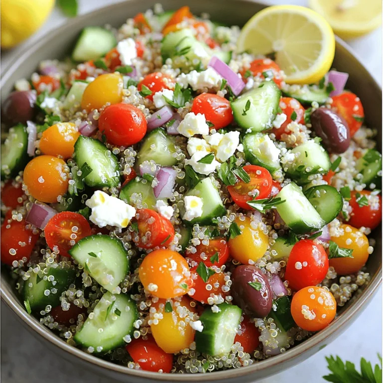 To make Mediterranean quinoa salad, gather these fresh ingredients: - 1 cup quinoa, thoroughly rinsed - 2 cups water - 1 medium cucumber, diced into small cubes - 1 cup cherry tomatoes, halved - 1 red bell pepper, diced into bite-sized pieces - 1/2 red onion, finely chopped - 1/2 cup Kalamata olives, pitted and halved - 1/2 cup feta cheese, crumbled - 1/4 cup fresh parsley, finely chopped - 1/4 cup extra virgin olive oil - 2 tablespoons freshly squeezed lemon juice - 1 teaspoon dried oregano - Salt and freshly ground black pepper to taste Fresh ingredients make this salad vibrant and tasty. The crunch from the cucumber and bell pepper adds texture, while the juicy cherry tomatoes burst with flavor. When you use fresh herbs like parsley, they bring brightness to the dish. Fresh produce not only tastes better but also packs more nutrients. Using high-quality olive oil enhances the overall flavor, making each bite delightful. This quinoa salad is not just delicious; it’s also healthy! Each serving provides a good balance of protein, fiber, and healthy fats. Quinoa is a complete protein, meaning it contains all nine essential amino acids. The vegetables add vitamins, minerals, and antioxidants. Feta cheese adds a creamy texture while providing calcium. Overall, this salad supports a balanced diet with fresh, wholesome ingredients. First, rinse one cup of quinoa under cold water. This helps remove any bitter taste. Then, in a medium pot, bring two cups of water to a boil over medium heat. Once it bubbles, add the rinsed quinoa. Lower the heat, cover the pot, and let it simmer for about 15 minutes. Check to see if the water has absorbed. If it has, take it off the heat. Let it sit for another 5 to 10 minutes. Finally, fluff the quinoa with a fork. This makes it light and fluffy. Next, take a large mixing bowl. Dice one medium cucumber into small cubes. Halve one cup of cherry tomatoes. Cut one red bell pepper into bite-sized pieces. Finely chop half of a red onion. Add half a cup of Kalamata olives, pitted and halved. Lastly, chop a quarter cup of fresh parsley. Toss all the vegetables gently in the bowl. This step adds color and freshness to your salad. In a small bowl, whisk together a quarter cup of extra virgin olive oil and two tablespoons of freshly squeezed lemon juice. Add one teaspoon of dried oregano. Season the dressing with salt and freshly ground black pepper to taste. Mix until it is well combined. This dressing adds a zesty flavor that ties the salad together. Now, add the cooked quinoa to the bowl with the vegetables. Pour the dressing over the top. Gently toss everything together. Be careful not to mash the ingredients. Finally, sprinkle half a cup of crumbled feta cheese on top. Give the salad one last gentle toss. This will help distribute the flavors evenly. Rinsing quinoa is key to a great salad. Quinoa has a natural coating called saponin. This can taste bitter. To rinse it, place the quinoa in a fine-mesh strainer. Run cold water over it for at least 30 seconds. Shake the strainer gently to remove the bitter coating. This step makes your salad taste fresh and light. Serve your Mediterranean quinoa salad cold or at room temperature. It looks great in a large bowl. You can also use individual plates for a nice touch. Add a sprig of parsley on top for color. A lemon wedge on the side gives a nice pop of flavor. This salad is perfect for lunch, dinner, or picnics. To boost the flavor, try adding fresh herbs. Basil and mint work well with this salad. You can also add spices like cumin or paprika for extra zest. Remember to taste as you go! This helps you find the perfect balance. A little extra lemon juice can brighten the entire dish. Don't be afraid to experiment for your ideal flavor. {{image_4}} You can easily make this salad vegetarian or vegan. Just skip the feta cheese, or use a vegan cheese substitute. You can also add more veggies like avocado or spinach for extra flavor. This makes a colorful dish that is still tasty and healthy. If you want to add protein, try chicken, chickpeas, or tuna. Grilled chicken works well and adds a nice texture. Chickpeas are great for a vegetarian option and add fiber. Tuna gives it a hearty boost and pairs well with the veggies. Each option keeps the salad filling and satisfying. You can change the vegetables based on the season. In summer, add fresh zucchini or bell peppers for crunch. In fall, roasted sweet potatoes or butternut squash add warmth. Each season brings new flavors and colors to your salad. Use what you have on hand for a fresh twist each time. To store your Mediterranean quinoa salad, let it cool first. Place it in a bowl or container. Cover it tightly with a lid or plastic wrap. This helps keep the salad fresh. You can store it in the fridge for later meals. Use glass or BPA-free plastic containers. Glass containers do not stain and are easy to clean. Plastic containers are lightweight and great for take-out. Choose containers that can be sealed tightly to keep air out. This will help preserve flavors and textures. Your salad will stay fresh for about three to five days in the fridge. If you want to reheat quinoa, do so gently. Place it in a microwave-safe bowl. Add a splash of water to keep it moist. Cover it and heat in short bursts. Check often to avoid drying it out. If you prefer, enjoy the salad cold; it's just as tasty! Yes, you can make this salad ahead of time. It tastes even better after sitting. The flavors blend nicely when you chill it in the fridge for a few hours. Just store it in an airtight container. When you’re ready to eat, give it a gentle stir. If you do not like feta, try using goat cheese or ricotta. For a dairy-free option, use crumbled tofu or avocado. These substitutes add creaminess while keeping the salad fresh and tasty. You can easily adjust this salad. For gluten-free needs, it is already safe with quinoa. If you're vegan, skip the feta or use a plant-based cheese. You can also add nuts or seeds for extra crunch and protein. Yes, you can swap quinoa for other grains. Try brown rice, farro, or bulgur. Each grain brings its own flavor and texture. Just be sure to cook them according to their specific instructions. This blog post covered how to make a tasty Mediterranean Quinoa Salad. We began with key ingredients and their importance to health. I shared clear steps for cooking, preparing veggies, and making dressing. Tips showed how to enhance your dish and variations offered ideas for all diets. Finally, I discussed how to store leftovers properly. These strategies make your salad fresh and fun. Enjoy experimenting and making this meal your own!