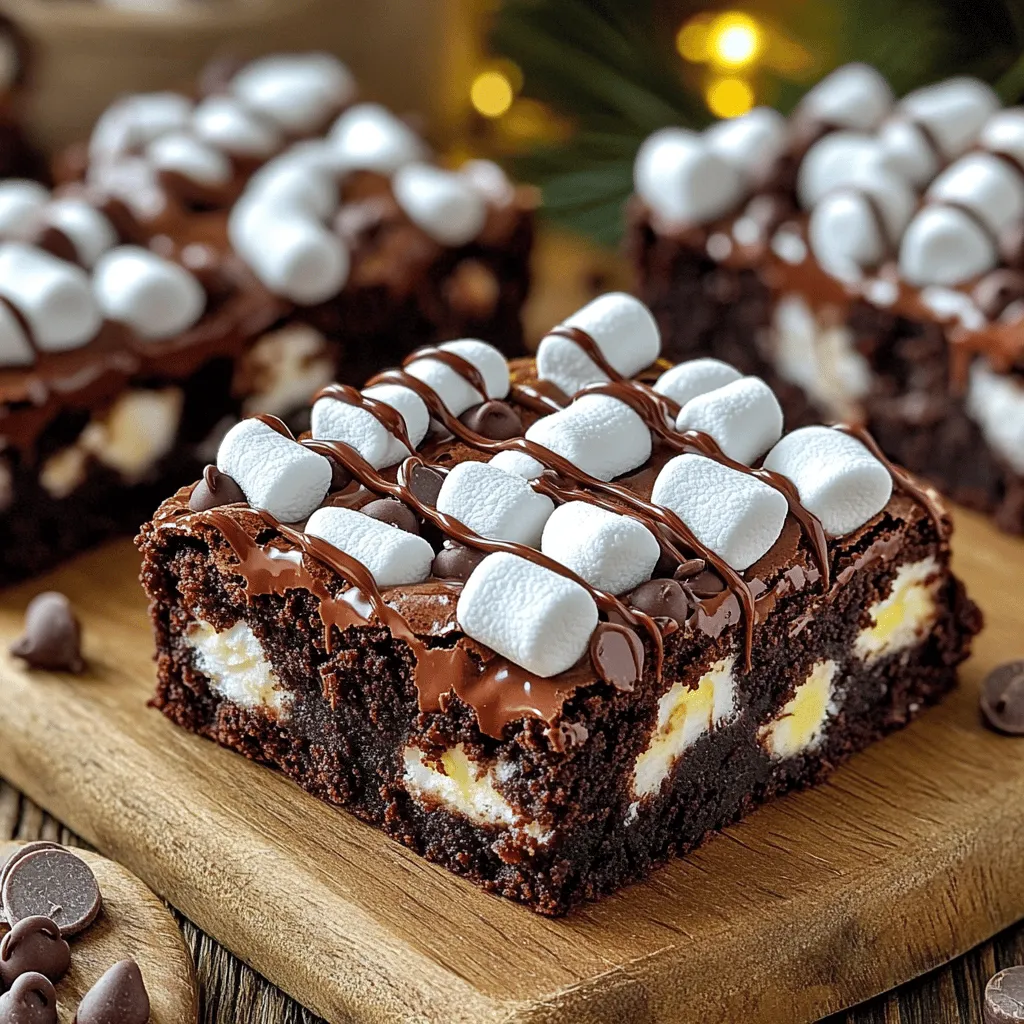 - 1 cup unsalted butter, melted - 2 cups granulated sugar - 4 large eggs - 1 teaspoon pure vanilla extract - 1 cup all-purpose flour - 1 cup unsweetened cocoa powder - ½ teaspoon baking powder - ¼ teaspoon sea salt - 1 cup mini marshmallows (plus extra for topping) - ½ cup chocolate chips Gathering ingredients is key to making marshmallow frosted brownies. Start with unsalted butter. This makes your brownies rich and smooth. Next, use granulated sugar for sweetness. It gives the brownies that chewy texture we all love. You will need four large eggs. They bind the mix and add moisture. Pure vanilla extract adds a warm flavor that enhances all the good tastes. Now, let's talk about dry ingredients. All-purpose flour creates the structure. Unsweetened cocoa powder is a must for that deep chocolate flavor. You also need baking powder to help the brownies rise. A pinch of sea salt balances the sweetness. Don’t forget the star of the show: mini marshmallows. They melt into gooey pockets of delight. A half cup of chocolate chips adds extra chocolatey goodness. If you want, save some marshmallows for a fun topping. - 9x13 inch baking pan - Mixing bowls - Whisk and spatula - Toothpick for testing doneness Having the right tools makes baking easier. Use a 9x13 inch baking pan. This gives your brownies the perfect shape. Mixing bowls are needed for combining wet and dry ingredients. A whisk helps mix everything until smooth. A spatula is great for folding in the marshmallows and chocolate chips. Finally, a toothpick is essential to check if your brownies are done baking. Just insert it into the center and pull it out. If it has a few moist crumbs, you are good to go! 1. Preheat your oven to 350°F (175°C). This temperature helps the brownies rise. 2. Prepare a 9x13 inch baking pan. Grease it well or line it with parchment paper. This makes for easy lifting later. 3. In a large bowl, mix the melted unsalted butter and granulated sugar. Stir until smooth. 4. Add four large eggs, one at a time. Beat well after each addition. 5. Pour in one teaspoon of pure vanilla extract. This adds a lovely flavor. 1. In another bowl, whisk together one cup of all-purpose flour, one cup of cocoa powder, half a teaspoon of baking powder, and a quarter teaspoon of sea salt. This mix gives your brownies their structure and rich taste. 1. Gradually add the dry mix to the wet ingredients. Use a spatula to fold them together gently. 2. Be careful not to overmix. Aim for a batter that is mostly smooth with a few lumps. 3. Fold in one cup of mini marshmallows and half a cup of chocolate chips. This adds sweetness and texture. 1. Pour the brownie batter into your prepared pan. Use a spatula to spread it evenly. 2. Bake in the preheated oven for 25-30 minutes. To check for doneness, insert a toothpick into the center. It should come out with a few moist crumbs. 3. Once done, take the pan out and let the brownies cool for about 15 minutes. 4. Optional: For extra fun, sprinkle more mini marshmallows on top. Broil them for 1-2 minutes until they puff up. Watch them closely! 5. Let the brownies cool completely before cutting them into squares. To get the right texture in your brownies, mix carefully. When adding the dry ingredients, fold them in gently. This keeps the batter from getting too tough. You want a few lumps, not a smooth mix. Overmixing leads to dry brownies. To check if your brownies are done, use a toothpick. Insert it into the center of the pan. If it comes out with a few moist crumbs, they are ready. If it has wet batter, bake a little longer. Serve your brownies on a rustic wooden board. This adds a nice touch. Drizzle warm, melted chocolate over the top for a rich look. Scatter some extra mini marshmallows on top for color. For a fun twist, toast the extra marshmallows under the broiler. Watch them closely as they puff and turn golden. This makes them look and taste even better! You can add nuts for a crunch. Chopped walnuts or pecans fit well. If you love chocolate, try using dark chocolate chips instead of semi-sweet. This gives a deeper flavor. You could also mix in white chocolate for a sweet twist. {{image_4}} You can change the flour to make fun brownie bases. Almond flour gives a nutty taste. Gluten-free flour works well for those who can’t eat gluten. Just swap equal amounts in the recipe. This keeps your brownies tasty and friendly for all diets. Want to add a twist? Try mixing in peppermint or espresso. A few drops of peppermint extract can make your brownies festive. Espresso powder boosts the chocolate flavor and adds depth. Just mix in a teaspoon or so when you add the dry ingredients. You can easily make these brownies dairy-free or vegan. For dairy-free, use coconut oil instead of butter. Substitute eggs with flaxseed meal or applesauce. Use dairy-free chocolate chips for a fully vegan treat. These swaps keep the brownies rich and delicious for everyone. To keep your brownies fresh, store them in an airtight container. Place a piece of parchment paper between layers to prevent sticking. Store them in the refrigerator for up to a week. This will keep the marshmallows soft and the brownies moist. If you want to enjoy them later, refrigeration is your best friend. You can freeze your brownies for longer shelf life. Cut them into squares before freezing. Wrap each square in plastic wrap, then place them in a freezer bag. This keeps them fresh for up to three months. To thaw, take them out and leave them at room temperature for a few hours. You can also microwave them for about 10-15 seconds for a quick treat. To enjoy your brownies after storage, you can reheat them. Preheat your oven to 350°F (175°C). Place the brownies on a baking sheet and warm them for 5-10 minutes. This makes them soft and gooey again. Serve warm with a scoop of vanilla ice cream for a delicious dessert. Add extra marshmallows on top for a fun touch! Yes, you can use different types of marshmallows. Regular-sized marshmallows work well, but mini marshmallows melt more evenly. You can also try flavored marshmallows for a fun twist. Just keep in mind that larger marshmallows may not melt as completely, so chop them into smaller pieces if you choose them. To check if the brownies are done, insert a toothpick into the center. If it comes out with a few moist crumbs, your brownies are ready. If it has wet batter, they need more time. Typically, they bake for 25-30 minutes, but ovens can vary, so always check! If you need a substitute for unsalted butter, you can use coconut oil or margarine. Both options work well in this recipe. You can also use vegetable oil, but it may change the texture slightly. Just remember to use the same amount as the butter. Marshmallow frosted brownies can last up to five days when stored properly. Keep them in an airtight container at room temperature. If you want them to last longer, you can refrigerate them for up to a week. Just make sure to let them come to room temperature before serving for the best taste! In this post, we covered the simple ingredients and steps for making delightful brownies. You learned about mixing wet and dry ingredients, baking, and testing for doneness. We also looked at tips for texture and presentation. Remember, you can change up flavors and storage methods to suit your taste. Enjoy your baking adventure! With a few tweaks, you can personalize these brownies and make them your own.