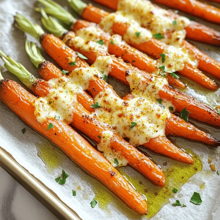 - 1 lb baby carrots (or regular carrots cut into uniform sticks) - 3 tablespoons extra virgin olive oil - 4 cloves garlic, finely minced - 1/4 cup freshly grated Parmesan cheese - 1 teaspoon dried thyme - 1 teaspoon smoked paprika - Salt and freshly cracked black pepper to taste - Fresh parsley, finely chopped (for garnish) Garlic Parmesan Roasted Carrots need simple, fresh ingredients. Start with baby carrots. They are sweet and tender. If you can’t find them, cut regular carrots into sticks. Next, grab extra virgin olive oil. This adds richness and helps the seasonings stick. For flavor, use garlic. Mince four cloves. This will give your carrots a nice, bold taste. You’ll also need dried thyme and smoked paprika. The thyme adds earthiness, while smoked paprika gives a lovely warmth. Don’t forget salt and black pepper for balance! Finally, use freshly grated Parmesan cheese. It melts beautifully and forms a cheesy topping. A touch of finely chopped parsley at the end adds color and freshness. With these ingredients, you set the stage for a delicious side dish! 1. Preheat your oven to 425°F (220°C). This high heat helps the carrots roast well. 2. Line a baking sheet with parchment paper. This makes cleanup easy and helps prevent sticking. 3. In a large bowl, mix the baby carrots with 3 tablespoons of olive oil. 4. Add 4 cloves of minced garlic, 1 teaspoon of dried thyme, and 1 teaspoon of smoked paprika. 5. Season with salt and freshly cracked black pepper. Toss everything well. Make sure the carrots are fully coated in the mix. 6. Spread the seasoned carrots on the baking sheet in a single layer. This helps them roast evenly. 7. Place the baking sheet in the hot oven. Roast for 20-25 minutes. 8. Halfway through, use a spatula to toss the carrots. This ensures they cook evenly and get that nice golden-brown look. 1. When the carrots are soft and caramelized, take them out of the oven. 2. Sprinkle 1/4 cup of freshly grated Parmesan cheese over the hot carrots. 3. Return the baking sheet to the oven for another 5 minutes. This melts the cheese and creates a yummy crust. 4. Once done, let the carrots cool for a moment. 5. Just before serving, sprinkle finely chopped fresh parsley on top. This adds color and a fresh taste. To ensure even roasting, spread the carrots out on the baking sheet. This helps them cook uniformly. If the carrots are too close together, they will steam instead of roast. Toss them halfway through cooking for a nice, golden color. Adjusting the cooking time is important for different carrot sizes. Baby carrots usually take 20-25 minutes. If you use regular carrots, cut them into even sticks. Thicker pieces may need an extra 5-10 minutes. Always check for tenderness with a fork. You can add more herbs for extra flavor. Fresh rosemary or dill pairs well with carrots. Try adding a pinch of oregano for a different taste. Spices can also enhance the dish. A dash of cayenne pepper adds heat. You can also try adding cumin for a warm, earthy flavor. Experiment with what you like best! {{image_4}} You can swap out baby carrots for other veggies. Try using bell peppers, zucchini, or Brussels sprouts. These vegetables roast well too. Just cut them into similar sizes for even cooking. If you want a dairy-free or vegan option, skip the Parmesan cheese. You can use nutritional yeast instead. It gives a cheesy flavor without dairy. Another great choice is to sprinkle some crushed nuts on top for added crunch. To give your carrots a zesty twist, add some citrus. Squeeze fresh lemon juice over them before serving. The bright flavor pairs well with garlic and cheese. You can also try different cheeses. Instead of Parmesan, use feta or goat cheese for a new taste. Each cheese adds its own unique flavor, making this dish even more exciting. To keep your Garlic Parmesan Roasted Carrots fresh, place them in a container. Use an airtight container for best results. Store them in the fridge. They will last for about 3 to 5 days. If you want to save them longer, consider freezing. For freezing, let the carrots cool down first. Then, place them in a freezer-safe bag. Remove as much air as you can before sealing the bag. They can stay in the freezer for up to 3 months. When you’re ready to enjoy your leftovers, reheating is key. The best method is to use the oven. Preheat your oven to 350°F (175°C). Spread the carrots on a baking sheet. Heat for about 10-15 minutes or until warm. You can also use a microwave. Place the carrots in a microwave-safe dish. Cover them with a damp paper towel. Heat in short bursts of 30 seconds until they are warm. This helps keep them moist. Enjoy your tasty side dish! How to choose the best carrots? Look for firm, smooth carrots. They should be bright in color. Avoid carrots with soft spots or wrinkles. Fresh baby carrots often taste sweeter. If using regular carrots, cut them into even sticks for uniform cooking. Can I make this dish ahead of time? Yes, you can prep the carrots a few hours in advance. Toss them in olive oil and seasonings. Store them in the fridge. When ready to cook, simply roast them as directed. What to serve with Garlic Parmesan Roasted Carrots? These carrots pair well with many dishes. Serve them alongside roasted chicken or grilled fish. They also complement rice or quinoa nicely. Add a fresh salad for a complete meal. Calories and nutritional benefits One serving of Garlic Parmesan Roasted Carrots has about 120 calories. They are rich in vitamins A and C. Carrots are also a good source of fiber, which aids digestion. Health considerations and dietary restrictions This dish is gluten-free and suitable for most diets. If you are lactose intolerant, use a dairy-free cheese. Always check for allergies, especially to garlic or parsley. Other recipes using Parmesan cheese Try making a creamy Parmesan risotto or cheesy garlic bread. You can also use it in salads or on pasta dishes. Parmesan adds great flavor to many meals. Similar roasted vegetable recipes Consider roasted Brussels sprouts or cauliflower. Both vegetables roast well and can take on flavor. You can use similar seasonings to create a cohesive meal. In this blog post, we explored how to make delicious Garlic Parmesan Roasted Carrots. We began with the key ingredients like carrots, olive oil, and spices. Then, I provided easy steps for preparing and roasting the carrots. I shared helpful tips for even cooking and flavor upgrades, highlighting different variations to try. Finally, we discussed storage options and answered common questions. Enjoy this simple, healthy dish that can easily fit your taste and needs. Try it today and see how good it can be!