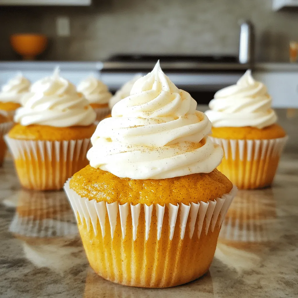Dry Ingredients - 1 cup all-purpose flour - 1 teaspoon baking powder - 1/2 teaspoon baking soda - 1/2 teaspoon salt - 1 tablespoon pumpkin pie spice - 1/2 cup granulated sugar - 1/2 cup packed brown sugar Wet Ingredients - 1/2 cup vegetable oil - 2 large eggs - 1 cup canned pumpkin puree - 1 teaspoon vanilla extract To make pumpkin spice cupcakes, you need both dry and wet ingredients. The dry ingredients create the structure. They include flour, baking powder, baking soda, salt, and spices. The wet ingredients add moisture. They consist of oil, eggs, pumpkin puree, and vanilla extract. Mixing these together gives the cupcakes their fluffy texture and delicious flavor. Main Ingredients - 8 ounces cream cheese, softened - 1/4 cup unsalted butter, softened - 2 cups powdered sugar - 1 teaspoon vanilla extract Optional Garnishes - A pinch of pumpkin pie spice To top your cupcakes, use cream cheese frosting. It adds a rich, tangy taste that pairs well with pumpkin spice. For the frosting, beat cream cheese and butter until fluffy. Then mix in powdered sugar and vanilla extract. A pinch of pumpkin pie spice makes it extra special. You can sprinkle it on top for a lovely finish. First, preheat your oven to 350°F (175°C). This step is key for baking. While it heats, line a muffin pan with cupcake liners. Choose fun or festive designs to brighten your treats. In a medium bowl, whisk the dry ingredients. Combine 1 cup of flour, 1 teaspoon of baking powder, 1/2 teaspoon of baking soda, 1/2 teaspoon of salt, and 1 tablespoon of pumpkin pie spice. Mix until everything is well blended. Set this dry mix aside for later. Next, take a large bowl and mix the sugars and oil. Add 1/2 cup of granulated sugar, 1/2 cup of packed brown sugar, and 1/2 cup of vegetable oil. Use a whisk to blend these until smooth. This mixture should look shiny and inviting. Now, it's time to add the eggs and pumpkin. Crack 2 large eggs into the sugar and oil mix. Beat well after each egg. Then, stir in 1 cup of canned pumpkin puree and 1 teaspoon of vanilla extract. Mix until your batter looks silky and smooth. Gradually fold the dry mix into the wet mix. Be gentle; this helps keep your cupcakes light. Stir just until you see no dry flour. Avoid overmixing to get the best texture. Next, divide the batter into the lined cupcake wells. Fill each about two-thirds full. Bake for 18-20 minutes. Check if they’re done by inserting a toothpick. If it comes out clean, they’re ready! After baking, let the cupcakes rest in the pan for 5 minutes. Then, move them to a wire rack to cool completely. This step is important for good frosting. To make the cream cheese frosting, beat 8 ounces of softened cream cheese and 1/4 cup of softened butter in a clean bowl. Mix until light and fluffy. Gradually add 2 cups of powdered sugar. Keep mixing until creamy. Don't forget to add 1 teaspoon of vanilla extract for extra flavor! Once the cupcakes are cool, it's time to frost them. Use a spatula or a piping bag for this. Spread the cream cheese frosting on each cupcake. Get creative with your designs! Finally, sprinkle a pinch of pumpkin pie spice on top for a nice touch. Enjoy your delicious pumpkin spice cupcakes! Avoiding overmixing Mixing too much can make your cupcakes tough. When you add the dry ingredients to the wet mix, fold gently. Stop when you no longer see dry flour. This keeps the batter light and airy. Ensuring perfect cupcake texture To get a great texture, use room-temperature ingredients. Eggs and pumpkin should not be cold. This helps them combine better. Also, fill the cupcake liners only two-thirds full. This gives them room to rise without overflowing. Achieving a smooth frosting Start with softened cream cheese and butter. Beat them together until fluffy. Gradually add powdered sugar. Mix until you get a creamy texture. If it’s too thick, add a tiny bit of milk to reach your desired consistency. Decorative frosting techniques To make your frosting pretty, use a piping bag. Swirl the frosting on top for a fun look. You can also use a spatula for a rustic finish. Sprinkle a pinch of pumpkin pie spice on top for flair. This adds a nice touch and shows off your baking skills! {{image_4}} You can easily change the taste of your pumpkin spice cupcakes. One fun way is by adding chocolate chips. Just fold in about half a cup of semi-sweet or dark chocolate chips to the batter. This adds a rich twist that pairs well with the pumpkin spice. Another option is to use different spices. If you want a unique flavor, try adding nutmeg or ginger. Just replace the pumpkin pie spice with your favorite blend. This can bring new warmth and depth to each cupcake. If you need gluten-free options, swap the all-purpose flour with a gluten-free blend. Make sure the blend has a good structure for baking. You may also need to add a bit of xanthan gum for better texture. For vegan substitutions, replace the eggs with flax eggs. Mix one tablespoon of ground flaxseed with three tablespoons of water. Let it sit for a few minutes until it thickens. Use a plant-based cream cheese for the frosting. This way, everyone can enjoy these delicious cupcakes! To keep your pumpkin spice cupcakes fresh, store them properly. - Room temperature storage: Place your cupcakes in an airtight container. They can stay at room temperature for 2-3 days. This keeps them soft and tasty. - Refrigeration guidelines: If you want to keep them longer, place the container in the fridge. They can last up to a week in the fridge. Just remember, they may dry out a bit. Freezing is a great option if you have extra cupcakes. - Proper freezing techniques: Allow the cupcakes to cool completely. Then, wrap each cupcake in plastic wrap. Place them in a freezer-safe bag or container. This helps to avoid freezer burn. - Thawing and reheating: When you’re ready to enjoy them, take out the cupcakes. Let them thaw in the fridge overnight. You can warm them slightly in the microwave for a few seconds if you want them cozy. Can I make these cupcakes ahead of time? Yes, you can make these cupcakes ahead of time. Bake them the day before your event. Store them in an airtight container. This keeps them fresh and moist. How do I know when the cupcakes are done? To check if the cupcakes are done, insert a toothpick into the center. If it comes out clean, the cupcakes are ready. They should also spring back when lightly touched. Can I use a different type of frosting? Sure! You can use buttercream or whipped cream instead. Each will give a unique taste. However, cream cheese frosting pairs best with pumpkin spice flavors. How long does cream cheese frosting last? Cream cheese frosting lasts up to one week in the fridge. Store it in an airtight container. If you freeze it, use it within three months for best taste. What can I substitute for pumpkin puree? You can use applesauce or mashed banana. Both options add moisture and sweetness. However, the flavor will change slightly, so keep that in mind. Can I reduce the sugar in the recipe? Yes, you can reduce the sugar. Cutting it by a quarter won't change the texture much. Just remember that less sugar may affect the sweetness. In this post, we explored making delicious pumpkin spice cupcakes. We covered essential ingredients and step-by-step instructions. I shared key tips, frosting ideas, and tasty variations. Finally, I included storage info and answered common questions. Now you're ready to bake and enjoy these treats. Remember, each step matters for great flavor. Try your own twists to make them uniquely yours. Happy baking!