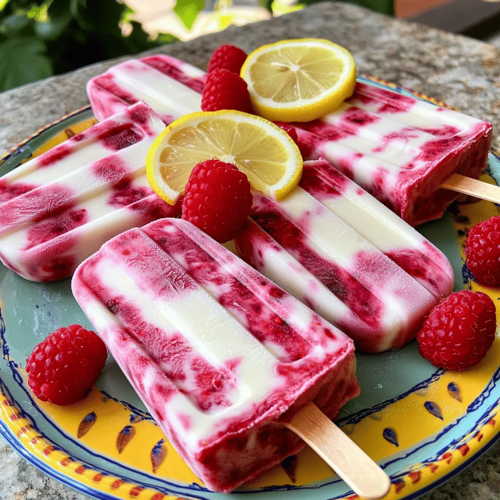 You need 2 cups of fresh raspberries for this recipe. Raspberries are sweet and tart. They add bright flavor and color to the popsicles. Choose ripe ones for the best taste. You can mash them or blend them to make a smooth puree. One cup of plain Greek yogurt gives creaminess to the popsicles. It provides a nice tang that pairs well with the fruit. Greek yogurt is thick and rich. Using it makes your popsicles feel indulgent and satisfying. For sweetness, use 1/2 cup of honey or maple syrup. Honey offers a floral note, while maple syrup gives a deeper flavor. Choose based on your taste. You can also adjust the amount to fit your sweetness level. You need 1/2 cup of freshly squeezed lemon juice. This adds a zesty kick to the mixture. The acidity helps balance the sweetness from the honey or maple syrup. Fresh juice tastes much better than bottled juice. Use 1 teaspoon of lemon zest to enhance the lemon flavor. The zest contains essential oils that give a bright aroma. It also adds visual appeal with tiny flecks of yellow in the popsicles. Add a pinch of salt to the yogurt mixture. Salt helps bring out the flavors in the popsicles. It balances the sweetness and adds depth to each bite. Just a small amount makes a big difference! Start by adding 2 cups of fresh raspberries and 1/2 cup of honey to a blender. Blend until smooth. If you want a seedless puree, pour the mixture through a fine mesh sieve. Press with a spatula to get all the juice. Set the raspberry puree aside. This bright, tart flavor is key to your popsicles. In a medium mixing bowl, whisk together 1 cup of plain Greek yogurt, 1/2 cup of freshly squeezed lemon juice, 1 teaspoon of lemon zest, and a pinch of salt. Mix until it is smooth and creamy. This tangy yogurt base will balance the sweet raspberry puree. Prepare your popsicle mold for layering. Pour a small amount of the yogurt mixture into each mold. Fill them about one-third full. This is your first creamy layer. Then, add a layer of the raspberry puree on top. Use a skewer to gently swirl the two mixtures together for a marbled effect. Continue layering the popsicles. Pour more yogurt mixture to fill each mold two-thirds full. Then, add the last layer of raspberry puree until full. Insert popsicle sticks into the center of each mold. Carefully place the filled molds in the freezer. Let them freeze for at least 4 to 6 hours, or until solid. Once frozen, it’s time to enjoy your popsicles! To remove them, run warm water over the outside of the mold for a few seconds. This will help loosen them for easy removal. Now, you can savor your homemade Raspberry Lemon Yogurt Popsicles! To get the best texture, blend the raspberries smoothly. If you want no seeds, strain the puree. The Greek yogurt gives a creamy feel. Whisk it well with lemon juice and zest. This mix should be smooth and thick. The key is to layer the mixtures well. It creates a nice look and texture when frozen. You can adjust sweetness based on your taste. If you like it sweeter, add more honey. Maple syrup works well if you want a vegan option. For more flavor, try adding vanilla extract or mint. You can also mix in other fruits like strawberries or blueberries. This makes the popsicles even more exciting! You will need a few basic tools. First, get a blender for the raspberry puree. A medium mixing bowl is essential for the yogurt mix. Use a popsicle mold to shape the treats. Popsicle sticks help hold them while freezing. Lastly, have a spatula handy for easy mixing and pouring. These tools will make your process quick and easy! {{image_4}} To make a dairy-free version, you can use coconut yogurt instead of Greek yogurt. This keeps the popsicles creamy and delicious. Coconut yogurt also adds a subtle tropical flavor. You can find this yogurt at most grocery stores. You can mix in other fruits to change the flavor. Strawberries, blueberries, or peaches work well. Simply blend the fruits and follow the same steps. You can layer them with the raspberry and yogurt mixtures for a fun look. Experimenting with different zest can add unique tastes. Orange or lime zest can replace lemon zest. Each option gives a new twist to your popsicles. Try combining different zests for a layered flavor experience. To get the best popsicles, freeze them properly. Use a popsicle mold designed for freezing. Fill each slot carefully, leaving a little space at the top. This allows the mixture to expand while freezing. Place the mold on a flat surface in your freezer. This ensures they freeze evenly. Once your popsicles are frozen solid, you need to store them well. Use airtight containers or freezer bags. Wrap each popsicle in plastic wrap for extra protection. This keeps them safe from freezer burn. Label the containers with the date for easy tracking. Raspberry Lemon Yogurt Popsicles can last about two months in the freezer. After that, they may lose flavor and texture. For the best taste, enjoy them within the first month. Always check for ice crystals or freezer burn before enjoying. If they look or smell off, it’s best to toss them. To stop popsicles from sticking, run warm water over the mold. This warms the outside and helps release the popsicles. You can also lightly grease the molds with a tiny bit of oil before adding the mixture. Just a little will work. Yes, you can use frozen raspberries. They will blend well and still taste great. Just be sure to let them thaw slightly for easier blending. The texture might be a bit different, but the flavor will still shine through. These popsicles can last up to two months in the freezer. Just make sure to store them in an airtight container. This keeps them fresh and prevents freezer burn. Absolutely! You can use strawberries, blueberries, or peaches. Just blend them the same way as the raspberries. Feel free to mix and match for fun flavors! Yes, these popsicles are a healthy treat. They use Greek yogurt, which is rich in protein, and fresh fruit, which adds vitamins. Use honey or maple syrup for natural sweetness, and they are lower in sugar than store-bought pops. In this post, we explored how to make delicious Raspberry Lemon Yogurt Popsicles. We covered key ingredients like fresh raspberries, Greek yogurt, and sweeteners. I shared steps to prepare the puree, mix the yogurt, and freeze the popsicles. Plus, we discussed tips for texture and customizing flavors, along with storage advice. These popsicles are not just tasty; they're also flexible for your dietary needs. Enjoying this treat can be fun and healthy. Give this recipe a try, and let the flavors brighten your day!