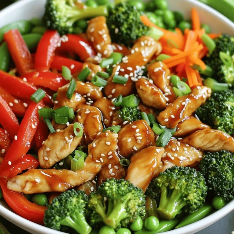 - 1 lb boneless chicken breast, thinly sliced - 2 tablespoons honey - 3 cloves garlic, finely minced - 1 tablespoon soy sauce - 1 red bell pepper, sliced - 1 cup broccoli florets - 1 medium carrot, julienned - ½ cup snap peas - 2 green onions, thinly sliced - Sesame seeds for garnish - 1 tablespoon cornstarch - 1 tablespoon vegetable oil - Salt and black pepper to taste For this Honey Garlic Chicken Stir Fry, I love how simple and fresh all the ingredients are. The chicken breast brings protein, while honey adds a sweet touch. Garlic gives it a nice punch. The soy sauce adds depth and umami. I use vibrant veggies like red bell pepper and broccoli. They add color and crunch. The carrot and snap peas keep it crisp and bright. Green onions are perfect for a fresh finish, and sesame seeds bring a lovely texture. Don’t forget the cornstarch! It helps thicken the sauce and gives the chicken that nice glaze. A splash of vegetable oil helps everything cook evenly in the pan. Adding salt and black pepper enhances all these flavors. Gathering these ingredients makes cooking fun and easy. Each one plays a role in creating a delicious meal that is sure to impress. To start, take 1 pound of thinly sliced chicken breast. In a medium bowl, mix the chicken with 2 tablespoons of honey, 3 cloves of minced garlic, 1 tablespoon of soy sauce, and 1 tablespoon of cornstarch. This mix will coat the chicken well. Let it marinate for at least 15 minutes. This step helps the chicken absorb all the yummy flavors. Next, grab a large skillet or wok. Pour in 1 tablespoon of vegetable oil. Heat it over medium-high heat. Wait until the oil shimmers but does not smoke. This means it's hot enough for cooking. Once the skillet is ready, add the marinated chicken. Spread it out in a single layer. Avoid overcrowding the pan. Sauté the chicken for 5 to 7 minutes. Keep it moving in the pan until it is lightly browned and fully cooked. Check that no pink remains. After cooking, transfer the chicken to a plate and set it aside. In the same skillet, toss in the sliced red bell pepper, 1 cup of broccoli florets, the julienned carrot, and ½ cup of snap peas. Stir-fry these veggies for about 3 to 5 minutes. You want them to be tender yet still slightly crisp. Stir them often to cook evenly. Now, return the cooked chicken to the skillet with the veggies. Toss everything together well. Let it cook for an additional 2 minutes. This helps all the flavors blend. Add salt and black pepper to taste. Adjust it based on how you like it. Before serving, sprinkle the stir fry with sliced green onions and sesame seeds. This adds a nice crunch and makes the dish look pretty. Serve it hot and enjoy your delicious meal! For stir frying, use a large skillet or a wok. A wok gives you more space to cook. High heat is key for quick cooking. It helps the food brown nicely while keeping it tender. Marinate the chicken for at least 15 minutes. This step builds flavor and makes the chicken tender. You can also add a splash of rice vinegar or chili flakes to the mix for extra taste. Serve your stir fry with rice or noodles. They soak up the sauce and balance the meal. To plate, use shallow bowls and drizzle some sauce on top. Top with green onions and sesame seeds for a nice look. Enjoy! {{image_4}} You can switch the chicken for beef, shrimp, or tofu. Each choice gives a new twist. If you use beef, slice it thinly for quick cooking. Shrimp cooks fast, so add it last. For tofu, press it first to remove water, then cube and sauté. Adjust cooking times: beef may take a bit longer, while shrimp cooks in just a few minutes. Changing the vegetables can change the whole dish. Try adding bell peppers, zucchini, or snap peas. Broccoli loves company, so add spinach or green beans for variety. Use seasonal veggies to bring fresh flavors. In summer, cherry tomatoes and corn shine. In winter, root veggies like carrots and parsnips add heartiness. You can tweak the sauce for a new taste. For a sweeter sauce, add more honey or a splash of orange juice. For a savory kick, mix in oyster sauce or hoisin sauce. Want heat? Add red pepper flakes or sriracha. These small changes can create a new vibe for your stir fry. To store leftover Honey Garlic Chicken Stir Fry, let it cool first. Place it in an airtight container. This helps keep the flavors fresh. You can use glass or plastic containers. Make sure the lid fits tightly to avoid moisture loss. Store it in the fridge for up to three days. Yes, you can freeze Honey Garlic Chicken Stir Fry. To do this, let it cool completely. Then, place it in a freezer-safe bag or container. Squeeze out as much air as possible. This prevents freezer burn. When ready to eat, thaw it in the fridge overnight. Reheat in a skillet over medium heat until hot. In the fridge, the stir fry lasts for about three days. After that, the quality may decline. Signs of spoilage include a sour smell or off-color. If the chicken feels slimy, it's best to throw it away. Always trust your senses when checking food freshness. You can serve Honey Garlic Chicken Stir Fry with several tasty side dishes. Here are some great options: - Steamed jasmine rice or brown rice - Fried rice with vegetables - Noodles, like udon or rice noodles - A fresh green salad with a light dressing - Egg rolls or spring rolls for a crunchy treat These sides balance the sweet and savory flavors of the stir fry. Yes, you can prepare this dish beforehand. Here are some tips for meal prep: - Marinate the chicken and store it in the fridge for up to 24 hours. - Chop the vegetables a day ahead and keep them in an airtight container. - Cook the stir fry and keep it in the fridge for up to three days. - Reheat it in a skillet or microwave before serving. Planning ahead makes busy nights so much easier! You can easily adapt this recipe for a gluten-free diet. Consider these ingredient swaps: - Use tamari instead of soy sauce. - Check that your cornstarch is gluten-free. - Pair with gluten-free noodles or rice. These changes keep the dish delicious without gluten. Yes, this stir fry works great for meal prep! Here’s how to store it: - Let it cool completely before storing. - Use airtight containers for the fridge or freezer. - It lasts up to three days in the fridge and up to three months in the freezer. Reheat in a skillet or microwave until hot. Absolutely! Adding more vegetables boosts flavor and nutrition. Here are some options: - Baby corn for a sweet crunch - Zucchini, sliced thin - Mushrooms for an earthy flavor - Snap peas or green beans for a crisp bite Just chop them and add them during the stir-fry step. Enjoy customizing your dish! This blog post provided a clear guide to making Honey Garlic Chicken Stir Fry. We explored the main ingredients, step-by-step instructions, and useful tips. You learned how to customize the dish with different proteins and veggies, as well as proper storage methods. Now, get creative in your kitchen! Try out new ingredients or variations. Enjoy the tasty results and share your creations with friends and family. Happy cooking!