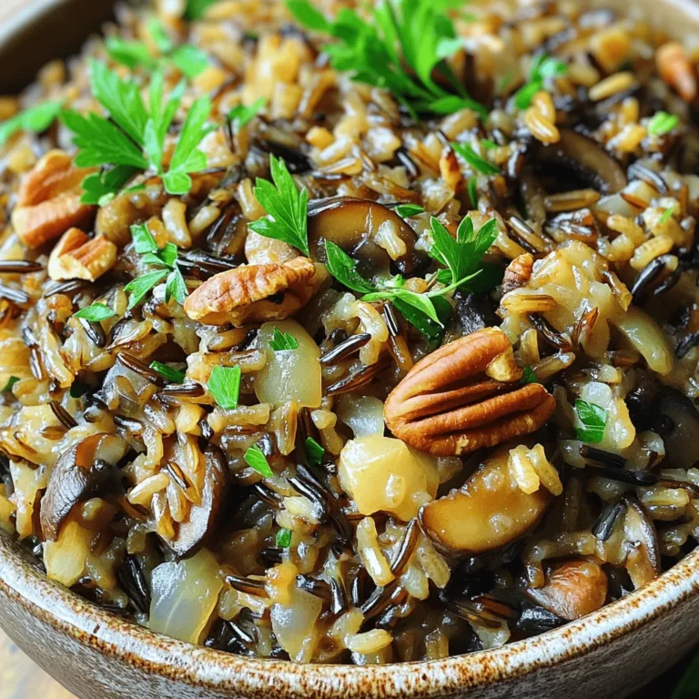 To make a tasty Wild Rice Mushroom Pilaf, you will need these main items: - 1 cup wild rice blend - 4 cups vegetable broth - 8 ounces mushrooms (cremini or button), sliced - 1 medium onion, finely chopped - 2 cloves garlic, minced - 2 tablespoons olive oil - 1 teaspoon dried thyme - 1 teaspoon dried rosemary - Salt and pepper to taste These ingredients bring out the best flavors in your dish. The wild rice blend gives a nutty taste, while the mushrooms add a rich depth. Onions and garlic provide a savory base, and the herbs give it a fresh kick. You can make your pilaf even better with these optional items: - ½ cup pecans, chopped - Fresh parsley, chopped for garnish Pecans add a nice crunch and extra flavor. Fresh parsley brightens up the dish and makes it look pretty. Choosing the right rice blend is key. Wild rice is unique. It has a chewy texture and a nutty taste. You can mix it with brown rice for a softer bite. This blend will cook well together, giving you a great texture. Always rinse the rice before cooking. This step removes extra starch and helps it cook fluffy. First, rinse 1 cup of wild rice blend under cold water. This step is key for removing extra starch. It helps the rice stay fluffy and light. Next, bring 4 cups of vegetable broth to a boil in a medium pot. Once boiling, add the rinsed rice and stir gently. Lower the heat to a simmer, cover the pot, and let it cook for 40 to 50 minutes. The rice will be tender when done and will split open. After cooking, keep it covered for an extra 10 minutes to steam. While the rice cooks, heat 2 tablespoons of olive oil in a large skillet over medium heat. Add 1 medium onion, finely chopped, and sauté for about 5 minutes. The onion should turn translucent and smell great. Now, add 2 minced garlic cloves and cook for another minute. The garlic will smell amazing, but watch it closely to prevent burning. After the garlic, add 8 ounces of sliced mushrooms to the skillet. Cook for 8 to 10 minutes, stirring occasionally. The mushrooms will lose moisture and turn brown. Season the mixture with 1 teaspoon each of dried thyme and rosemary, plus salt and pepper to taste. Stir well to mix in the herbs. When the wild rice is ready, fluff it with a fork. Carefully mix the rice into the skillet with the mushrooms. If you like, add ½ cup of chopped pecans for extra crunch. Stir until everything is well combined. Taste the pilaf and adjust the seasoning if needed. Let it rest for a few minutes before serving. This step helps the flavors blend beautifully. To make sure your wild rice is fluffy, start by rinsing it. Rinse it under cold water to wash away the extra starch. This step helps the rice not stick together. After rinsing, use four cups of vegetable broth for cooking. Once it boils, add the rice and stir gently. Cover and simmer it on low heat for 40 to 50 minutes. When finished, let it sit covered for 10 extra minutes. This steaming step keeps the rice light and fluffy. You can easily enhance the flavors in this dish. For a richer taste, try adding a splash of white wine when cooking the mushrooms. You might also swap dried herbs for fresh ones. Fresh thyme and rosemary give a more vibrant flavor. If you want a bit of heat, sprinkle in some red pepper flakes. For added crunch, toss in the optional pecans. They add a nice nutty flavor to the dish. Serving your wild rice mushroom pilaf in a beautiful way makes it more appetizing. Use a large serving bowl to display the pilaf. Before serving, garnish it with fresh parsley. This adds a pop of color and freshness. Consider sprinkling extra chopped pecans on top for texture. This makes the dish look more inviting and delicious. Enjoy sharing this vibrant dish with friends and family! {{image_4}} You can change the flavor by using different mushrooms. Cremini mushrooms give a deep taste. Button mushrooms are lighter but still tasty. Try shiitake for a rich, earthy flavor. If you want a unique touch, use oyster mushrooms. Each type adds its own twist to the dish. You can add protein to make this dish more filling. Cook diced chicken breast in the skillet before adding mushrooms. This gives a nice texture and flavor. If you prefer plant-based options, use tofu. Press and cube the tofu, then sauté until golden. Both options make the pilaf more nutritious. Adding seasonal veggies can brighten up the pilaf. In spring, stir in peas or asparagus. Summer calls for zucchini or bell peppers. In fall, add roasted squash or carrots. Each vegetable adds color and health benefits. You can mix and match to fit your taste and the season. After enjoying your Wild Rice Mushroom Pilaf, let it cool down. Then, place the leftovers in an airtight container. This helps keep the dish fresh. Store it in the fridge for up to four days. If you want to keep it longer, consider freezing it. To reheat the pilaf, use the stovetop or microwave. On the stovetop, add a splash of vegetable broth. Warm it over low heat, stirring often. If using a microwave, place the pilaf in a safe bowl. Cover it with a damp paper towel and heat for 1-2 minutes. Make sure it’s hot all the way through before serving. To freeze Wild Rice Mushroom Pilaf, use a freezer-safe container. Divide it into portions for easy meals later. Seal the container tightly and label it with the date. You can freeze it for up to three months. When ready to eat, thaw it in the fridge overnight before reheating. You can serve this pilaf with many tasty dishes. Grilled chicken pairs well with it. A fresh salad adds a nice crunch. Roasted vegetables also make a great side. You might enjoy it with fish, too. It works well as a base for stir-fried greens or tofu, adding more nutrients. Yes, you can make this dish ahead of time. Cook the pilaf and store it in the fridge. It stays fresh for up to three days. When ready to eat, reheat it gently. You can add a splash of vegetable broth to keep it moist. This recipe is already vegan! All the ingredients are plant-based. Use vegetable broth to keep it vegan-friendly. You can also add more veggies like spinach or carrots for extra flavor and nutrition. Enjoy the rich taste without any animal products! This blog post covered the essential ingredients and steps to make wild rice mushroom pilaf. You learned about key ingredients, helpful tips, and variations to customize your dish. I shared storage tips to keep your leftovers fresh and answered common questions. Making this pilaf is simple and fun. With practice, you can impress others with your cooking. Try different ingredients and share your creations. Enjoy all the flavorful options wild rice mushroom pilaf offers!