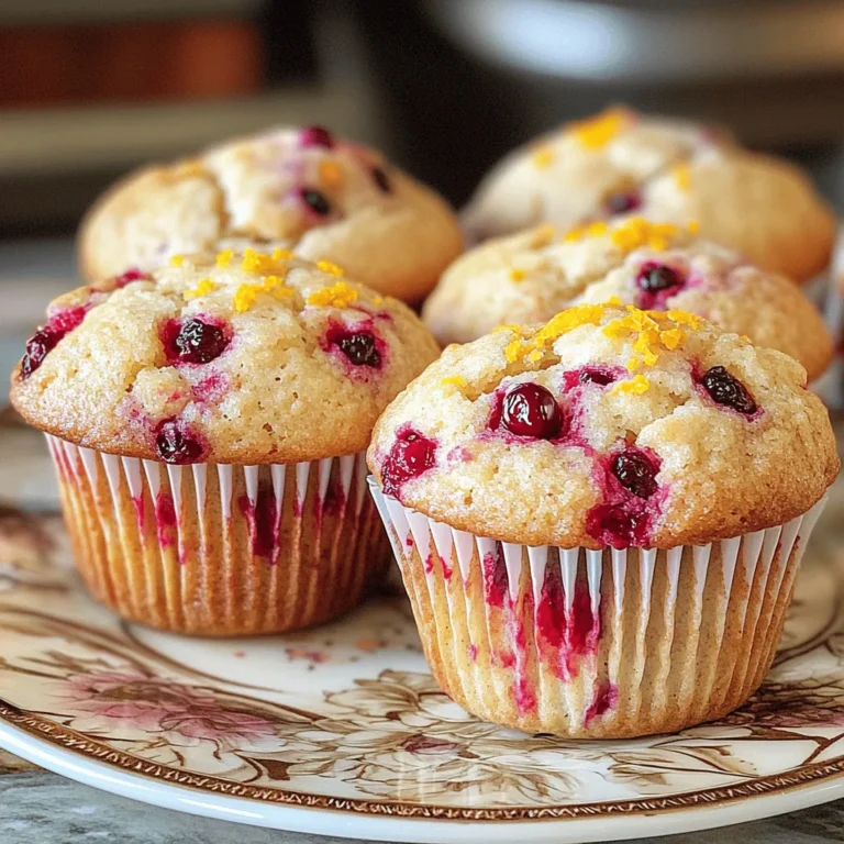 - 2 cups all-purpose flour - 1 tablespoon baking powder - ½ teaspoon baking soda - ½ teaspoon salt - ¾ cup granulated sugar - 1 large egg - 1 cup buttermilk - ½ cup vegetable oil - Zest of 1 orange - 1 cup fresh cranberries, chopped - ½ cup chopped walnuts (optional) - 1 teaspoon vanilla extract - 2 tablespoons orange juice (freshly squeezed) For this recipe, I recommend using fresh cranberries when they are in season. Their tartness brightens the muffins. If fresh cranberries are not available, frozen cranberries work well too. Just chop them while still frozen. This keeps them from turning mushy in the batter. When it comes to flour, you can use all-purpose flour, but if you need a gluten-free option, try a gluten-free all-purpose blend. The key is to ensure it contains xanthan gum for proper texture. If you want to make these muffins vegan, replace the egg with a flax egg (1 tablespoon flaxseed meal mixed with 2.5 tablespoons water). Use plant-based milk instead of buttermilk and a neutral oil like coconut or canola. Make sure to choose high-quality ingredients. Fresh oranges for zest and juice add a vibrant flavor. The zest brings a bright note, so don’t skip it! If you like a nutty crunch, the walnuts are a great add-in, but you can leave them out if you prefer. These simple choices create delicious cranberry orange muffins. 1. Preheat your oven to 375°F (190°C). 2. Prepare a 12-cup muffin tin. You can use paper liners or spray it with non-stick spray. 3. In a medium bowl, whisk together: - 2 cups all-purpose flour - 1 tablespoon baking powder - ½ teaspoon baking soda - ½ teaspoon salt 4. Set this dry mixture aside for later. 5. In a large bowl, beat together: - ¾ cup granulated sugar - 1 large egg 6. Mix until fluffy and well combined. 7. Add to the egg mixture: - 1 cup buttermilk - ½ cup vegetable oil - Zest of 1 orange - 1 teaspoon vanilla extract - 2 tablespoons orange juice 8. Stir until smooth. 9. Gradually fold in the dry ingredients. Stop mixing once combined, even if lumps remain. 10. Gently fold in: - 1 cup chopped fresh cranberries - ½ cup chopped walnuts (optional) 11. Use a spoon or cookie scoop to fill each muffin cup about two-thirds full. 1. Place the muffin tin in the preheated oven. 2. Bake for 18-20 minutes. 3. To check if they are done, insert a toothpick into the center of a muffin. It should come out clean. 1. Let the muffins cool in the tin for about 5 minutes. 2. Transfer them to a wire rack for complete cooling. This helps keep them moist. 3. Serve warm on a decorative plate. 4. Garnish with extra orange zest for a pop of color. 5. For a sweet touch, drizzle a light icing made from powdered sugar and orange juice. - Overmixing the batter: This leads to tough muffins. Mix until just combined. - Not measuring ingredients accurately: Use measuring cups and spoons. This ensures perfect results. - Suggestions for adding spices: Try adding a dash of cinnamon or nutmeg. These spices boost the flavor. - Tips for keeping muffins moist: Use buttermilk and oil. They help create a tender texture. - Importance of ingredient temperature: Use room temperature eggs and buttermilk. This helps the batter blend better. - Using the correct muffin tin size: A standard 12-cup tin works best. This helps muffins rise evenly. {{image_4}} You can mix it up with different fruits. Try using blueberries or diced apples. Both add a nice twist to your muffins. If you enjoy nuts, consider adding chopped pecans or almonds. These nuts add a satisfying crunch to each bite. For a vegan version, replace the egg with a flax egg. Mix one tablespoon of flaxseed meal with three tablespoons of water. Let it sit for a few minutes to thicken. Use non-dairy milk instead of buttermilk. For a low-sugar version, swap granulated sugar with a sugar substitute. You can also use mashed bananas for sweetness. Make holiday-themed muffins by adding cinnamon or nutmeg. These spices bring warmth and comfort to your treats. You can also fold in some chopped dried fruit, like apricots or figs, for a festive touch. For spring, consider adding lemon zest along with the orange for a fresh flavor profile. Store your cranberry orange muffins in an airtight container. This keeps them fresh. Use a cool, dry place to maintain their taste. If you have leftover muffins, place parchment paper between layers. This helps prevent sticking. You can also use a zip-top bag for easy storage. To freeze muffins, let them cool completely. Wrap each muffin tightly in plastic wrap. Then, place them in a freezer-safe bag or container. This helps avoid freezer burn. You can freeze muffins for up to three months. When ready to eat, thaw them in the fridge overnight. To reheat muffins, use an oven or microwave. For the oven, preheat to 350°F (175°C). Wrap muffins in foil to keep them moist. Heat for about 10 minutes. In the microwave, place a muffin on a plate. Heat for about 15-20 seconds. Enjoy warm and fresh! You can tell your muffins are done by looking for a few signs. First, the tops should be golden brown. Second, they should spring back when lightly pressed. Lastly, you can use the toothpick test. Insert a toothpick into the center of a muffin. If it comes out clean, the muffins are done. If it has wet batter, bake them a bit longer. Keep an eye on them after 18 minutes. Yes, you can use frozen cranberries in your muffins. Just make sure to rinse them well under cold water. This helps reduce extra moisture in the batter. You might need to bake them a bit longer. Check for doneness a few minutes after the suggested bake time. Frozen cranberries will still give you that tart taste. Cranberry orange muffins last for about 3 to 5 days at room temperature. Keep them in an airtight container to stay fresh. If you want to keep them longer, store them in the fridge for up to a week. For best quality, freeze them. They can last for about 3 months in the freezer. Just wrap them tightly in plastic wrap and place them in a freezer bag. In this article, we covered essential ingredients for muffin making and shared step-by-step instructions. You learned common mistakes to avoid and how to enhance flavor. Variations help you customize muffins for any taste or diet. Storing and reheating tips keep your muffins fresh longer. Muffins are fun to bake and share. With these tips, you’ll bake delicious treats every time. Enjoy creating new flavors and sharing them with friends and family!