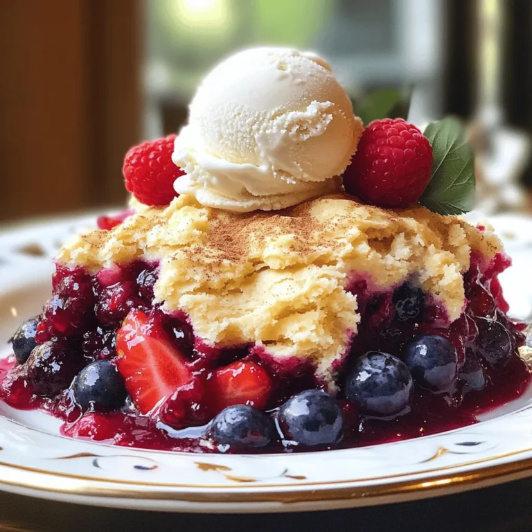 For this cobbler, you need three kinds of fresh berries: - 1 cup strawberries, hulled and cut in half - 1 cup blueberries - 1 cup raspberries These berries add color and flavor to the dish. They also create a lovely mix of sweet and tart tastes. To sweeten and flavor the cobbler, you will need: - 1/2 cup granulated sugar (divided) - 1 tablespoon cornstarch - 1 teaspoon freshly squeezed lemon juice - 1 teaspoon pure vanilla extract - 1/2 teaspoon ground cinnamon The sugar helps to balance the tartness of the berries. Cornstarch thickens the filling, while lemon juice adds brightness. For the batter, gather these dry ingredients: - 1 cup all-purpose flour - 1 teaspoon baking powder - 1/2 teaspoon baking soda - 1/4 teaspoon salt And these wet ingredients: - 1/4 cup unsalted butter, melted - 3/4 cup buttermilk The flour creates the base for the cobbler. Baking powder and baking soda help it rise, while the buttermilk keeps it moist. Start by preheating your oven to 350°F (175°C). This setting helps the cobbler cook evenly. While the oven warms up, lightly grease an 8x8 inch baking dish. Use butter or non-stick spray to prevent sticking. This step saves you from a messy cleanup later. Next, gather your fresh berries. You need 1 cup each of strawberries, blueberries, and raspberries. For the strawberries, hull and cut them in half. In a medium bowl, combine all the berries. Add 1/4 cup of sugar, 1 tablespoon of cornstarch, and 1 teaspoon of lemon juice. Toss the mixture gently. Let it sit for about 10 minutes. This waiting time allows the berries to release their juices. In a large bowl, whisk together 1 cup of all-purpose flour, 1 teaspoon of baking powder, 1/2 teaspoon of baking soda, 1/4 teaspoon of salt, and 1/2 teaspoon of ground cinnamon. In another bowl, mix the remaining 1/4 cup of sugar with 1/4 cup of melted butter, 3/4 cup of buttermilk, and 1 teaspoon of vanilla extract. Stir until smooth. Gradually combine the wet and dry mixtures. Be careful not to overmix; some lumps are okay. Now, pour the berry mixture into the greased dish. Spread the berries evenly. Pour the cobbler batter over the berries, covering them well. Bake in the preheated oven for 35-40 minutes. The top should turn golden brown. To check if it's done, insert a toothpick. If it comes out clean, your cobbler is ready. Once baked, let it cool for about 10 minutes before serving. To get a great cobbler texture, you need to mix just right. When you combine the wet and dry ingredients, stir gently. A few lumps are fine. If you overmix, the cobbler can turn tough. You want a soft and tender top that contrasts with the juicy berries below. This balance is key to a perfect cobbler. A runny filling can spoil your cobbler. To fix this, use cornstarch. It helps thicken the berry juices. Combine it with sugar and let the berries sit for ten minutes. This step allows them to release some juice, which thickens as it bakes. Use just the right amount of sugar too. Too much sugar can create extra liquid. Serving your cobbler can be fun! A warm slice of cobbler is best with vanilla ice cream. The cold ice cream melts slightly, creating a creamy mix. You can also add fresh berries on top for color. A sprinkle of mint leaves adds a nice touch too. This makes your dessert look and taste great! {{image_4}} You can switch up the berries in this recipe. Try blackberries, cherries, or even peaches. Each fruit gives a unique flavor. Blackberries add a tangy twist, while cherries bring sweetness. You can mix and match according to your taste. Just keep the same total amount of fruit. This way, your cobbler stays balanced and delicious. If you need a gluten-free option, use almond flour or a gluten-free blend. Almond flour gives a nutty taste. Make sure to adjust the liquid since almond flour absorbs moisture differently. A gluten-free blend is a great choice, too. Just read the package for the right amount. This keeps your cobbler light and fluffy without gluten. To make this cobbler vegan, swap out butter and buttermilk. Use coconut oil or vegan butter in place of butter. For buttermilk, mix almond milk with a bit of vinegar. Let it sit for a few minutes to sour. This gives you the creamy texture you need. Your cobbler will still taste great, and everyone can enjoy it! To store leftover cobbler, let it cool completely. Then, cover the dish with plastic wrap or aluminum foil. You can also transfer it to an airtight container. Store it in the fridge for up to three days. This keeps the cobbler fresh and tasty. When you are ready to enjoy the cobbler again, preheat your oven to 350°F (175°C). Place the cobbler in an oven-safe dish. Heat it for about 15-20 minutes or until warm. You can also use the microwave. Heat in short bursts of 30 seconds, checking to avoid overheating. You can freeze cobbler for later. First, let it cool completely. Cut it into serving sizes for easy thawing. Wrap each piece in plastic wrap, then place them in a freezer bag. Make sure to squeeze out extra air before sealing. It can last up to three months in the freezer. When ready to eat, thaw it in the fridge overnight and reheat as mentioned. Yes, you can use frozen berries. They are convenient and save time. Just make sure to thaw and drain them first. This helps avoid too much liquid in your cobbler. Using frozen berries may change the texture slightly, but the taste will still be delicious. You can tell the cobbler is done when the top is golden brown. Insert a toothpick into the center. If it comes out clean, your cobbler is ready. The fruit should also be bubbling slightly around the edges. Triple Berry Cobbler goes great with ice cream. Vanilla is a classic choice. Whipped cream also works well. You can serve it with a drizzle of caramel sauce for added sweetness. Fresh mint adds a nice touch too. Yes, you can prepare the berry mixture in advance. Store it in the fridge for up to a day. You can also make the batter ahead, but bake it fresh for the best taste. Just combine them and bake when you are ready to enjoy. You learned how to make a delicious triple berry cobbler using fresh berries and simple steps. We covered the ingredients, from sweeteners to dry and wet mixes. I shared tips to get that perfect texture and avoid runny filling. You also discovered variations and storage methods to enjoy later. Now, it’s your turn to create this tasty dish. With the right ingredients and techniques, your cobbler will be a hit! Enjoy the process and share it with others.