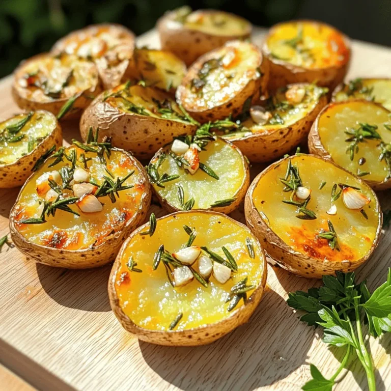 To make Garlic Herb Roasted Baby Potatoes, you will need: - 1.5 lbs baby potatoes, halved - 4 cloves garlic, finely minced - 3 tablespoons extra virgin olive oil - 1 tablespoon fresh rosemary, finely chopped - 1 tablespoon fresh thyme, finely chopped - 1 teaspoon sea salt - 1/2 teaspoon freshly ground black pepper - 1 teaspoon smoked paprika - Fresh parsley, chopped, for garnish These ingredients bring out the best flavor in the potatoes. The garlic adds a nice kick, while the herbs give a fresh taste. If you want to change things up, here are some alternatives: - You can use avocado oil instead of olive oil for a different flavor. - Swap rosemary for oregano or basil if you prefer. - For a spicy twist, try adding red pepper flakes. These substitutions help you customize the dish to fit your taste or dietary needs. Here are the tools you will need: - A large mixing bowl - A spatula for tossing - A baking sheet - Parchment paper - A sharp knife for cutting potatoes - A measuring spoon Having these tools ready makes the cooking process smooth and easy. Start by preheating your oven to 400°F (200°C). This temperature is key for roasting. It helps cook the potatoes evenly and creates a crispy outer layer. A hot oven makes a big difference in how your potatoes turn out. Wash 1.5 lbs of baby potatoes under cold water. This removes dirt and any residue. Next, cut each potato in half. This helps them cook faster and allows the flavors to soak in. After cutting, dry them with a clean towel. Dry potatoes will roast better, giving you that perfect texture. In a large bowl, add the halved baby potatoes. Now, it’s time to add flavor! Toss in 4 cloves of finely minced garlic. Then, drizzle in 3 tablespoons of extra virgin olive oil. Next, add 1 tablespoon each of finely chopped rosemary and thyme. Don’t forget 1 teaspoon of sea salt and 1/2 teaspoon of black pepper. For a warm flavor, add 1 teaspoon of smoked paprika. Mix everything well using your hands or a spatula. Make sure every potato is coated with the herbs and spices for the best taste. When choosing baby potatoes, look for ones that are firm and smooth. Avoid any potatoes with blemishes or green spots. The best choices are those that are small and evenly sized, as they cook more evenly. Varieties like Yukon Gold or red baby potatoes work great. These types have creamy flesh and a lovely flavor that pairs well with herbs. To get that perfect crispy texture, make sure to spread the potatoes in a single layer on the baking sheet. Crowding them can lead to steaming instead of roasting. Use enough olive oil to coat each potato, which helps them brown nicely. Toss them halfway through cooking to ensure all sides get golden. A sprinkle of smoked paprika also adds a nice crispy texture and flavor. Garlic herb roasted baby potatoes pair well with many dishes. They go great with grilled chicken or steak, bringing color and flavor to your plate. You can also serve them alongside a fresh salad or grilled veggies for a lighter meal. For a full feast, add a creamy dip or sauce for extra taste. Don't forget to garnish with fresh parsley for a pop of color and fresh flavor! {{image_4}} You can change up the flavor of your garlic herb roasted baby potatoes by using different herbs and spices. Here are a few ideas to try: - Oregano: Adds a warm, earthy taste. - Basil: Great for a fresh, sweet flavor. - Cilantro: Gives a bright, zesty touch. - Chili Flakes: For a spicy kick. Feel free to mix and match to find your favorite combo! Roasting other veggies with your potatoes can create a colorful and tasty dish. Here are some great options: - Carrots: Sweet and tender when roasted. - Bell Peppers: Add a splash of color and flavor. - Zucchini: Soft and delicious alongside potatoes. - Onions: Sweetens up and adds depth. Just make sure to cut them into similar sizes for even cooking! You can easily adapt this recipe for different diets. Here’s how: - Vegan: Use olive oil and skip any dairy. - Gluten-Free: This recipe is naturally gluten-free! - Low-Carb: Try using cauliflower instead of potatoes. These tweaks help you enjoy this dish no matter your eating style! To keep your garlic herb roasted baby potatoes fresh, store them in an airtight container. Let them cool before sealing. Place the container in the fridge. They will stay good for about 3 to 5 days. If you notice any signs of spoilage like a sour smell or mold, throw them out. To reheat, use an oven or a skillet. Preheat your oven to 350°F (175°C). Spread the potatoes on a baking sheet. Heat for about 10 to 15 minutes. You want them warm and crispy. If using a skillet, add a bit of oil and stir over medium heat until warmed through. This keeps the texture nice. Yes, you can freeze garlic herb roasted baby potatoes. First, let them cool completely. Then, place them in a freezer bag. Squeeze out as much air as possible before sealing. They can last up to 2 months in the freezer. When ready to eat, thaw them in the fridge overnight. Reheat in the oven or skillet for the best texture. Yes, you can prepare Garlic Herb Roasted Baby Potatoes in advance. Cook them as directed, then let them cool. Once cooled, store them in an airtight container in the fridge. They will stay fresh for a few days. Reheat them in the oven for best results. Garlic Herb Roasted Baby Potatoes last about 3 to 5 days in the fridge. Look for signs of spoilage, like an off smell or a slimy texture. If they smell bad or look strange, it’s best to toss them out. If you can't find baby potatoes, try using small red or yellow potatoes. Cut them into similar sizes for even cooking. You can also use fingerling potatoes, which have a lovely shape and flavor. Garlic Herb Roasted Baby Potatoes are simple yet full of flavor. You will start by preheating your oven to 400°F (200°C). While it warms up, wash and halve the baby potatoes. In a bowl, mix the halved potatoes with minced garlic, olive oil, fresh rosemary, fresh thyme, sea salt, black pepper, and smoked paprika. Toss everything well to coat the potatoes. After that, place them on a lined baking sheet in a single layer. Roast in the oven for 25-30 minutes. Halfway through, stir the potatoes to ensure even cooking. Once golden and tender, let them cool for a few minutes. Finally, garnish with fresh parsley before serving. - Prep Time: 10 minutes - Total Time: 40 minutes - Servings: 4 You can find more details in the sections below: - [Ingredients](#ingredients) - [Step-by-Step Instructions](#step-by-step-instructions) - [Tips & Tricks](#tips--tricks) - [Variations](#variations) - [Storage Info](#storage-info) - [FAQs](#faqs) Garlic Herb Roasted Baby Potatoes are simple to make and delicious. We covered all you need, from ingredients to cooking tips. Remember to pick fresh baby potatoes and mix flavors to keep it fun. These potatoes pair well with many meals, making them a great side dish. Keep any leftovers in the fridge for later. You can even freeze them! Now, you can impress family and friends with your cooking skills. Enjoy every crispy bite!