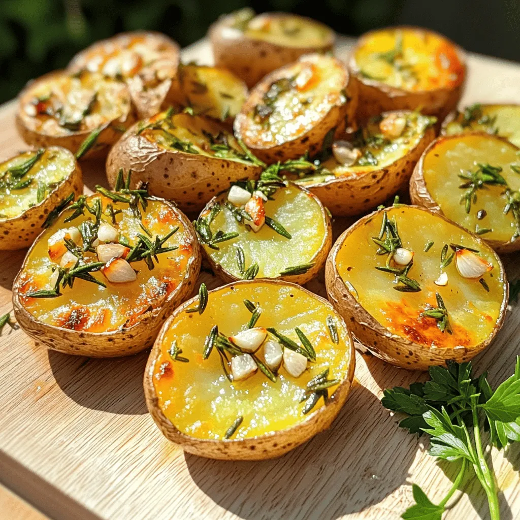 To make Garlic Herb Roasted Baby Potatoes, you will need: - 1.5 lbs baby potatoes, halved - 4 cloves garlic, finely minced - 3 tablespoons extra virgin olive oil - 1 tablespoon fresh rosemary, finely chopped - 1 tablespoon fresh thyme, finely chopped - 1 teaspoon sea salt - 1/2 teaspoon freshly ground black pepper - 1 teaspoon smoked paprika - Fresh parsley, chopped, for garnish These ingredients bring out the best flavor in the potatoes. The garlic adds a nice kick, while the herbs give a fresh taste. If you want to change things up, here are some alternatives: - You can use avocado oil instead of olive oil for a different flavor. - Swap rosemary for oregano or basil if you prefer. - For a spicy twist, try adding red pepper flakes. These substitutions help you customize the dish to fit your taste or dietary needs. Here are the tools you will need: - A large mixing bowl - A spatula for tossing - A baking sheet - Parchment paper - A sharp knife for cutting potatoes - A measuring spoon Having these tools ready makes the cooking process smooth and easy. Start by preheating your oven to 400°F (200°C). This temperature is key for roasting. It helps cook the potatoes evenly and creates a crispy outer layer. A hot oven makes a big difference in how your potatoes turn out. Wash 1.5 lbs of baby potatoes under cold water. This removes dirt and any residue. Next, cut each potato in half. This helps them cook faster and allows the flavors to soak in. After cutting, dry them with a clean towel. Dry potatoes will roast better, giving you that perfect texture. In a large bowl, add the halved baby potatoes. Now, it’s time to add flavor! Toss in 4 cloves of finely minced garlic. Then, drizzle in 3 tablespoons of extra virgin olive oil. Next, add 1 tablespoon each of finely chopped rosemary and thyme. Don’t forget 1 teaspoon of sea salt and 1/2 teaspoon of black pepper. For a warm flavor, add 1 teaspoon of smoked paprika. Mix everything well using your hands or a spatula. Make sure every potato is coated with the herbs and spices for the best taste. When choosing baby potatoes, look for ones that are firm and smooth. Avoid any potatoes with blemishes or green spots. The best choices are those that are small and evenly sized, as they cook more evenly. Varieties like Yukon Gold or red baby potatoes work great. These types have creamy flesh and a lovely flavor that pairs well with herbs. To get that perfect crispy texture, make sure to spread the potatoes in a single layer on the baking sheet. Crowding them can lead to steaming instead of roasting. Use enough olive oil to coat each potato, which helps them brown nicely. Toss them halfway through cooking to ensure all sides get golden. A sprinkle of smoked paprika also adds a nice crispy texture and flavor. Garlic herb roasted baby potatoes pair well with many dishes. They go great with grilled chicken or steak, bringing color and flavor to your plate. You can also serve them alongside a fresh salad or grilled veggies for a lighter meal. For a full feast, add a creamy dip or sauce for extra taste. Don't forget to garnish with fresh parsley for a pop of color and fresh flavor! {{image_4}} You can change up the flavor of your garlic herb roasted baby potatoes by using different herbs and spices. Here are a few ideas to try: - Oregano: Adds a warm, earthy taste. - Basil: Great for a fresh, sweet flavor. - Cilantro: Gives a bright, zesty touch. - Chili Flakes: For a spicy kick. Feel free to mix and match to find your favorite combo! Roasting other veggies with your potatoes can create a colorful and tasty dish. Here are some great options: - Carrots: Sweet and tender when roasted. - Bell Peppers: Add a splash of color and flavor. - Zucchini: Soft and delicious alongside potatoes. - Onions: Sweetens up and adds depth. Just make sure to cut them into similar sizes for even cooking! You can easily adapt this recipe for different diets. Here’s how: - Vegan: Use olive oil and skip any dairy. - Gluten-Free: This recipe is naturally gluten-free! - Low-Carb: Try using cauliflower instead of potatoes. These tweaks help you enjoy this dish no matter your eating style! To keep your garlic herb roasted baby potatoes fresh, store them in an airtight container. Let them cool before sealing. Place the container in the fridge. They will stay good for about 3 to 5 days. If you notice any signs of spoilage like a sour smell or mold, throw them out. To reheat, use an oven or a skillet. Preheat your oven to 350°F (175°C). Spread the potatoes on a baking sheet. Heat for about 10 to 15 minutes. You want them warm and crispy. If using a skillet, add a bit of oil and stir over medium heat until warmed through. This keeps the texture nice. Yes, you can freeze garlic herb roasted baby potatoes. First, let them cool completely. Then, place them in a freezer bag. Squeeze out as much air as possible before sealing. They can last up to 2 months in the freezer. When ready to eat, thaw them in the fridge overnight. Reheat in the oven or skillet for the best texture. Yes, you can prepare Garlic Herb Roasted Baby Potatoes in advance. Cook them as directed, then let them cool. Once cooled, store them in an airtight container in the fridge. They will stay fresh for a few days. Reheat them in the oven for best results. Garlic Herb Roasted Baby Potatoes last about 3 to 5 days in the fridge. Look for signs of spoilage, like an off smell or a slimy texture. If they smell bad or look strange, it’s best to toss them out. If you can't find baby potatoes, try using small red or yellow potatoes. Cut them into similar sizes for even cooking. You can also use fingerling potatoes, which have a lovely shape and flavor. Garlic Herb Roasted Baby Potatoes are simple yet full of flavor. You will start by preheating your oven to 400°F (200°C). While it warms up, wash and halve the baby potatoes. In a bowl, mix the halved potatoes with minced garlic, olive oil, fresh rosemary, fresh thyme, sea salt, black pepper, and smoked paprika. Toss everything well to coat the potatoes. After that, place them on a lined baking sheet in a single layer. Roast in the oven for 25-30 minutes. Halfway through, stir the potatoes to ensure even cooking. Once golden and tender, let them cool for a few minutes. Finally, garnish with fresh parsley before serving. - Prep Time: 10 minutes - Total Time: 40 minutes - Servings: 4 You can find more details in the sections below: - [Ingredients](#ingredients) - [Step-by-Step Instructions](#step-by-step-instructions) - [Tips & Tricks](#tips--tricks) - [Variations](#variations) - [Storage Info](#storage-info) - [FAQs](#faqs) Garlic Herb Roasted Baby Potatoes are simple to make and delicious. We covered all you need, from ingredients to cooking tips. Remember to pick fresh baby potatoes and mix flavors to keep it fun. These potatoes pair well with many meals, making them a great side dish. Keep any leftovers in the fridge for later. You can even freeze them! Now, you can impress family and friends with your cooking skills. Enjoy every crispy bite!