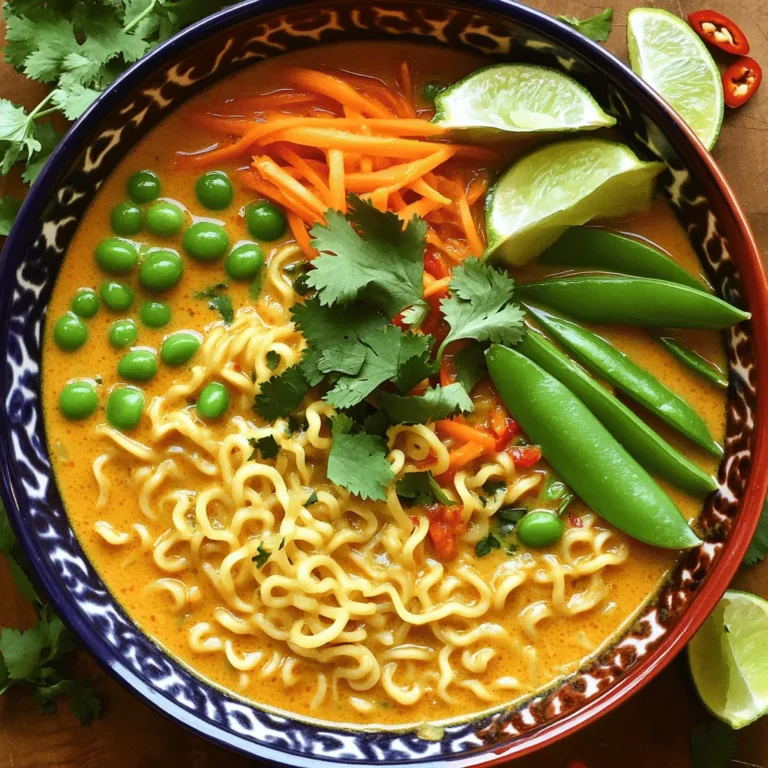 To make a delicious coconut curry ramen, you will need the following ingredients: - 4 cups vegetable broth - 1 can (13.5 oz) coconut milk - 2 tablespoons red curry paste - 1 tablespoon soy sauce - 1 tablespoon freshly squeezed lime juice - 2 teaspoons freshly grated ginger - 2 cloves garlic, minced - 2 packs of instant ramen noodles (discard the seasoning packets) - 1 cup shredded carrots - 1 bell pepper, thinly sliced (any color) - 1 cup snap peas, trimmed - Fresh cilantro leaves, for garnish - Lime wedges, for serving - Optional: Sliced chili peppers to add a spicy kick - Vegetable Broth: You can use chicken broth for a non-vegetarian option. - Coconut Milk: Almond milk or cashew cream can work, but the taste will change. - Red Curry Paste: Thai green curry paste gives a different flavor. - Soy Sauce: Tamari is a great gluten-free substitute. - Noodles: Try rice noodles for a gluten-free option, but adjust cooking time. - Vegetables: Feel free to swap in your favorites like zucchini or baby corn. - Spice Level: Add more chili peppers if you like it hot! These swaps can cater to your taste or dietary needs without losing the dish's essence. Enjoy experimenting! 1. Start by heating a tablespoon of oil in a large pot over medium heat. 2. Once the oil is shimmering, add the minced garlic and grated ginger. Sauté for about 1 minute until they smell great. Watch closely so they don't brown. 3. Stir in the red curry paste and cook for another minute. This step is key to bring out the flavor of the curry. 4. Slowly pour in the vegetable broth and coconut milk. Mix well to combine everything and bring it to a gentle simmer. Look for small bubbles forming around the edges. 5. Keep the simmer going for about 10 minutes. This lets the flavors mix perfectly. 6. Add the soy sauce and lime juice. Taste the broth to check the seasoning. It should be savory with a hint of citrus. 7. Introduce the ramen noodles. Cook them according to the package instructions, usually around 3-4 minutes. Stir now and then to avoid sticking. 8. In the last minute, add the shredded carrots, bell pepper, and snap peas. Stir gently to heat them through while keeping their crunch. 9. After cooking, take the pot off the heat. Taste the ramen again. Adjust the seasoning with more soy sauce or lime juice if needed. 10. Serve the coconut curry ramen in big bowls, garnished with fresh cilantro leaves and a slice of lime. For some heat, add sliced chili peppers on top. - To sauté garlic and ginger correctly, use medium heat. Add them to the oil once it shimmers. Stir often and watch closely. They should become fragrant, not brown. - To get the perfect simmer, look for small bubbles. You want a gentle boil, not a rolling one. This keeps the flavors from breaking down too much. - For portioning, use deep bowls to show off the bright colors of the veggies. - Garnish with fresh cilantro and a slice of lime. For extra flair, sprinkle sesame seeds on top. When making coconut curry ramen, a few mistakes can spoil your dish. Here are the key pitfalls: - Overcooking the noodles: Instant ramen cooks fast. Follow the package time closely. Overcooked noodles turn mushy. - Ignoring flavor balance: Always taste the broth before serving. If it tastes flat, adjust with more soy sauce or lime juice. - Not blooming the curry paste: Cook the red curry paste well with garlic and ginger. This step brings out its full flavor. If your broth ends up bland, don’t worry. You can fix it! Here’s how: - Add more seasoning: A splash of soy sauce or a squeeze of lime can brighten up the taste. - Incorporate salt: A small pinch of salt can enhance the overall flavor. Just remember to add a little at a time. To make your ramen even better, consider these enhancements: - Protein options: You can add cooked chicken, shrimp, or tofu for extra protein. These additions make the dish more filling. - Adjusting spice levels: If you like it hot, add sliced chili peppers. You can also use sriracha for a spicy twist. Start small, and add more to reach your desired heat. These tips can elevate your coconut curry ramen, making each bite even more delightful! {{image_4}} For those who follow a vegetarian or vegan diet, this coconut curry ramen is easy to adapt. Simply ensure that your red curry paste is vegan-friendly. Most brands are, but it's wise to check the label. You can keep all the veggies as is, using the same vibrant ingredients to pack in flavor and nutrients. If you need gluten-free options, substitute regular ramen noodles with gluten-free noodles. Look for rice noodles or gluten-free ramen, which are widely available. Cook them according to the package directions before adding them to your soup. This way, you still enjoy that comforting bowl of ramen without the gluten. Experimenting with different curry pastes or spices can elevate your ramen. Try yellow curry paste for a milder flavor, or green curry paste for a bolder taste. You can even mix pastes for a unique twist. Adding spices like turmeric or cumin can deepen the flavor profile. Seasonal ingredient swaps can also add excitement. In summer, toss in fresh zucchini or corn. In fall, consider butternut squash or kale. Each season offers a chance to refresh your ramen with what's fresh and local. To keep leftover ramen fresh, follow these steps: - Let the ramen cool to room temperature. - Transfer it to airtight containers. - Store in the fridge for up to 3 days. When reheating, do this: - Pour the ramen into a pot. - Add a splash of water or broth to help it steam. - Heat over low until warmed through, stirring gently. This keeps the noodles from getting mushy. Here's how long each ingredient lasts when stored correctly: - Vegetable broth: about 1 week in the fridge. - Coconut milk: 3-5 days after opening. - Fresh veggies: use within 1 week for best taste. For freezing: - You can freeze the broth and coconut milk. - Store these in containers or freezer bags. - They last up to 3 months in the freezer. Noodles can also be frozen for later use, but they may lose some texture when reheated. What can I use instead of coconut milk? If you need a substitute for coconut milk, try using almond milk or cashew cream. Both options will give a nice creamy texture. You can also mix soy milk with a bit of coconut extract for flavor. Can I make coconut curry ramen in advance? Yes, you can make this dish ahead of time. Store the ramen and broth separately to keep the noodles firm. Reheat the broth and add noodles just before serving. Health benefits of key ingredients like ginger and vegetables Ginger aids digestion and has anti-inflammatory properties. Carrots are high in vitamins A and C. Bell peppers provide antioxidants, while snap peas offer fiber. Together, these ingredients make the dish nutritious and tasty. Caloric breakdown per serving Each serving of coconut curry ramen contains about 320 calories. Most calories come from the coconut milk and noodles, but the veggies add important nutrients without many calories. Recommendations for restaurants known for this dish Look for Asian restaurants that specialize in ramen or Thai cuisine. Many places serve coconut curry ramen with unique twists. Try local favorites or check online reviews for the best options. Options for pre-packaged coconut curry ramen noodles You can find instant coconut curry ramen noodles in Asian grocery stores. Brands like Nissin or Samyang offer quick options. Check the label for a creamy broth mix to enjoy at home. You learned how to make coconut curry ramen, from ingredients to storage tips. I shared cooking techniques, common mistakes, and dietary variations. Ramen can suit any palate with simple tweaks. It's a dish you can adapt to your taste, making every bowl special. Enjoy the journey of creating this meal. Dive into flavors, and let your creativity shine!