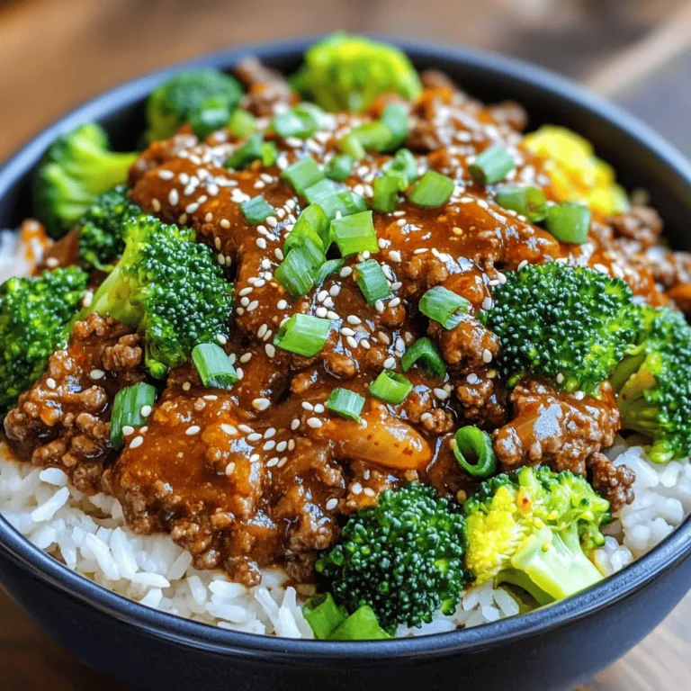 To make Spicy Korean Beef Bowls, you need: - 1 lb (450g) ground beef - 2 tablespoons soy sauce - 1 tablespoon gochujang (Korean chili paste) - 1 tablespoon sesame oil - 3 cloves garlic, finely minced - 1 teaspoon fresh ginger, grated - 1 tablespoon brown sugar - 1 cup broccoli florets - 1 cup cooked jasmine rice - 2 green onions, finely chopped - 1 tablespoon sesame seeds - Salt and pepper to taste These ingredients create a yummy, spicy dish full of flavor. The ground beef gives a nice texture. Gochujang adds heat and depth. Garlic and ginger bring freshness. You can add extra items to make your bowls even better: - Sliced bell peppers for crunch - Carrots for sweetness - Spinach for added greens - Cucumber slices for a cool touch These add-ins can change the dish's taste and look. Feel free to mix and match according to what you like. If you have dietary needs, here are some swaps: - Use ground turkey or chicken instead of beef for a lighter option. - If you're gluten-free, check that your soy sauce is gluten-free. - Replace sesame oil with olive oil if you avoid sesame. These substitutions keep the dish tasty while fitting your diet. Always adjust the flavors as needed. Start by heating sesame oil in a large skillet. Use medium-high heat. Once the oil shimmers, add minced garlic and grated ginger. Sauté them for about one minute. Stir often and watch for burning. You want a nice aroma, not burnt bits. Next, add the ground beef to the skillet. Use a spatula to break it up. Cook it until it turns brown, which takes about five to seven minutes. If there's too much fat, drain it carefully. After that, pour in soy sauce, gochujang, and brown sugar. Add a pinch of salt and pepper as well. Stir everything well and let it cook for another two to three minutes. This helps the flavors mix together nicely. In the last two minutes, toss in the broccoli florets. Stir them into the beef mixture. Cook just until they are bright green and tender-crisp. You want to keep their color and crunch. To serve, take a bowl and add cooked jasmine rice. Top it with the spicy beef and broccoli mix. Finish with chopped green onions and sesame seeds for a nice touch. Enjoy your meal! To get the spice just right, start with a small amount of gochujang. This Korean chili paste adds heat and flavor. You can always add more if you like it spicier. Mix in a teaspoon at first. Taste the beef mixture and adjust as needed. Remember, the heat builds over time, so be patient. You can boost the taste with simple tricks. Add a splash of rice vinegar for tang. A drizzle of honey can balance the heat, giving a sweet touch. You might also try adding sesame oil at the end. This gives a rich flavor and aroma to your dish. Fresh herbs like cilantro or parsley can add brightness too. To keep your beef tender, don’t cook it too long. Brown it on medium-high heat for about 5-7 minutes. Break it apart gently with a spatula. Remove excess fat if there’s too much. This keeps your dish light and fresh. Cooked broccoli should be bright green and crunchy. This adds texture that pairs well with the beef. {{image_4}} If you want a meat-free option, you can use tofu or tempeh. Press the tofu to remove extra water. Cube it and cook it just like the beef. For a vegan version, swap the beef with lentils or chickpeas. These provide protein and are easy to cook. You can also use mushrooms for a hearty texture. Shiitake or portobello mushrooms work best. You can switch the ground beef for other meats. Ground turkey is a lighter choice. You can also use ground chicken for a milder flavor. For a different taste, try beef strips or pork. Just remember to adjust the cooking time based on the protein. Each option brings its own unique flavor to the dish. Feel free to add more veggies to your bowls. Carrots and bell peppers bring color and crunch. You can also use snap peas or zucchini for extra nutrition. Try adding spinach or kale for more greens. Just toss them in when you add the broccoli. This way, they will stay bright and fresh. To store your Spicy Korean Beef Bowls, first let them cool. Use airtight containers. Keep the beef and rice separate if possible. This helps keep everything fresh. Leftovers will last in the fridge for about 3-4 days. When you are ready to eat, reheat the beef mixture first. I recommend using a skillet for best results. Heat it on medium until warm. You can add a splash of water to keep it moist. For rice, use the microwave for quick reheating. Add a little water to prevent it from drying out. If you want to freeze the dish, let it cool completely. Place it in freezer-safe containers. The beef mixture freezes well for up to 3 months. When ready, thaw it overnight in the fridge. Reheat as mentioned above to enjoy a quick meal later. Yes, you can use ground turkey. It makes a lighter dish. The flavor will be different, but still tasty. Ground turkey absorbs flavors well. Cook it in the same way as beef. Gochujang is moderately spicy. It has a sweet and savory flavor, too. The heat can vary by brand. If you are sensitive to spice, use less. You can always add more later! You can serve the bowls with several sides. Some great options include: - Steamed vegetables - Kimchi - Pickled cucumbers - A simple salad These sides balance the meal well and add freshness. To make this dish gluten-free, use gluten-free soy sauce. There are many brands available. Check labels to find one that suits you. Other ingredients are naturally gluten-free, so no worries there! You learned about the key ingredients, step-by-step cooking, and helpful tips for Spicy Korean Beef Bowls. We also explored fun variations and smart storage methods. This dish is flexible and easy to make. Whether you're new to cooking or an expert, you can create a tasty meal. Remember, you can adjust spice and ingredients to fit your taste. Enjoy your cooking journey and happy eating!