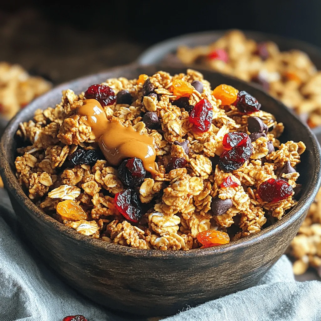 - 2 cups rolled oats - 1 cup mixed nuts (almonds, pecans, or cashews), chopped - 1/2 cup peanut butter (preferably crunchy for texture) - 1/3 cup honey or maple syrup (maple syrup for a vegan option) - 1/4 cup coconut oil, melted The main ingredients give this granola its hearty texture and flavor. Rolled oats form the base, providing fiber and energy. Chopped mixed nuts add crunch and healthy fats. I love using crunchy peanut butter for a nice bite. Sweeteners like honey or maple syrup add a touch of sweetness while coconut oil helps bind everything together. - 1/2 cup chocolate chips (optional for a sweet touch) - 1/2 cup dried fruits (such as cranberries, apricots, or raisins) These add-ins can take your granola to the next level. Chocolate chips bring a fun sweetness, while dried fruits add chewy texture and flavor. Mix and match according to your tastes! - Calories per serving: About 200 - Protein content: Around 6 grams - Fiber content: About 4 grams This granola is not only tasty but also nutritious. Each serving packs a good amount of protein and fiber, making it a great snack. You can feel good about enjoying this crunchy treat! - Preheat your oven to 350°F (175°C). This step makes sure your granola bakes evenly. - Line a baking sheet with parchment paper. This helps with easy cleanup and prevents sticking. - In a large bowl, combine 2 cups of rolled oats and 1 cup of chopped mixed nuts. Stir well to mix. - In another bowl, whisk together 1/2 cup of crunchy peanut butter, 1/3 cup of honey or maple syrup, 1/4 cup of melted coconut oil, 1/2 teaspoon of vanilla extract, 1/2 teaspoon of ground cinnamon, and 1/4 teaspoon of fine sea salt. Make sure it’s smooth and well blended. - Pour the peanut butter mixture over the oat and nut mix and stir until every piece is coated. - Transfer the mixture to the lined baking sheet. Spread it out and press it down firmly. This helps form clusters. - Bake for 25-30 minutes. Stir halfway through to ensure even browning. Look for a golden brown color and a nice aroma. - Let the granola cool completely on the baking sheet. Cooling is key for that crunchy texture. - Once cool, break the granola into clusters with your hands. If you like, add 1/2 cup of chocolate chips and 1/2 cup of dried fruits for extra flavor. To get that perfect crunch, pay close attention to baking time. Bake the granola for 25 to 30 minutes. Halfway through, stir it for even browning. Remove it from the oven when it turns golden brown. This color means it’s ready! Pressing the mixture is key too. After spreading it on the baking sheet, press it down firmly. This helps create clusters. Clusters are great for snacking! If you want a vegan version, swap honey for maple syrup. They both add sweetness but in different ways. You can also choose nut-free options. Use seeds like pumpkin or sunflower instead of nuts. This keeps the recipe tasty for everyone! Store your granola in an airtight container. Glass jars work well because they keep it fresh. A zip-top bag is another good option. The granola stays crunchy for about two weeks. If you want to keep it longer, freeze it for up to three months. Just remember to let it cool completely before storing! {{image_4}} You can make your granola even better by adding spices. Try mixing in nutmeg or ginger for warmth. These spices give a nice twist to the flavor. You can also use flavored peanut butter. Chocolate, cinnamon, or honey flavors can add depth. Each option gives you a unique taste. Switch up the nuts in your granola. You can use almonds, pecans, or cashews. Each nut brings its own crunch and flavor. Seasonal dried fruits are also a great addition. Try cranberries, apricots, or raisins for a sweet bite. These changes keep your granola exciting and fresh. You can decide if you want clusters or crumble. For clusters, press the mixture down firmly before baking. This helps them stick together. For a crumble, mix less or press down lightly. You can use granola in many ways. It's great on yogurt or in cookies. Feel free to experiment with textures! You can enjoy crunchy peanut butter granola in many ways. A great option is to pair it with yogurt. Just spoon some yogurt into a bowl and top it with granola. This mix gives you a tasty breakfast or snack. The creamy yogurt balances the crunchiness of the granola. You can add fresh fruits for a burst of flavor. Another way to enjoy it is as an energizing snack. Grab a handful of granola when you need a boost. It gives you energy without the sugar crash. The mix of nuts and oats keeps you full longer. I love taking it on hikes or long walks. Crunchy peanut butter granola works well in meals too. You can use it as a topping for smoothie bowls. Just sprinkle some on top for extra crunch and flavor. It adds a nice texture and a nutty taste. You can even mix it into your smoothie for added nutrients. Adding granola to oatmeal or salads is another fun way to enjoy it. Just stir in some granola to your warm oatmeal. It makes your breakfast even better. For salads, sprinkle a handful on top. The crunch pairs well with fresh greens and dressing. You can also make creative recipes using crunchy peanut butter granola. One idea is to make granola bars. Just combine the granola with some melted chocolate and form bars. They are great for on-the-go snacks. Granola parfaits are another tasty treat. Layer granola with yogurt and fruits in a glass. This looks great and tastes amazing. You can change the fruits and yogurt flavors to keep it exciting. These recipes let you enjoy granola in new and fun ways. Yes, you can make this granola ahead of time. In fact, it stores well. If kept in an airtight container, the granola lasts for about two weeks. For best taste, use it within the first week. To reheat, simply spread it on a baking sheet and warm it in a 350°F oven for about 5-10 minutes. This helps restore its crunch. To reduce the sweetness in your granola, cut back on the honey or maple syrup. Start with half the amount and taste as you mix. You can also add spices like nutmeg or ginger for flavor without added sugar. Another option is to use unsweetened nut butter. This adds richness without much sweetness. Yes, this recipe is gluten-free if you choose gluten-free oats. Always check the label to ensure they are certified gluten-free. If you add any mix-ins, make sure they are also gluten-free. This way, you can enjoy a safe and tasty snack. Yes, you can freeze your granola. To freeze, place it in a freezer-safe bag or container. Make sure to remove excess air to prevent freezer burn. It keeps well for up to three months. To thaw, just leave it at room temperature for a few hours before enjoying. You’ve learned how to make Crunchy Peanut Butter Granola that is both tasty and easy. We covered key ingredients like oats, nuts, and sweeteners. I shared step-by-step instructions to get the perfect bake. You also discovered tips to achieve that ideal crunch. Try mixing in new flavors or serving it in unique ways. This granola is perfect for breakfast or a snack. Enjoy the process and experiment with different ingredients. Making granola at home saves money and tastes great. Now, take action and make your own batch!