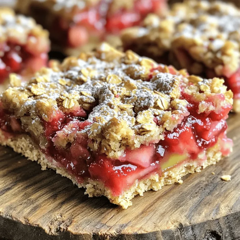 - 1 cup all-purpose flour - 1 cup rolled oats - ½ cup brown sugar, packed - ½ cup granulated sugar - ½ teaspoon baking powder - ½ teaspoon sea salt - ½ cup unsalted butter, melted and slightly cooled - 2 cups fresh strawberries, hulled and diced - 2 cups rhubarb, trimmed and chopped into small pieces - 1 tablespoon cornstarch - 1 tablespoon freshly squeezed lemon juice - 1 teaspoon pure vanilla extract The ingredients for my Strawberry Rhubarb Crisp Bars are simple and fresh. The dry ingredients form the base. The all-purpose flour and rolled oats give the bars a nice texture. I use brown sugar and granulated sugar for just the right sweetness. Baking powder helps the bars rise, while sea salt balances the flavors. For the wet ingredients, I melt unsalted butter first. This adds richness to the crust. Fresh strawberries and rhubarb are the stars of the show. Their tartness and sweetness complement each other. Cornstarch helps thicken the fruit mixture so it doesn't get too runny. Fresh lemon juice brightens the flavors, while vanilla extract adds warmth. Using these fresh, quality ingredients makes all the difference. They create a tasty summer treat that everyone will love! - Preheat your oven to 350°F (175°C). - Lightly grease a 9x9-inch baking pan with butter or line it with parchment paper. - In a large bowl, mix together the flour, oats, brown sugar, granulated sugar, baking powder, and sea salt. Stir it well to combine everything. - Pour the melted butter into the dry mix. Use a fork or your fingers to blend it until it looks like coarse crumbs. - Take half of this crumb mixture and press it firmly into the bottom of the baking pan. Make sure it forms an even layer. - In another bowl, toss the diced strawberries and chopped rhubarb. - Add the cornstarch, lemon juice, and vanilla extract. Mix it all until the fruit is evenly coated. - Spread this fruit mixture over the crust layer in the baking pan. - Sprinkle the remaining crumb mixture generously over the top of the fruit. - Place the pan in the oven and bake for 30-35 minutes. Look for a golden brown topping and bubbling fruit around the edges. - After baking, let it cool in the pan for at least 15 minutes before slicing into bars. This helps the layers set just right. - Ensuring even baking: To help your bars bake evenly, spread your crust and topping evenly. Use a spatula to press it down flat. This will give you a nice, even layer. - Checking for doneness: Look for a golden-brown top and bubbling fruit. Use a toothpick in the center to check for crumbs. If it comes out clean, your bars are ready! - Avoiding a soggy crust: To prevent sogginess, make sure your fruit is not too watery. Drain any excess juice from the strawberries and rhubarb before mixing. This keeps your crust firm and delicious. - Best served warm or at room temperature: I love these bars fresh from the oven. If you let them cool for 15 minutes, they slice better. They also taste great at room temperature! - Topping ideas: For a fun twist, sprinkle powdered sugar on top. You can also add a scoop of ice cream or whipped cream. These toppings make your bars a real treat! {{image_4}} You can easily make this treat gluten-free. Use almond flour or coconut flour instead of all-purpose flour. These choices give a great taste. For oats, pick certified gluten-free oats. They add texture without any gluten. Want to spice things up? Add a pinch of cinnamon or nutmeg. These spices add warmth and depth. You can also mix in other fruits. Blueberries or peaches pair well with strawberries and rhubarb. They add extra flavor and color to the bars. If you want a vegan version, swap the butter for coconut oil or vegan butter. Both work well and keep the bars rich. You can use maple syrup or coconut sugar in place of regular sugar. These options keep your treat plant-based and delicious. You can store leftover strawberry rhubarb crisp bars at room temperature. Keep them in an airtight container. This way, they stay fresh for up to three days. If you want to keep them longer, refrigerate them. Just make sure to cover them well so they don’t dry out. To enjoy these bars later, freezing is a great option. First, let the bars cool completely. Then, wrap them tightly in plastic wrap or aluminum foil. Place them in a freezer bag or container. They will stay good for up to three months in the freezer. When you're ready to eat them, thaw the bars overnight in the fridge. If you want them warm, reheat them in the oven at 350°F for about 10 minutes. This will make the topping crisp again and warm the fruit filling. Enjoy your sweet treat anytime! You can tell the bars are done when the topping is golden brown. The fruit should bubble up around the edges. This bubbling shows that the filling is hot and ready. Keep an eye on them during the last few minutes of baking. Yes, you can use frozen fruit. Just make sure to thaw and drain excess liquid first. This helps keep the bars from getting too soggy. Frozen fruit might take a bit longer to bake, so check for doneness. To cut the bars, let them cool for at least 15 minutes. Use a sharp knife for clean cuts. You can also use a ruler to measure even squares. This helps with serving and makes them look nice. These bars can last up to five days in the fridge. Store them in an airtight container. Keep them away from strong odors, as they can absorb those flavors. Yes, you can substitute the sugar. Try using coconut sugar or a sugar alternative like stevia. Just remember that the taste and texture might change slightly. Adjust to your liking for the best results. In this post, we covered how to make delicious Strawberry Rhubarb Crisp Bars. We looked at all the ingredients, from the dry to the wet ones. I explained each step, from preparing the pan to baking. We even talked about tips, fun variations, and how to store them. These bars are tasty and easy to share. Experiment with flavors and enjoy them warm. Remember, baking is all about fun and trying new things! Happy baking!