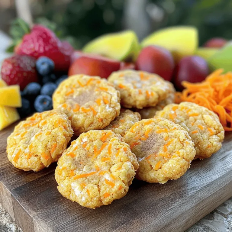 - 1 cup rolled oats - 1 cup whole wheat flour - 1 teaspoon baking powder - 1 teaspoon ground cinnamon - 1/2 teaspoon ground nutmeg - 1/4 teaspoon salt - 1/2 cup packed brown sugar - 1/2 cup finely shredded carrots (about 1 medium carrot) - 1/4 cup unsweetened applesauce - 1/4 cup honey or pure maple syrup - 1 teaspoon vanilla extract These ingredients form the base of your carrot cake breakfast cookies. The oats and whole wheat flour give them a hearty feel. The spices, cinnamon and nutmeg, add warmth and a sweet aroma. The brown sugar and honey or maple syrup provide a delightful sweetness. Shredded carrots not only add flavor but also moisture. - 1/4 cup crushed walnuts - 1/4 cup raisins or dried cranberries - 1 tablespoon freshly grated ginger These optional ingredients enhance the cookies' flavor and texture. Crushed walnuts add crunch and a nutty taste. Raisins or dried cranberries bring a chewy, sweet bite. Freshly grated ginger gives a nice zing that brightens the flavor. - About 100 calories per cookie - Carbs: 15g - Fats: 3g - Proteins: 2g Each cookie has around 100 calories. They provide a good mix of carbs, fats, and proteins. This balance helps keep you full and satisfied, making them a great breakfast option. Enjoy them with a glass of milk or a cup of tea! - Mixing dry ingredients: Start by gathering your dry ingredients. In a big bowl, mix 1 cup of rolled oats, 1 cup of whole wheat flour, 1 teaspoon of baking powder, 1 teaspoon of ground cinnamon, 1/2 teaspoon of ground nutmeg, and 1/4 teaspoon of salt. Make sure to whisk them well. This helps blend all the flavors. - Combining wet ingredients: In another bowl, combine 1/2 cup of packed brown sugar, 1/2 cup of finely shredded carrots, 1/4 cup of unsweetened applesauce, 1/4 cup of honey or pure maple syrup, and 1 teaspoon of vanilla extract. If you enjoy a bit of spice, add 1 tablespoon of freshly grated ginger. Mix until smooth. This will give your cookies a sweet and moist base. - Portioning the cookie dough: Grab a cookie scoop or a tablespoon to drop rounded portions of the dough onto a lined baking sheet. Space them about 2 inches apart. This is key to ensure they have room to spread. Press each ball slightly with a fork for a nice shape. - Baking time and temperature: Preheat your oven to 350°F (175°C). Bake the cookies for 12-15 minutes. You want the edges to be golden brown while the centers stay soft. This balance keeps your cookies chewy and delicious. - Cooling process on wire rack: After baking, let the cookies cool on the baking sheet for about 5 minutes. Then, transfer them to a wire rack to cool completely. This step helps them firm up and keeps them from getting soggy. - Tips for best storage practices: Store your cooled cookies in an airtight container. They will stay fresh for about a week. For longer storage, you can freeze them. Just make sure to wrap them well. Enjoy your tasty and wholesome carrot cake breakfast cookies! - Overmixing the dough: Mixing too much can make cookies tough. Stir just until combined. - Incorrect cooking time: Baking too long makes cookies dry. Watch for golden edges. - Add-ins and substitutions: Try using chocolate chips or coconut for a twist. Swap honey for agave syrup if you like. - Gluten-free variations: Use gluten-free flour instead of whole wheat flour. Check labels to ensure no hidden gluten. - Pairing with beverages: These cookies go great with coffee or tea. The flavors blend well, making breakfast special. - Creative plating ideas: Serve warm on a rustic wooden board. Add a sprinkle of cinnamon and fresh fruit for color. {{image_4}} You can easily switch up the flavor of your carrot cake breakfast cookies. Here are two tasty ideas: - Pumpkin spice carrot cake cookies: Add pumpkin puree and pumpkin pie spice. This gives your cookies a warm, fall flavor. Simply replace half the applesauce with pumpkin puree and add a teaspoon of pumpkin spice. - Chocolate chip carrot cake cookies: Fold in some dark chocolate chips. They add a rich taste that pairs well with the carrot. Use about 1/2 cup of chocolate chips to keep the balance. You can modify these cookies to fit different diets. Here are some options: - Vegan alternatives: Replace honey with maple syrup. Use flax eggs instead of regular eggs. Mix 1 tablespoon of ground flaxseed with 2.5 tablespoons of water for one egg. - Low-sugar options: Use less brown sugar or try coconut sugar. You can also add mashed bananas for natural sweetness, which keeps the cookie moist. Make your cookies fit the season with these fun ideas: - Holiday-themed decorations: Top your cookies with festive sprinkles or a light glaze. This adds a personal touch and makes them great for sharing. - Using seasonal fruits or nuts: In fall, try adding chopped apples or pecans. In summer, use fresh berries or nuts like almonds. This keeps your cookies fresh and exciting all year long. To keep your carrot cake breakfast cookies fresh, store them in an airtight container. Place parchment paper between layers to prevent sticking. Keep them at room temperature for up to five days. For longer storage, place them in the fridge. They can last up to ten days in the fridge. To freeze your cookies, first let them cool completely. Then, place them in a single layer on a baking sheet. Freeze for two hours. Once frozen, transfer them to a freezer bag. They will stay fresh for up to three months. When you’re ready to eat, thaw them in the fridge overnight. To reheat your cookies, preheat your oven to 350°F (175°C). Place the cookies on a baking sheet and heat for five to seven minutes. This warms them up nicely and brings back their soft texture. You can also microwave them for about 10-15 seconds if you're in a hurry. Enjoy them warm for a tasty treat! Yes, you can make these cookies gluten-free! Simply swap the whole wheat flour with a gluten-free blend. Look for a blend that includes xanthan gum. This helps the cookies hold together and stay chewy. Most gluten-free flours work well in this recipe. These cookies last about one week when stored at room temperature. Keep them in an airtight container to stay fresh. You can also store them in the fridge for up to two weeks. If you freeze them, they can last for three months. Just make sure to use a freezer-safe container. Using fresh carrots is possible, but shredded carrots work best. Shredded carrots mix better into the dough. They also help keep the cookies moist. Fresh carrots can make the dough too watery, which might change the texture. If you use fresh carrots, shred them finely and squeeze out any extra juice. Serve these cookies warm for the best taste. Pair them with a glass of milk or a cup of coffee. You can also add fresh fruit on the side for a colorful plate. For a special touch, sprinkle some cinnamon on top. These cookies are delightful any time of day! These cookies are simple to make and full of flavor. We covered essential and optional ingredients, including rolled oats and spices. The steps for prepping, baking, and cooling the dough are clear and easy. You learned tips for avoiding mistakes and ways to customize your cookies. With storage info and fun variations, you'll keep your batch fresh and tasty. Enjoy these healthy treats at breakfast or any time! Now, get baking and treat yourself to a delicious and nutritious snack!