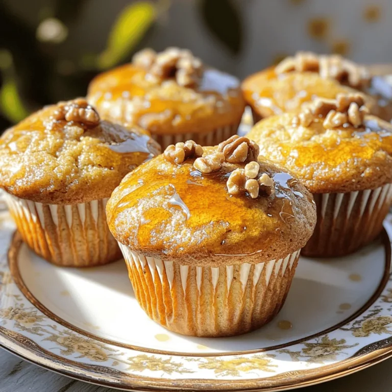 - 2 ripe bananas - 1/2 cup pure maple syrup - 1/4 cup unsweetened applesauce - 1/4 cup vegetable oil - 1 teaspoon pure vanilla extract - 1 cup all-purpose flour - 1 teaspoon baking soda - 1/2 teaspoon baking powder - 1/4 teaspoon fine sea salt - 1/2 teaspoon ground cinnamon - 1/2 cup chopped walnuts - Optional: Walnut halves for topping To make these muffins, each ingredient plays a key role. The ripe bananas add moisture and sweetness. Pure maple syrup gives a rich flavor. Unsweetened applesauce keeps the muffins soft and adds natural sweetness. Vegetable oil is important for a tender crumb. The vanilla extract enhances the taste, while all-purpose flour provides the structure. Baking soda and baking powder help the muffins rise. Fine sea salt balances the sweetness, and ground cinnamon gives warmth. Finally, chopped walnuts add crunch and flavor. If you want to make them special, add walnut halves on top. They look nice and taste great too! You can find these ingredients at any grocery store. Just make sure your bananas are ripe for the best flavor. To make Maple Walnut Banana Muffins, follow these steps carefully. 1. Preheat the oven: Set your oven to 350°F (175°C). This warms up your oven for even baking. 2. Mix wet ingredients: In a large bowl, mash the ripe bananas. Add in the maple syrup, applesauce, vegetable oil, and vanilla extract. Stir until it’s smooth and well mixed. 3. Combine dry ingredients: In another bowl, whisk together the flour, baking soda, baking powder, salt, and cinnamon. This helps to aerate the mix. 4. Mix it all together: Slowly add the dry ingredients to the wet mixture. Use a wooden spoon or spatula to gently fold them together. It’s fine if some lumps stay; don’t overmix. 5. Add walnuts: Carefully fold in the chopped walnuts. Make sure they are spread evenly in the batter. 6. Fill muffin cups: Use a scoop or spoon to divide the batter into the muffin cups. Fill each cup about three-quarters full. You can add a walnut half on top for a nice touch. 7. Bake: Place the muffin tin in the oven for 18-20 minutes. Check with a toothpick in the center of a muffin. It should come out clean with a few crumbs. 8. Cool: After baking, let the muffins cool in the tin for about 5 minutes. Then move them to a wire rack to cool completely. This helps develop their flavor. To make the best maple walnut banana muffins, focus on a few key tips: - Avoid overmixing: Mix just until combined. This keeps the muffins light and fluffy. If you mix too much, they will be dense. - Customize sweetness: You can adjust the amount of maple syrup. If you prefer a sweeter muffin, add more syrup. If you want less sweetness, use less. - Experiment with add-ins: Try adding chocolate chips or dried fruit. These can add new flavors and textures. By following these tips, you’ll create muffins that are delicious and fun to eat. Enjoy the process and don’t be afraid to be creative! {{image_4}} How to make gluten-free muffins: To make these muffins gluten-free, swap all-purpose flour for a gluten-free blend. Many blends work well in baking. Look for one that includes xanthan gum for the best texture. You can also use almond flour or oat flour, but adjust the liquid as needed. Vegan substitutions for eggs or dairy: You can easily make these muffins vegan. Replace eggs with flax eggs by mixing one tablespoon of ground flaxseed with three tablespoons of water. For a creamy texture, use almond milk or coconut milk instead of any dairy. This keeps the muffins moist and delicious. Flavor variations with spices or extracts: To spice things up, you can add other flavors. Try a pinch of nutmeg or ginger for a warm touch. You can also use almond extract instead of vanilla for a different taste. If you want a fruity twist, add some blueberries or chopped apples to the batter. Each option will bring a new flavor to your muffins. To keep your muffins fresh, you can store them at room temperature. Place the muffins in an airtight container. This helps keep them moist for about two to three days. Make sure to separate the layers with parchment paper to prevent sticking. If you want to store muffins for a longer time, freezing is your best option. Wrap each muffin in plastic wrap. Then, place them in a freezer bag. This method keeps the flavor and texture intact. They can last up to three months in the freezer. When you are ready to enjoy a muffin, reheating is simple. You can use a microwave or an oven. For the microwave, heat for about 15-20 seconds. For the oven, preheat it to 350°F (175°C) and warm the muffins for about 5-10 minutes. This will bring back their fresh-baked taste and warmth. How do I know when the muffins are done? You can tell if the muffins are done when a toothpick comes out clean. If it has a few moist crumbs, that’s fine too. Bake them for 18-20 minutes. Can I substitute other oils for vegetable oil? Yes, you can use other oils. Canola oil or melted coconut oil work well. Both will keep the muffins moist. What is the best way to mash bananas for baking? The best way is to use a fork or potato masher. Just mash until smooth with a few small lumps. This helps mix well with other ingredients. How can I make these muffins lower in sugar? You can lower the sugar by using less maple syrup. Try adding mashed ripe bananas instead. They add sweetness without extra sugar. These Maple Walnut Banana Muffins are easy to make and tasty. You learned about the key ingredients, step-by-step instructions, and helpful tips to perfect your baking. I shared options to modify the recipe for different diets and storage methods to keep your muffins fresh. Remember, you can adjust sweetness and mix in your favorite add-ins. Have fun baking and enjoy every bite!