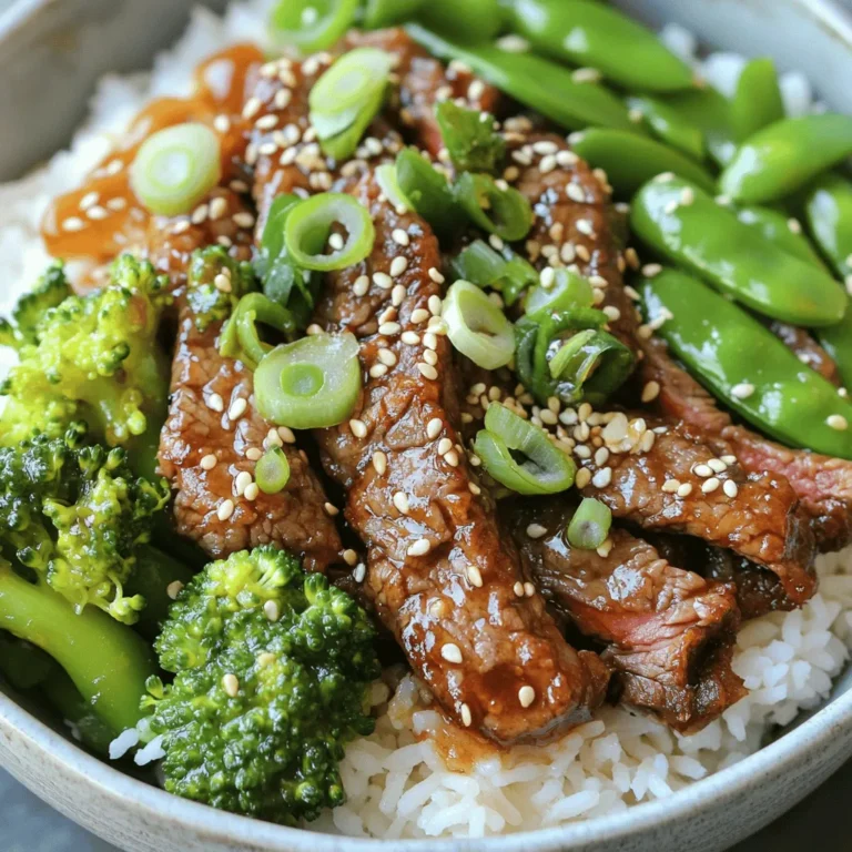 - 1 lb flank steak, thinly sliced against the grain - 1/4 cup cornstarch - 1/4 cup low-sodium soy sauce - 2 tablespoons sesame oil - 1/4 teaspoon red pepper flakes, adjust for spice - 2 cloves garlic, minced - 1-inch piece fresh ginger, grated - 2 cups cooked jasmine rice - 1 cup broccoli florets - 1 cup snap peas Gathering the right ingredients is key to making crispy sesame beef bowls that beat takeout. Flank steak provides rich flavor and tenderness. Coating it in cornstarch gives the beef a crispy texture. Low-sodium soy sauce adds umami without too much salt. Sesame oil enhances the dish with a nutty aroma. To customize your meal, consider adding red pepper flakes for heat, minced garlic for depth, or grated ginger for freshness. These optional ingredients can make a big difference in flavor. Pair your crispy sesame beef with cooked jasmine rice, steamed broccoli, and snap peas. This combination makes for a colorful and balanced meal. When you have all your ingredients ready, you're set to create a dish that will impress anyone! Start by slicing the flank steak against the grain. Aim for thin strips. Place the sliced beef in a large bowl. Sprinkle 1/4 cup of cornstarch over the beef. Toss the beef well until each piece is coated. This will help make the beef crispy when cooked. In a medium bowl, mix 1/4 cup of soy sauce, 2 tablespoons of sesame oil, and 2 tablespoons of honey. Add 1 tablespoon of rice vinegar, 2 minced garlic cloves, and 1 inch of grated ginger. For some heat, include 1/4 teaspoon of red pepper flakes. Whisk everything until combined. This mix will add great flavor to your beef. Once the beef is coated and marinated, heat a large skillet over medium-high heat. Add 1 tablespoon of cooking oil. When the oil is hot, add the marinated beef in batches. Make sure not to overcrowd the pan. Cook each batch for about 3 minutes on each side until crispy and cooked through. After cooking the beef, set it aside on a plate. In the same skillet, toss in your steamed broccoli and snap peas. Sauté them for about a minute to warm them up and mix with the beef flavors. Now, it's time to assemble your bowls. Start with a scoop of cooked jasmine rice. Top it with the crispy beef and then add the sautéed vegetables. Finish by sprinkling sesame seeds and sliced green onions on top. Enjoy your delicious, homemade crispy sesame beef bowls! Cornstarch is key for crispy beef. It forms a light crust when cooked. Here’s how to do it right: - Use 1/4 cup of cornstarch to coat the beef. - Make sure your oil is hot before adding the beef. This helps create that crunchy texture. Marinating enhances the taste of the beef. I suggest letting it sit for at least 30 minutes. For deeper flavor, extend it to 2 hours. Here’s a quick tip: - Mix soy sauce, sesame oil, honey, rice vinegar, garlic, ginger, and red pepper flakes for a great marinade. Presentation matters. A beautiful dish makes it more enjoyable. Here are some ideas: - Top your bowls with sliced green onions and sesame seeds. - Add a splash of extra soy sauce for more flavor. - Serve with lime wedges for a fresh twist. {{image_4}} You can change the protein in this dish. Try chicken for a lighter taste. Tofu is a great choice for a plant-based meal. Shrimp adds a nice seafood twist. Just cut the chicken or tofu into thin slices. For shrimp, use large ones and peel them. Adjust cooking times as needed. Chicken takes about the same time as beef, while shrimp cooks faster. Feel free to swap in other fresh veggies. Carrots, bell peppers, and zucchini work well. You can even add baby corn for a fun crunch. For a more colorful bowl, mix in red cabbage or snap peas. Just make sure to cut them into bite-sized pieces. This makes for easier eating and adds a nice look to your dish. You can change the sauce to match your taste. Try teriyaki for a sweeter flavor. Hoisin sauce adds a rich depth. A spicy chili sauce gives a nice kick. Mix and match sauces to create your own unique blend. Just keep the base of soy sauce to hold the flavors together. Experiment and have fun with your sauces! To store your crispy sesame beef bowls, follow these steps: - Cool down: Let the dish cool to room temperature before storing. - Refrigerate: Place leftovers in an airtight container. They can stay fresh for up to 3 days in the fridge. - Freeze: For longer storage, freeze the beef and veggies separately. Use freezer-safe bags or containers. They can last for about 3 months. Reheating is key to keeping that crispy texture: - Microwave: Use a microwave-safe plate. Cover the food with a damp paper towel. Heat in 30-second bursts until hot. - Skillet: For the best results, heat a non-stick skillet over medium heat. Add a splash of oil and warm the beef for 2-3 minutes. This keeps it crispy. - Avoid overcooking: Heat just until warm to avoid drying out the meat. Knowing how long your dish lasts is important: - In the fridge: Consume within 3 days for the best taste. - In the freezer: Enjoy within 3 months. After that, the quality may drop. Checking for off smells or changes in texture can help you decide if it’s still good. Yes, you can prepare this dish ahead of time. Here are some tips for meal prep and storage: - Marinate the beef: You can marinate the flank steak a day before. Just keep it in the fridge. - Cook rice and veggies: You can cook the jasmine rice and steam the veggies in advance. Store them in separate containers. - Store properly: Keep the beef, rice, and veggies in airtight containers. They will stay fresh for about 3 days in the fridge. - Reheat carefully: When ready to eat, reheat the beef and veggies in a skillet to keep them crispy. If you don’t have flank steak, there are other tasty options: - Skirt steak: This cut is similar to flank and cooks quickly. - Sirloin: A tender choice that works well in this dish. - Chicken or tofu: Both of these can absorb the flavors and stay juicy. - Pork tenderloin: This is another good substitute for beef in this recipe. To add some heat to your crispy sesame beef bowls, try these ideas: - Red pepper flakes: Increase the amount in the marinade for more spice. - Chili paste or sauce: Add a spoonful to the marinade for a bold kick. - Fresh jalapeños: Slice them thin and toss them with the veggies for extra heat. - Sriracha or hot sauce: Drizzle over the finished bowl for a spicy finish. In this article, I walked you through the steps for a delicious beef dish. We covered essential ingredients like flank steak, tips for marinating, and cooking techniques. You can customize your meal with various proteins and vegetables. Remember to store leftovers properly to keep them fresh. Overall, this recipe is simple, tasty, and can be made in many ways. I hope you feel inspired to try it, add your twist, and enjoy every bite!