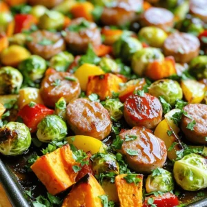 - 1 lb chicken or turkey sausage, sliced into coin-sized rounds - 2 cups Brussels sprouts, halved - 1 red bell pepper, sliced into strips - 1 yellow bell pepper, sliced into strips - 1 medium sweet potato, diced into 1-inch cubes - 1 red onion, cut into wedges In this dish, I use chicken or turkey sausage. They add great flavor and protein. The fresh vegetables are key too. They provide color, taste, and nutrition. I love Brussels sprouts for their crunch and sweetness. Bell peppers bring brightness, while sweet potato gives it a nice heartiness. Red onion adds a lovely sweetness when roasted. - 3 tablespoons pure maple syrup - 2 tablespoons extra virgin olive oil The maple glaze is what makes this dish shine. Pure maple syrup brings a sweet richness that pairs well with the savory sausage. I also add olive oil for smoothness. The glaze coats everything perfectly, making each bite delicious. - 1 teaspoon garlic powder - 1 teaspoon smoked paprika - Salt and freshly cracked black pepper - Fresh parsley, chopped, for garnish I use garlic powder and smoked paprika for depth. They add warmth and a hint of smokiness. Salt and pepper enhance the flavors of the sausage and veggies. Finally, I sprinkle fresh parsley on top. It adds a pop of color and freshness. 1. Preheat your oven to 425°F (220°C). This heat helps roast your dish quickly. 2. Chop your veggies. Cut Brussels sprouts in half. Slice the red and yellow bell peppers. Dice the sweet potato into 1-inch cubes. Cut the red onion into wedges. 1. In a large bowl, mix the sliced sausage and chopped veggies. This is your main mix. 2. In a small bowl, whisk together the maple syrup, olive oil, garlic powder, smoked paprika, salt, and pepper. This will be your sweet glaze. 1. Drizzle the maple glaze over the sausage and veggie mix. Toss everything until it is well-coated. 2. Spread the mix evenly on a baking sheet lined with parchment paper. This helps with easy cleanup. 3. Bake for 25-30 minutes. Stir halfway through to ensure even cooking. The sausage should be cooked, and the veggies tender. 4. Once done, remove from the oven and let cool for a couple of minutes. This helps prevent burns while serving. 5. Before serving, sprinkle fresh parsley on top for color and freshness. To ensure even cooking, spread the sausage and veggies out on the sheet. This gives hot air space to circulate around them. Stir halfway through cooking to brown everything nicely. When slicing and dicing, keep your pieces uniform. This way, they cook at the same rate. For the sausage, cut into coin-sized rounds. For the veggies, half the Brussels sprouts and dice the sweet potato into 1-inch cubes. This helps to get that perfect roast. You can serve this dish directly from the baking sheet. This creates a fun, rustic look. Guests will love the casual vibe. If you prefer, use a large platter to present it beautifully. For added flair, sprinkle some lemon juice over the top before serving. This brightens up the flavors. A sprinkle of fresh parsley adds a pop of color. For more variety, try different vegetables. Carrots, zucchini, or even asparagus work well. You can swap the sausage for pork, beef, or plant-based options. This keeps things exciting. Experiment with spices, too. Adding some chili flakes gives a nice kick. Fresh herbs like rosemary or thyme can add depth. They pair wonderfully with the maple glaze. {{image_4}} You can easily switch up the sausage in this dish. Try pork or beef sausage for a different taste. If you want a plant-based option, choose veggie sausage instead. Each type adds its own flavor. You can also use seasonal veggies. In summer, zucchini or cherry tomatoes work great. In fall, try butternut squash or carrots. The goal is to use fresh veggies for the best taste. To change the flavor, you can add different sauces or marinades. A bit of barbecue sauce can add a nice twist. You can also try teriyaki sauce for a sweet and savory mix. Adding extra herbs or spices will elevate the dish. Consider thyme or rosemary for an earthy touch. If you like heat, a pinch of red pepper flakes can spice things up. Don't be afraid to experiment with flavors! To keep your Sheet-Pan Maple Glazed Sausage and Veggies fresh, follow these tips: - Refrigeration: Allow the dish to cool down before storing. Place it in the fridge within two hours of cooking. This helps prevent bacteria growth. - Containers: Use airtight containers to store leftovers. Glass or plastic containers with tight-sealing lids work best. This keeps the flavors intact and prevents spills. Want to save some for later? Here’s how to freeze and reheat your meal properly: - Freezing: Portion out the leftovers into smaller containers or freezer bags. Remove as much air as possible to prevent freezer burn. Label the bags with the date. - Recommended Duration: You can freeze the meal for up to three months. It will still taste great when you’re ready to enjoy it! To reheat, thaw in the fridge overnight. Then, warm it in the oven or microwave until heated through. Enjoy your delicious meal once again! Can I use other types of meat? Yes, you can. Try pork or beef sausage for a different taste. You can also use plant-based sausage for a vegetarian option. Just keep the cooking times in mind. How do I ensure my vegetables aren't overcooked? To avoid overcooking, cut your veggies into similar sizes. This helps them cook evenly. Stir the mixture halfway through baking. Keep an eye on them as they roast. Caloric content per serving Each serving has about 400 calories. This number can change based on your meat choice. Breakdown of key nutrients - Protein: 20g from the sausage - Fiber: 5g from the veggies - Healthy fats: 10g from olive oil - Vitamins: A and C from peppers and Brussels sprouts Tips for making ahead of time You can prep the ingredients a day in advance. Chop the veggies and slice the sausage. Keep them in the fridge in a sealed container. Just add the glaze before baking. Pairing suggestions for sides or sauces Serve this dish with a side salad for extra greens. You can also add crusty bread to soak up the glaze. A light vinaigrette can brighten the flavors even more. This recipe blends chicken sausage and fresh vegetables under a sweet maple glaze. You learned how to prep, cook, and serve a delicious dish. You can spice it up with different meats or veggies. Remember to follow my tips for perfect cooking and great presentation. Store leftovers safely or freeze them for later. Now, you have a tasty, flexible recipe that’s sure to impress. Enjoy making it your own!