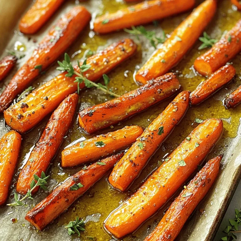 To make honey mustard roasted carrots, gather these key items: - 1 lb baby carrots (or regular carrots, peeled and cut) - 3 tablespoons honey - 2 tablespoons Dijon mustard - 2 tablespoons olive oil - 1 teaspoon garlic powder - 1 teaspoon fresh thyme leaves (or 1/2 teaspoon dried thyme) - Salt and black pepper, to taste - Fresh parsley, chopped (optional for garnish) You can easily adjust some ingredients. If you don’t have baby carrots, regular carrots work well. Just peel and cut them into sticks. For a vegan twist, swap honey for maple syrup. If you lack Dijon mustard, regular mustard can do the trick. Use dried thyme if you don't have fresh. Adjust salt and pepper based on your taste. When picking carrots, look for firm ones with vibrant color. The skin should be smooth and free of blemishes. Avoid carrots that feel soft or have dark spots. If you can, choose organic carrots for better flavor and fewer chemicals. Fresh carrots will taste sweeter and roast better. Start by preheating your oven to 425°F (220°C). This step ensures your carrots roast evenly. Next, take a baking sheet and line it with parchment paper. The paper helps with easy cleanup later. It also keeps the carrots from sticking to the pan. You want them to roast nicely, not get stuck. In a medium bowl, mix together 3 tablespoons of honey, 2 tablespoons of Dijon mustard, and 2 tablespoons of olive oil. Add 1 teaspoon of garlic powder and 1 teaspoon of fresh thyme leaves. If you use dried thyme, just use half of that. Now, add a pinch of salt and pepper. Whisk all these ingredients together until they form a smooth mix. This honey mustard marinade will give the carrots a sweet and tangy flavor. Next, take 1 pound of baby carrots and place them in the bowl with the marinade. Toss them gently so each carrot gets a good coat of that tasty mix. After that, spread the coated carrots out on the baking sheet. Make sure they are in a single layer. Leave some space between them. This space helps them roast and caramelize better. Now, pop the baking sheet in your preheated oven. Roast those carrots for about 25 to 30 minutes. Halfway through, flip the carrots using a spatula. This ensures even roasting. They are done when they are tender and have a nice caramelized look. Once you take them out, let the carrots cool for a minute. If you want, sprinkle some fresh chopped parsley on top for a colorful touch. To get that nice, golden-brown color on your carrots, spacing is key. Place the carrots on the baking sheet so they don’t touch. This allows hot air to circulate around each piece. The heat helps create a sweet, crispy crust. If you crowd them, they will steam instead of roast. Aim for even sizes for uniform cooking. Baby carrots work great, but if you use regular ones, cut them into similar sizes. While thyme adds a nice touch, feel free to explore other herbs. Fresh rosemary or dill can give a bright taste. You can also use parsley for a fresh finish. Mix and match to find your favorite combination. A sprinkle of fresh herbs after cooking brightens the dish and adds color. Experimenting with flavors makes cooking fun and unique. Cooking time can change based on carrot size. Baby carrots need about 25-30 minutes in the oven. If you choose larger carrots, cut them into sticks or rounds. Check for doneness by piercing them with a fork. If they are soft and tender, they are ready. If not, return them to the oven for a few more minutes. Keep an eye on them to avoid burning. {{image_4}} You can mix things up by adding other veggies. Try using parsnips, sweet potatoes, or bell peppers. Their flavors blend well with the honey mustard. Cut these veggies into similar sizes as the carrots. This helps them cook evenly. Toss them all in the same honey mustard marinade. Spread them out on the baking sheet together. They will roast beautifully, creating a colorful dish. If you want a vegan version, you can swap honey for maple syrup or agave nectar. Both options add sweetness without using animal products. The taste will be slightly different but just as yummy. Use the same amount as the honey called for in the recipe. This makes it easy to keep the same balance of flavors. Your roasted carrots will still shine with this simple change. If you like a little heat, add chili flakes to your marinade. Just a pinch can elevate your dish. Mix in about 1/4 teaspoon of chili flakes when you whisk the marinade. This adds a nice kick without overpowering the sweetness. Adjust the amount based on your heat preference. Spice can bring a new layer of flavor to your honey mustard roasted carrots. Give it a try for a fun twist! You can store honey mustard roasted carrots in the fridge. Place them in an airtight container. They stay fresh for up to four days. Make sure they cool down before sealing the container. This helps prevent moisture buildup and sogginess. Reheating leftovers is simple. You can use an oven or a microwave. For the oven, preheat it to 350°F (175°C). Spread the carrots on a baking sheet. Heat for about 10-15 minutes. This keeps them crisp. If using a microwave, place the carrots in a bowl. Heat in 30-second intervals until warm. Freezing is an option, but texture may change. Allow the carrots to cool completely first. Place them in a freezer-safe bag or container. Remove as much air as possible. They can last up to three months in the freezer. When ready to eat, thaw in the fridge overnight. Reheat in the oven for the best taste. Yes, you can use regular carrots. Just peel them and cut them into sticks. This helps them roast evenly. Regular carrots may take a bit longer to cook, so check for tenderness. They should be soft and slightly caramelized when done. This recipe is already gluten-free if you use Dijon mustard that does not contain gluten. Most Dijon mustards are safe. Always check the label to be sure. You can also use honey and olive oil as they are gluten-free. Enjoy the flavors without worry! Honey mustard roasted carrots go great with many dishes. They pair well with grilled chicken or fish. You can serve them alongside roasted potatoes or a fresh salad. They also complement any holiday meal nicely. Get creative to find your favorite combination! This blog covers everything you need for honey mustard roasted carrots. We examined essential ingredients, made helpful substitutions, and offered tips for fresh carrots. I provided step-by-step instructions for roasting and shared tips for perfect caramelization. I also discussed delicious variations and how to store leftovers. In summary, these carrots are simple, tasty, and versatile. With a few tweaks, they can fit any meal. Enjoy your cooking adventure with these flavorful roasted carrots!