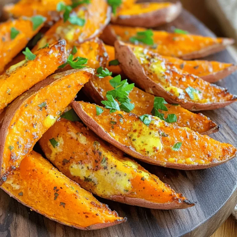 - 2 large sweet potatoes, thoroughly scrubbed and cut into wedges - 3 tablespoons unsalted butter, melted - 4 cloves of garlic, finely minced - 1 teaspoon smoked paprika for a subtle heat - 1 teaspoon dried oregano for herbal flavor - 1/2 teaspoon sea salt - 1/4 teaspoon freshly cracked black pepper - 2 tablespoons fresh parsley, finely chopped (for a vibrant garnish) - Air fryer - Mixing bowl - Whisk - Cutting board - Knife When picking sweet potatoes, look for firm ones. They should have smooth skin and no dark spots. Size matters too; larger potatoes yield bigger wedges. For measuring ingredients, use a standard set of measuring spoons and cups. This keeps your flavors balanced and ensures a tasty outcome. Remember, precise measurements make a difference in cooking! First, preheat your air fryer to 400°F (200°C). This step is crucial. It helps the wedges get crispy. Let it heat for about 5 minutes. While it warms up, let's make the garlic butter. In a large bowl, mix together 3 tablespoons of melted butter, 4 minced garlic cloves, 1 teaspoon of smoked paprika, 1 teaspoon of dried oregano, 1/2 teaspoon of sea salt, and 1/4 teaspoon of black pepper. Whisk it all together until it blends well. This mixture will give your sweet potatoes a rich flavor. Next, add the sweet potato wedges to the garlic butter mixture. You should have about 2 large sweet potatoes cut into wedges. Toss the wedges gently in the bowl. Make sure each wedge gets a nice coat of the garlic butter. This step is key for flavor. You want every bite to burst with that delicious garlic taste. Now, it’s time to cook! Place the coated sweet potato wedges in the air fryer basket. Make sure they are in a single layer. Avoid overcrowding, as this helps them cook evenly. If you have too many, cook them in batches. Air fry the wedges for 15-18 minutes. Halfway through, shake the basket to ensure they crisp up evenly. You want them golden brown and crispy. Once they look perfect, take them out and let them rest for a couple of minutes. This helps them become even crispier. Finally, serve the wedges on a platter and sprinkle some chopped parsley on top for a nice touch! To make your sweet potato wedges crispy, follow these steps: - Cut your sweet potatoes into even wedges. This ensures they cook at the same rate. - Soak the wedges in water for about 30 minutes. This helps remove excess starch. - Dry them well with a towel before coating. Moisture can lead to sogginess. - Use enough oil in your garlic butter mix. This helps them crisp nicely in the air fryer. - Shake the basket halfway through cooking. This allows hot air to circulate around the wedges. You can boost the flavor with these tips: - Add a pinch of cayenne pepper for heat. - Try fresh herbs like rosemary or thyme for a fragrant twist. - Sprinkle some Parmesan cheese on top once cooked for a savory touch. - Mix in a bit of lemon zest for a bright flavor. - Experiment with different spices like cumin or chili powder for unique tastes. If your sweet potato wedges turn out soggy or burnt, here’s what to do: - For soggy wedges, ensure they are not crowded in the air fryer. Cook in batches if needed. - If they burn, lower the cooking time or temperature. Every air fryer varies. - Check the wedges for doneness early; they may need less time than suggested. - If you see uneven cooking, shake the basket more often. This helps them cook evenly. {{image_4}} You can easily adjust this recipe to fit your needs. For a vegan option, swap out the butter for vegan butter. It works just as well and still gives you that rich flavor. You can also play with the seasonings. Try adding chili powder for some heat or a dash of cinnamon for a sweet twist. These sweet potato wedges shine as a side dish, but they can do more. Serve them with a fresh salad for a light meal. They pair well with grilled chicken or fish. You can even top them with black beans, avocado, and salsa for a fun twist. The options are endless! No air fryer? No problem! You can bake these wedges in the oven. Preheat your oven to 425°F (220°C). Spread the coated wedges on a baking sheet in a single layer. Bake for 25-30 minutes, flipping halfway through. If frying, heat oil in a pan. Fry the wedges until golden brown, about 5-7 minutes per side. This gives you crispy wedges without the air fryer! To keep your sweet potato wedges fresh, let them cool first. Place the wedges in an airtight container. This helps retain moisture and flavor. You can store them in the fridge for up to four days. If you want to keep them longer, freeze the wedges. Wrap them tightly in plastic wrap or foil before placing them in a freezer bag. When it’s time to enjoy your leftovers, the air fryer is your best friend. Set it to 350°F (175°C). Place the wedges in a single layer and heat for about 5-7 minutes. This will help them regain their crispiness. If you don’t have an air fryer, you can use the oven. Preheat it to 350°F (175°C) and bake the wedges for about 10 minutes. If stored properly, your sweet potato wedges last for about four days in the fridge. In the freezer, they can last up to three months. Just remember, the sooner you eat them, the better the taste and texture will be! For this recipe, I recommend using Garnet or Jewel sweet potatoes. These types are sweet and creamy. They have a rich orange color and cook nicely in the air fryer. Look for firm ones without blemishes for the best flavor. Yes, you can prep the sweet potatoes in advance. Cut them into wedges and store in water for up to 24 hours. This keeps them fresh and prevents browning. You can also toss them in the garlic butter mix ahead of time. Just store them in the fridge until you're ready to cook. Sweet potato wedges taste great with different dips. Here are some ideas: - Garlic aioli: Creamy and flavorful, it complements the garlic butter. - Spicy ketchup: Adds a kick and enhances the sweetness. - Honey mustard: Offers a sweet and tangy flavor contrast. - Ranch dressing: Provides a cool and creamy dip that balances the heat. Try different sauces to find your favorite pairing! This blog post has covered everything you need for perfect air fryer sweet potato wedges. We discussed key ingredients like sweet potatoes and spices, essential equipment, and prep tips. I shared step-by-step instructions for cooking, plus helpful tips for crispiness and flavor. You also learned about variations, storage, and answers to common questions. Enjoy your delicious wedges and feel free to experiment. The fun lies in making the recipe your own!