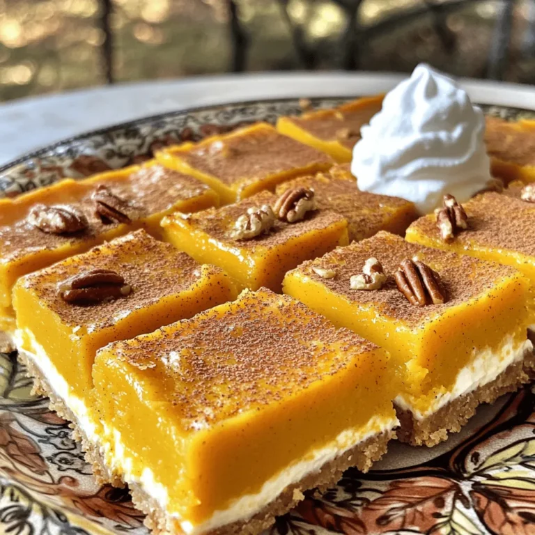 To make the pumpkin cream cheese bars, you need: - 1 cup all-purpose flour - 1 cup rolled oats - 1/2 cup packed brown sugar - 1/2 cup granulated sugar - 1/2 cup unsalted butter, melted and slightly cooled - 1/2 teaspoon baking soda - 1/2 teaspoon baking powder - 1/2 teaspoon salt - 1 teaspoon ground cinnamon - 1/2 teaspoon ground nutmeg - 2 large eggs, at room temperature - 1 cup canned pumpkin puree - 8 oz cream cheese, softened to room temperature - 1/4 cup pure maple syrup - 1 teaspoon pure vanilla extract - 1/4 cup chopped pecans (optional) You can add some fun flavors to your bars: - Chopped pecans add a nice crunch. - A sprinkle of chocolate chips gives a sweet surprise. - A little ginger adds a warm spice. If you want to change things up, here are some swaps: - Use whole wheat flour for a healthier crust. - Replace butter with coconut oil for a dairy-free option. - Maple syrup can be swapped with honey for a different sweetness. - For a nut-free version, skip the pecans and use seeds instead. Start by preheating your oven to 350°F (175°C). Grease a 9x13 inch baking dish using non-stick spray or line it with parchment paper. In a large bowl, mix together the following ingredients: - 1 cup all-purpose flour - 1 cup rolled oats - 1/2 cup packed brown sugar - 1/2 cup granulated sugar - 1/2 cup unsalted butter, melted and slightly cooled - 1/2 teaspoon baking soda - 1/2 teaspoon baking powder - 1/2 teaspoon salt - 1 teaspoon ground cinnamon - 1/2 teaspoon ground nutmeg Stir until you have a crumbly dough. Press three-quarters of the oat mixture into the bottom of the baking dish. This will form your crust. Set aside the rest for later. In another bowl, whisk two large eggs until frothy. Then add: - 1 cup canned pumpkin puree - 8 oz cream cheese, softened to room temperature - 1/4 cup pure maple syrup - 1 teaspoon pure vanilla extract Mix these ingredients well. Ensure there are no lumps. Pour this creamy mixture over your crust in the baking dish. Use a spatula to spread it evenly. Sprinkle the reserved oat mixture over the cream cheese filling. If you like nuts, add 1/4 cup chopped pecans on top for a nice crunch. Bake in the preheated oven for 30-35 minutes. The bars are ready when the edges look firm. A toothpick should come out clean or with a few moist crumbs when inserted in the center. After baking, take the dish out of the oven. Let the bars cool at room temperature for at least 1 hour. Then, transfer them to the refrigerator for an extra hour. This chilling helps them firm up, making them easier to cut. Once cooled, cut into squares. Enjoy these delicious pumpkin cream cheese bars! To get the best Pumpkin Cream Cheese Bars, follow these steps: - Preheat your oven to 350°F (175°C) for even baking. - Use room-temperature ingredients. This helps to mix better. - Grease your baking dish or use parchment paper for easy removal. - Bake for 30-35 minutes. Check for doneness with a toothpick. - Let the bars cool completely. This prevents them from falling apart. If your bars do not turn out as expected, here are some fixes: - Bars are too dry? Check your oven temperature. It might be too hot. - Bars are too wet? Ensure you measured the pumpkin puree correctly. - Crust is crumbly? Make sure to press it firmly into the pan. - Bars stick to the pan? Use parchment paper next time for easy lifting. For perfect slices, follow these tips: - Wait until the bars are completely cool before cutting. - Use a sharp knife for clean edges. - Wipe the knife with a damp cloth between cuts. - Serve the bars chilled or at room temperature for best taste. - Add a sprinkle of cinnamon on top for a festive touch. - Consider a dollop of whipped cream for extra fun! {{image_4}} You can switch up the toppings for your bars. Here are some fun ideas: - Chocolate chips: Add semi-sweet or dark chocolate chips for a rich twist. - Coconut flakes: Sprinkle unsweetened coconut for a tropical flavor. - Dried fruits: Raisins or cranberries add a burst of sweetness. - Crushed cookies: Use gingersnap or graham cracker crumbs for extra crunch. - Seeds: Try sunflower seeds or pumpkin seeds for a nut-free option. Get creative with your spices and flavorings. You can enhance your bars by: - Adding ginger: A teaspoon of ground ginger gives a warm kick. - Using allspice: A dash of allspice adds a nice depth of flavor. - Swapping extracts: Use almond extract instead of vanilla for a unique taste. - Mixing in citrus: Zest from oranges or lemons brightens the flavor. Making these bars gluten-free or dairy-free is easy. Here’s how: - Gluten-free flour: Use a gluten-free all-purpose flour blend. - Oats: Ensure the oats are certified gluten-free. - Dairy-free butter: Replace butter with coconut oil or a dairy-free spread. - Cream cheese: Use dairy-free cream cheese for the filling. - Egg substitutes: Use flax eggs or applesauce for a vegan option. These variations let you tailor the pumpkin cream cheese bars to your taste. Enjoy experimenting with different flavors and textures! Store leftover pumpkin cream cheese bars in an airtight container. Keep them in the fridge. This helps maintain their taste and texture. If you stack them, place parchment paper between layers to avoid sticking. These bars can stay fresh for up to five days in the fridge. After that, they may lose some flavor and texture. Always check for any signs of spoilage before eating. To freeze the bars, first cut them into squares. Wrap each piece tightly in plastic wrap. Then, place the wrapped bars in a freezer-safe bag or container. They can last up to three months in the freezer. When ready to enjoy, thaw them in the fridge overnight. Yes, you can make these pumpkin cream cheese bars ahead of time. They store well in the fridge. I suggest making them a day before you need them. This lets the flavors blend more. Just let them cool, then cover them tightly. They will stay fresh for about 3 days. These bars are tasty on their own, but you can add more fun! Serve them with a dollop of whipped cream. A sprinkle of cinnamon on top looks nice too. You could also pair them with coffee or tea. For a twist, try serving them with a scoop of vanilla ice cream. The cold ice cream contrasts well with the warm bars. Yes, you can make these bars vegan with some easy swaps. Use flax eggs instead of regular eggs. To make one flax egg, mix 1 tablespoon of ground flaxseed with 2.5 tablespoons of water. Let it sit for 5 minutes to thicken. Replace the cream cheese with a vegan cream cheese option. Finally, use coconut oil or vegan butter in place of regular butter. These small changes keep the flavors rich and delicious. You’ve learned about ingredients and how to mix them for pumpkin cream cheese bars. I outlined the steps for mixing, baking, and cooling. You got tips for a perfect bake and common fixes. Explore tasty variations and how to store leftovers for later. Remember, these bars are easy to adapt, so try new flavors. With simple steps and creative ideas, you'll impress everyone. Enjoy making these tasty treats!