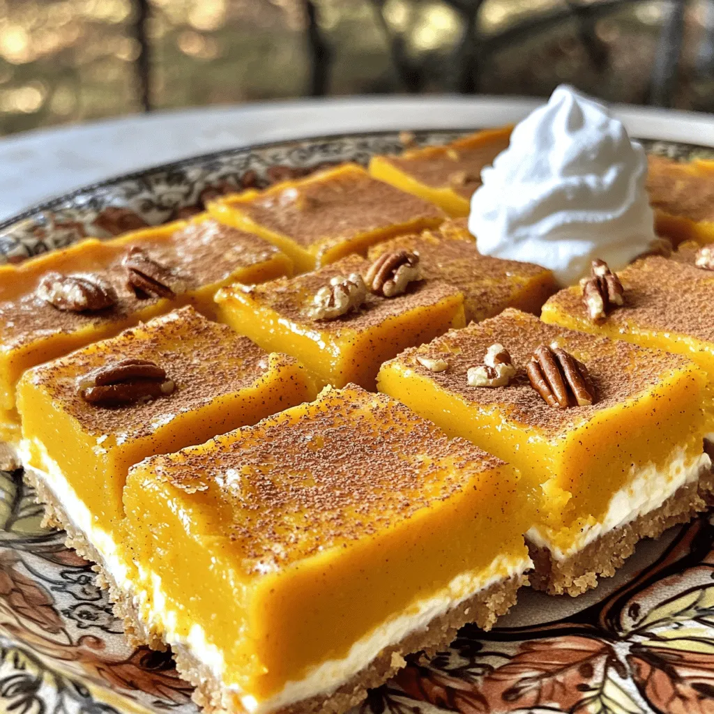 To make the pumpkin cream cheese bars, you need: - 1 cup all-purpose flour - 1 cup rolled oats - 1/2 cup packed brown sugar - 1/2 cup granulated sugar - 1/2 cup unsalted butter, melted and slightly cooled - 1/2 teaspoon baking soda - 1/2 teaspoon baking powder - 1/2 teaspoon salt - 1 teaspoon ground cinnamon - 1/2 teaspoon ground nutmeg - 2 large eggs, at room temperature - 1 cup canned pumpkin puree - 8 oz cream cheese, softened to room temperature - 1/4 cup pure maple syrup - 1 teaspoon pure vanilla extract - 1/4 cup chopped pecans (optional) You can add some fun flavors to your bars: - Chopped pecans add a nice crunch. - A sprinkle of chocolate chips gives a sweet surprise. - A little ginger adds a warm spice. If you want to change things up, here are some swaps: - Use whole wheat flour for a healthier crust. - Replace butter with coconut oil for a dairy-free option. - Maple syrup can be swapped with honey for a different sweetness. - For a nut-free version, skip the pecans and use seeds instead. Start by preheating your oven to 350°F (175°C). Grease a 9x13 inch baking dish using non-stick spray or line it with parchment paper. In a large bowl, mix together the following ingredients: - 1 cup all-purpose flour - 1 cup rolled oats - 1/2 cup packed brown sugar - 1/2 cup granulated sugar - 1/2 cup unsalted butter, melted and slightly cooled - 1/2 teaspoon baking soda - 1/2 teaspoon baking powder - 1/2 teaspoon salt - 1 teaspoon ground cinnamon - 1/2 teaspoon ground nutmeg Stir until you have a crumbly dough. Press three-quarters of the oat mixture into the bottom of the baking dish. This will form your crust. Set aside the rest for later. In another bowl, whisk two large eggs until frothy. Then add: - 1 cup canned pumpkin puree - 8 oz cream cheese, softened to room temperature - 1/4 cup pure maple syrup - 1 teaspoon pure vanilla extract Mix these ingredients well. Ensure there are no lumps. Pour this creamy mixture over your crust in the baking dish. Use a spatula to spread it evenly. Sprinkle the reserved oat mixture over the cream cheese filling. If you like nuts, add 1/4 cup chopped pecans on top for a nice crunch. Bake in the preheated oven for 30-35 minutes. The bars are ready when the edges look firm. A toothpick should come out clean or with a few moist crumbs when inserted in the center. After baking, take the dish out of the oven. Let the bars cool at room temperature for at least 1 hour. Then, transfer them to the refrigerator for an extra hour. This chilling helps them firm up, making them easier to cut. Once cooled, cut into squares. Enjoy these delicious pumpkin cream cheese bars! To get the best Pumpkin Cream Cheese Bars, follow these steps: - Preheat your oven to 350°F (175°C) for even baking. - Use room-temperature ingredients. This helps to mix better. - Grease your baking dish or use parchment paper for easy removal. - Bake for 30-35 minutes. Check for doneness with a toothpick. - Let the bars cool completely. This prevents them from falling apart. If your bars do not turn out as expected, here are some fixes: - Bars are too dry? Check your oven temperature. It might be too hot. - Bars are too wet? Ensure you measured the pumpkin puree correctly. - Crust is crumbly? Make sure to press it firmly into the pan. - Bars stick to the pan? Use parchment paper next time for easy lifting. For perfect slices, follow these tips: - Wait until the bars are completely cool before cutting. - Use a sharp knife for clean edges. - Wipe the knife with a damp cloth between cuts. - Serve the bars chilled or at room temperature for best taste. - Add a sprinkle of cinnamon on top for a festive touch. - Consider a dollop of whipped cream for extra fun! {{image_4}} You can switch up the toppings for your bars. Here are some fun ideas: - Chocolate chips: Add semi-sweet or dark chocolate chips for a rich twist. - Coconut flakes: Sprinkle unsweetened coconut for a tropical flavor. - Dried fruits: Raisins or cranberries add a burst of sweetness. - Crushed cookies: Use gingersnap or graham cracker crumbs for extra crunch. - Seeds: Try sunflower seeds or pumpkin seeds for a nut-free option. Get creative with your spices and flavorings. You can enhance your bars by: - Adding ginger: A teaspoon of ground ginger gives a warm kick. - Using allspice: A dash of allspice adds a nice depth of flavor. - Swapping extracts: Use almond extract instead of vanilla for a unique taste. - Mixing in citrus: Zest from oranges or lemons brightens the flavor. Making these bars gluten-free or dairy-free is easy. Here’s how: - Gluten-free flour: Use a gluten-free all-purpose flour blend. - Oats: Ensure the oats are certified gluten-free. - Dairy-free butter: Replace butter with coconut oil or a dairy-free spread. - Cream cheese: Use dairy-free cream cheese for the filling. - Egg substitutes: Use flax eggs or applesauce for a vegan option. These variations let you tailor the pumpkin cream cheese bars to your taste. Enjoy experimenting with different flavors and textures! Store leftover pumpkin cream cheese bars in an airtight container. Keep them in the fridge. This helps maintain their taste and texture. If you stack them, place parchment paper between layers to avoid sticking. These bars can stay fresh for up to five days in the fridge. After that, they may lose some flavor and texture. Always check for any signs of spoilage before eating. To freeze the bars, first cut them into squares. Wrap each piece tightly in plastic wrap. Then, place the wrapped bars in a freezer-safe bag or container. They can last up to three months in the freezer. When ready to enjoy, thaw them in the fridge overnight. Yes, you can make these pumpkin cream cheese bars ahead of time. They store well in the fridge. I suggest making them a day before you need them. This lets the flavors blend more. Just let them cool, then cover them tightly. They will stay fresh for about 3 days. These bars are tasty on their own, but you can add more fun! Serve them with a dollop of whipped cream. A sprinkle of cinnamon on top looks nice too. You could also pair them with coffee or tea. For a twist, try serving them with a scoop of vanilla ice cream. The cold ice cream contrasts well with the warm bars. Yes, you can make these bars vegan with some easy swaps. Use flax eggs instead of regular eggs. To make one flax egg, mix 1 tablespoon of ground flaxseed with 2.5 tablespoons of water. Let it sit for 5 minutes to thicken. Replace the cream cheese with a vegan cream cheese option. Finally, use coconut oil or vegan butter in place of regular butter. These small changes keep the flavors rich and delicious. You’ve learned about ingredients and how to mix them for pumpkin cream cheese bars. I outlined the steps for mixing, baking, and cooling. You got tips for a perfect bake and common fixes. Explore tasty variations and how to store leftovers for later. Remember, these bars are easy to adapt, so try new flavors. With simple steps and creative ideas, you'll impress everyone. Enjoy making these tasty treats!