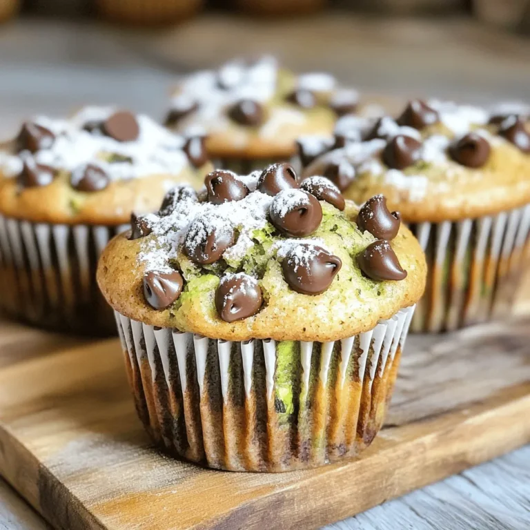 To make delicious zucchini chocolate chip muffins, you will need: - 1 medium zucchini, finely grated - 1 cup all-purpose flour - 1/2 cup whole wheat flour - 1/2 teaspoon baking powder - 1/2 teaspoon baking soda - 1/2 teaspoon salt - 1 teaspoon ground cinnamon - 1/2 cup granulated sugar - 1/4 cup packed brown sugar - 1/3 cup vegetable oil - 2 large eggs - 1 teaspoon pure vanilla extract - 1 cup semi-sweet chocolate chips - Zucchini: Fresh zucchini adds moisture. If you don’t have zucchini, you can use carrot. - Flour: I mix all-purpose and whole wheat for more fiber. You can swap whole wheat for more all-purpose if you prefer. - Sugar: Granulated sugar gives sweetness, while brown sugar adds moisture and flavor. You can use coconut sugar for a healthier option. - Oil: Vegetable oil keeps muffins soft. You can use melted coconut oil or applesauce for a lighter touch. - Eggs: They help bind the muffins. If you want a vegan option, substitute with flaxseed meal or applesauce. - Chocolate chips: Semi-sweet chips bring great taste. Dark chocolate or white chocolate chips can work well, too. Each muffin roughly has: - Calories: 150-180 - Fat: 6-8 grams - Carbohydrates: 22-25 grams - Protein: 3-4 grams - Fiber: 1-2 grams These muffins pack a delightful mix of flavors and nutrients. They are a tasty way to enjoy a vegetable! Start by preheating your oven to 350°F (175°C). This step is key to ensure your muffins bake evenly. Next, grab your muffin tin. You can line it with muffin liners or lightly grease each cup with cooking spray or oil. This helps prevent sticking and makes cleanup easier. In a large mixing bowl, add the finely grated zucchini, granulated sugar, brown sugar, vegetable oil, eggs, and vanilla extract. Use a whisk or spatula to mix these well. Aim for a smooth blend with no clumps. This mixture is the heart of your muffins, adding moisture and flavor. In another bowl, combine the all-purpose flour, whole wheat flour, baking powder, baking soda, salt, and ground cinnamon. Whisk these together until they are well mixed. A good blend here helps your muffins rise and taste great. Make sure there are no lumps left behind. Now, gradually add the dry ingredients to the wet mixture. Use a spatula to fold them together gently. Stir just until you no longer see dry flour. Be careful with mixing; overmixing can make your muffins tough. You want them soft and fluffy. Once your batter is ready, gently fold in the semi-sweet chocolate chips. This step is important for an even distribution of chocolate throughout the batter. Avoid overworking the mixture again; we want those chocolate chips to shine in every bite. Using a spoon or an ice cream scoop, fill each muffin cup with batter. Aim to fill each cup about two-thirds full. This allows space for the muffins to rise while baking. If you fill them too much, they might overflow, and nobody wants that! Place the muffin tin in the preheated oven. Bake for 18-20 minutes. Check for doneness by inserting a toothpick into the center of a muffin. It should come out clean or with a few moist crumbs. Once done, remove the muffin tin from the oven and let it cool for 5 minutes. Then, transfer the muffins to a wire rack to cool completely. Enjoy the lovely smell wafting through your kitchen! To keep your muffins moist, always add a finely grated zucchini. The moisture from the zucchini helps create a soft texture. Use fresh zucchini for the best taste. You can also store them in an airtight container after cooling. This helps trap moisture and keeps them tender. Mixing too much can make your muffins tough. When combining wet and dry ingredients, gently fold them together. Stop mixing once you no longer see dry flour. This keeps the muffins light and fluffy. Remember, a few lumps are okay! Use a box grater or food processor to grate zucchini. Grate it finely for better blending. You can also squeeze out excess moisture with a clean kitchen towel. This prevents the batter from becoming too wet and helps your muffins rise nicely. For a lovely presentation, serve your muffins warm. You can sprinkle powdered sugar on top for a sweet touch. Add a dollop of whipped cream or a few extra chocolate chips on each muffin. These small details make your muffins look appealing and inviting. {{image_4}} You can enhance your muffins by adding nuts or seeds. Chopped walnuts or pecans add a nice crunch. Sunflower seeds or chia seeds can also boost nutrition. Add about 1/2 cup of your choice to the batter. Make sure to fold them in gently to mix well. Switch up the flavor by using different types of chocolate. You can try dark chocolate chips for a richer taste. Milk chocolate chips can make the muffins sweeter. You can even mix in white chocolate for a fun twist. Just keep the amount around 1 cup for balance. To make these muffins gluten-free, swap the all-purpose flour with a gluten-free blend. Make sure it includes xanthan gum for the best texture. You can also use almond flour or coconut flour. Keep in mind that this may alter the moisture level, so adjust liquid as needed. If you prefer mini muffins, this recipe works great! Fill each mini cup with about 1 tablespoon of batter. Bake them for 12-15 minutes instead of the full size. These bite-sized treats are perfect for snacks or lunchboxes. Enjoy them warm from the oven! To keep your zucchini chocolate chip muffins fresh, store them in an airtight container. Place them at room temperature for up to three days. If you want to keep them longer, refrigeration is an option, but it may dry them out a bit. Freezing is a great way to store muffins for later. To freeze, let the muffins cool completely first. Wrap each muffin in plastic wrap and place them in a freezer bag. They can last up to three months in the freezer. Just make sure to label the bag with the date. When you're ready to eat a frozen muffin, take it out of the freezer. Let it thaw in the fridge overnight or at room temperature for a couple of hours. For a warm treat, you can reheat it in the microwave for about 15-20 seconds. Alternatively, pop it in a preheated oven at 350°F (175°C) for about 5-10 minutes. Enjoy the fresh taste! Yes, you can use other veggies. Carrots work great in this recipe. They add moisture and a sweet taste. You might also try yellow squash. Just make sure to grate them finely like zucchini. Check the muffins at 18 minutes. Insert a toothpick into the center. If it comes out clean or with a few moist crumbs, they are done. If not, bake for another 2 minutes. Keep an eye on them to avoid overbaking. For a vegan option, use flax eggs. Mix 1 tablespoon of ground flaxseed with 2.5 tablespoons of water. Let it sit for 5 minutes to thicken. You can also use applesauce, mashed banana, or a store-bought egg replacer. These muffins stay fresh for about 3 days at room temperature. Keep them in an airtight container. If you want them to last longer, refrigerate them for up to a week. Yes, you can prep the batter the night before. Store it in the fridge. Just remember to mix it gently before baking. You can also bake the muffins ahead and freeze them for later. They thaw well and taste great! You learned about making delicious muffins with zucchini. We covered the ingredients, steps, and tips for success. You can add variations or store muffins for later. Remember, moist muffins come from not overmixing. Use my suggestions to boost flavor or change ingredients. Enjoy your baking adventures! With practice, you will make perfect muffins every time.