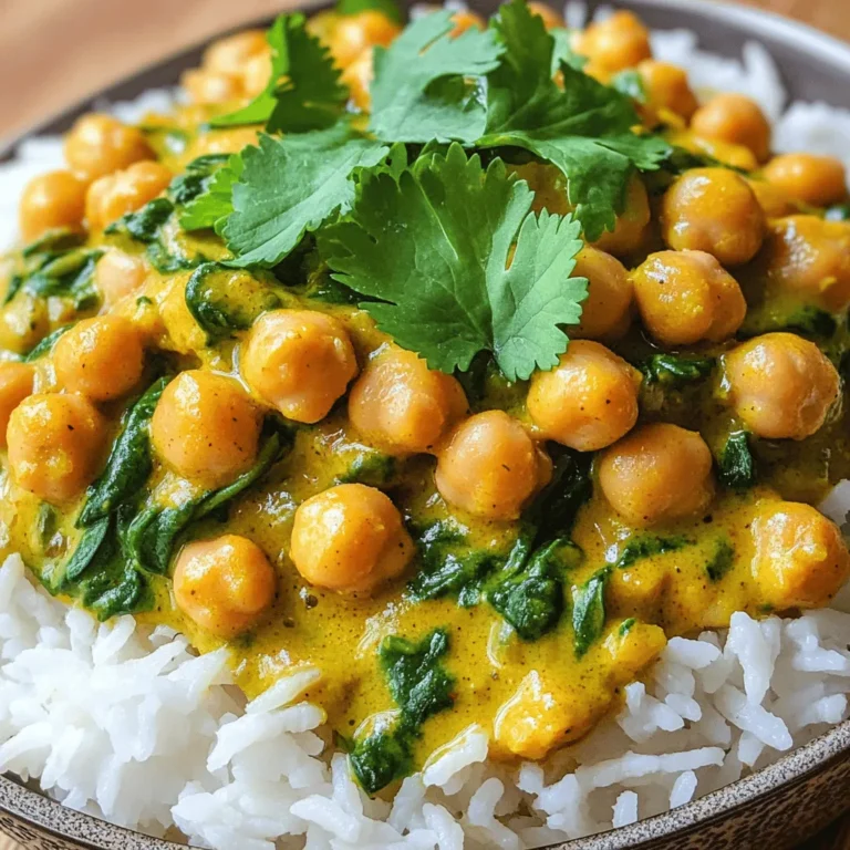 - 2 cans (15 oz each) chickpeas, thoroughly rinsed and drained - 1 can (14 oz) full-fat coconut milk - 1 medium onion, finely chopped - 3 cloves garlic, minced - 1 tablespoon fresh ginger, minced Chickpeas are the star of this dish. You can use canned or dried ones. Canned are quick and easy, while dried need soaking. Coconut milk adds rich creaminess to the curry. I prefer full-fat for the best flavor. Aromatics like onion, garlic, and ginger give depth to the dish. - 1 tablespoon curry powder - 1 teaspoon ground cumin - 1 teaspoon turmeric - 1 teaspoon chili powder (adjust to your preferred spice level) Spices bring life to your coconut curry. Curry powder is a mix of spices that adds warmth. Ground cumin gives a nutty flavor. Turmeric adds color and has health benefits. Adjust chili powder to suit your taste. More for heat, less for mild. - 2 cups fresh spinach leaves, washed and roughly chopped - 1 tablespoon extra virgin olive oil - Sea salt and freshly ground black pepper, to taste Fresh spinach adds a lovely green color and nutrients. Olive oil is perfect for sautéing the aromatics. Season with salt and pepper to enhance all the flavors. This mix creates a well-rounded dish that’s both tasty and healthy. Start by heating the extra virgin olive oil in a large skillet over medium heat. Once the oil is hot, add the finely chopped onion. Sauté it until it turns translucent, which takes about 5 minutes. This step builds a great base for your curry. Next, add the minced garlic and ginger to the pan. Stir well and cook for an additional minute. You want to cook until the mix becomes fragrant. This aroma is a sign that you are on the right track. Now, sprinkle in the curry powder, ground cumin, turmeric, and chili powder. Stir the mixture well. Toast the spices for about 30 seconds. This step enhances their flavors and brings out their warmth. The smell will be amazing! Pour in the full-fat coconut milk. Bring the mixture to a gentle simmer, stirring occasionally. This creates a creamy coconut sauce. It should look rich and inviting. Next, add the rinsed chickpeas to the sauce. Stir gently to coat them well. Allow the dish to simmer for 10 to 15 minutes. Stir occasionally until the sauce thickens slightly. It should beautifully coat the chickpeas. Fold in the fresh spinach leaves. Cook for an additional 3 to 5 minutes. You want the greens to wilt and brighten in color. This adds both nutrition and color to your dish. Remove the skillet from heat and season generously with sea salt and freshly ground black pepper. Adjust to your taste. Serve the coconut curry chickpeas over warm cooked rice or fluffy quinoa. Garnish with chopped fresh cilantro for a burst of flavor and color. Enjoy your delicious creation! Toasting spices adds depth to your dish. Heat a dry pan over medium heat. Add your spices, like curry powder and cumin. Stir them for about 30 seconds. You want to smell their rich aromas. This step makes the flavors pop! Balancing spice levels is key. Start with less chili powder. You can add more later if needed. Taste as you go! This way, you avoid an overly spicy dish. Use a large skillet or a Dutch oven for this recipe. They provide even heating and plenty of space. Avoid using a small pot; it can make stirring difficult. Simmering is best for this dish. It allows flavors to meld together. Boiling can make the chickpeas mushy. Keep the heat low, and let it simmer gently. For a beautiful dish, serve the curry in shallow bowls. This allows for a nice view of the vibrant colors. Add a sprinkle of fresh cilantro on top for brightness. Pair with lime wedges for a zesty kick. The lime juice will enhance the flavors. You can also serve it with warm rice or fluffy quinoa. This adds texture and makes the meal heartier. {{image_4}} You can change the protein in this dish easily. If you want meat, try chicken or shrimp. Cook them until they are done before adding them to the curry. For a vegetarian option, add tofu. Press and cube the tofu, then brown it before mixing it in. This will give you protein while keeping the dish plant-based. Feel free to swap in other greens too. Kale or Swiss chard work well. Just chop them up and add them in with the spinach. You can also toss in bell peppers or carrots for extra color and crunch. Slice the peppers thin and chop the carrots small so they cook well. You might want to switch up the spices. Use different curry blends for new flavors. Look for Thai curry or garam masala if you like. To change the heat, add less chili powder for mild spice. If you want more heat, add fresh chilies or more chili powder. Adjusting spices can make this dish your own. To store your leftover coconut curry chickpeas, let them cool first. Then, place them in an airtight container. This keeps the dish fresh. In the fridge, it lasts for about 3 to 4 days. Be sure to check for any off smells or changes in texture before serving again. You can also freeze the coconut curry chickpeas. Use freezer-safe containers or bags. Make sure to leave some space for expansion. This dish stays good in the freezer for up to 2 months. When you're ready to eat, move them to the fridge overnight to thaw. You can reheat them in a pot over low heat or the microwave. Stir occasionally to warm them evenly. Batch cooking is a smart way to enjoy this dish. You can prepare a big batch and store it for the week. Just follow the recipe as usual, then divide the curry into portions. Store them in airtight containers. For prepped ingredients, like chopped onion or garlic, keep them in sealed bags in the fridge. This makes it easy to cook on busy days. You can pair Coconut Curry Chickpeas with several tasty sides. Here are some great options: - Cooked rice: White, brown, or jasmine rice works well. - Fluffy quinoa: It adds a nice texture and flavor. - Naan bread: Perfect for scooping up the curry. - Roasted vegetables: Adds color and nutrients to your meal. - Cucumber salad: A cool, fresh side balances the heat. Yes, this recipe is vegan! The main ingredients are chickpeas and coconut milk, both plant-based. You can enjoy this dish without any animal products. It’s a hit for everyone, even non-vegans. You can control the spice level in this dish easily: - For mild curry: Use less chili powder or omit it. - For medium spice: Stick to the recipe as is. - For spicy curry: Add more chili powder or fresh chili peppers. Taste as you go to find your perfect heat! Chickpeas are a powerhouse of nutrition. They are: - High in protein: Great for muscle health. - Rich in fiber: Good for digestion and keeps you full. - Packed with vitamins: They provide iron, magnesium, and folate. - Low in fat: A healthy choice for heart health. Chickpeas also help in managing blood sugar levels. When choosing coconut milk, consider these options: - Full-fat coconut milk: Creamy and rich; perfect for the recipe. - Light coconut milk: Lower in fat but less creamy. - Coconut cream: Thicker and richer, but may need dilution. I recommend using full-fat for the best flavor and texture. This blog post guides you through making delicious Coconut Curry Chickpeas. We covered essential ingredients, from chickpeas to spices. You learned to prepare, season, and serve this dish beautifully. Remember, cooking is all about creativity. Modify the recipe to make it your own. Try different vegetables or proteins. Enjoy exploring new flavors. Cooking can be fun and rewarding!