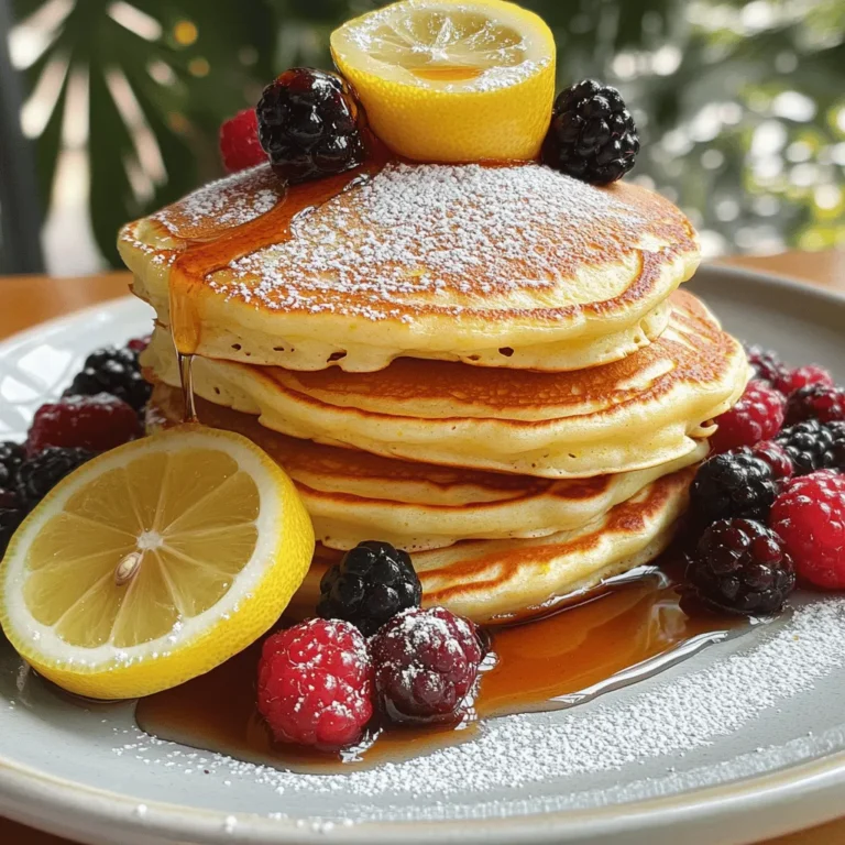 To make delicious lemon ricotta pancakes, you need these main ingredients: - 1 cup fresh ricotta cheese - 1 cup buttermilk - 3 large eggs, at room temperature - 1 cup all-purpose flour - 1 tablespoon baking powder - 1/4 teaspoon baking soda - 1/4 teaspoon fine sea salt - Zest from 2 medium-sized lemons - 1/4 cup granulated sugar - 2 tablespoons unsalted butter, melted - 1 teaspoon pure vanilla extract These ingredients work together to create a fluffy and tasty pancake. The ricotta cheese adds creaminess, while the lemon zest brings a fresh pop of flavor. You can also add some optional ingredients to make the pancakes even better: - Fresh mixed berries (like blueberries, strawberries, and raspberries) for topping - Pure maple syrup for serving - Powdered sugar for a sweet touch These extras can brighten up your meal and make it more fun. If you need to make changes, here are some substitutions: - If you don't have buttermilk, mix 1 cup of milk with 1 tablespoon of vinegar or lemon juice. Let it sit for 5 minutes. - You can use Greek yogurt instead of ricotta cheese for a tangier taste. - If you want gluten-free pancakes, use a gluten-free flour blend. Feel free to get creative with these ingredients. Cooking is all about making it your own! Start by gathering all your ingredients. In a large bowl, mix the ricotta cheese, buttermilk, and eggs. Whisk them until smooth. Make sure there are no lumps. In another bowl, mix the flour, baking powder, baking soda, salt, and sugar. Add the lemon zest to this mix for a fresh flavor. Slowly combine the dry mix with the wet ingredients. Use a spatula to fold them together gently. It's okay if the batter has a few lumps. Next, stir in the melted butter and vanilla extract until everything is just mixed. Now, heat your non-stick skillet over medium heat. Lightly grease it with butter or cooking spray. Pour about 1/4 cup of batter onto the skillet for each pancake. Cook for 2-3 minutes. Look for small bubbles forming on the surface. This shows it’s ready to flip. Carefully turn the pancake and cook for another 2-3 minutes until golden brown. Adjust the heat if needed to avoid burning. Repeat this with the remaining batter. Serve your pancakes warm, stacked high on a plate. Top them with fresh mixed berries for a burst of color and flavor. Drizzle pure maple syrup over the stack for added sweetness. For a beautiful display, dust the pancakes with powdered sugar and add a slice of lemon on the side. Enjoy your delicious meal! To make your pancakes extra fluffy, start with room temperature eggs. Cold eggs can lead to a denser batter. When mixing your batter, be gentle. Over-mixing can make pancakes tough. Leave a few lumps in the batter. This helps keep them light and airy. A common mistake is not measuring ingredients correctly. Use measuring cups for flour, sugar, and buttermilk. Too much flour can make pancakes dry. Another mistake is cooking at too high a heat. Keep your skillet on medium heat. This allows pancakes to cook evenly without burning. Always preheat your skillet or griddle before adding batter. A hot surface creates a nice golden crust. Use a non-stick pan or add a little butter to prevent sticking. Flip pancakes when you see bubbles forming on top. This means they are ready to turn. Serve them warm with fresh berries for a tasty treat. {{image_4}} You can mix things up with some fun flavors. Try adding chocolate chips for a sweet twist. You can also fold in some crushed nuts for a crunchy bite. If you love spices, a hint of cinnamon or nutmeg works well, too. For a fruity kick, try adding mashed bananas or diced apples to the batter. These add-ins can make your pancake breakfast even more exciting! If you need a gluten-free option, simply swap the all-purpose flour for a gluten-free blend. Look for a mix that includes xanthan gum for the best texture. You can also use almond flour or coconut flour, but adjust the liquid in your recipe. Using gluten-free flour may change the texture slightly, but your pancakes will still taste amazing! Want to try a savory take? Skip the sugar and vanilla, and add herbs instead. Fresh thyme or chopped chives give a great flavor. You can also mix in some grated cheese, like Parmesan, for a rich taste. Serve these savory pancakes with a dollop of Greek yogurt or a side of smoked salmon for a delicious brunch option. To store leftover pancakes, allow them to cool first. Place them in an airtight container. You can stack them with parchment paper in between to prevent sticking. Store the container in the fridge for up to three days. This keeps your pancakes fresh and ready to enjoy later. When you're ready to eat your pancakes again, you have a few options. You can use a microwave, a skillet, or an oven. For the microwave, heat them for about 30 seconds. Check if they are warm enough. If not, heat them for another 15 seconds. In a skillet, warm them on low heat, flipping once until hot. For the oven, wrap them in foil and heat at 350°F for about 10 minutes. Each method works well to keep your pancakes soft and tasty. If you want to keep pancakes longer, freezing is a great choice. First, cool the pancakes completely. Then, place them in a single layer on a baking sheet. Freeze them for about one hour. Once frozen, transfer them to a freezer bag or airtight container. Label the bag with the date. You can freeze pancakes for up to two months. When you're ready to eat, just reheat them directly from the freezer. Enjoy your tasty Lemon Ricotta Pancakes anytime! To make pancakes with ricotta cheese, start by mixing the cheese, buttermilk, and eggs in a bowl. Whisk them until smooth. In another bowl, sift together flour, baking powder, baking soda, salt, and sugar. Add lemon zest for flavor. Combine the dry mix with the wet mix using a spatula. Fold gently to keep the batter light. Then, add melted butter and vanilla. Cook the pancakes on a medium skillet until golden. Yes, you can use regular milk instead of buttermilk. Buttermilk gives a nice tang and helps the pancakes rise. If you use regular milk, add a splash of lemon juice or vinegar. This will create a similar acidic effect. Let it sit for a few minutes before mixing it into the batter. This simple trick makes a big difference. You can serve Lemon Ricotta Pancakes with fresh mixed berries. Blueberries, strawberries, and raspberries work well. A drizzle of pure maple syrup adds sweetness. For extra flavor, sprinkle some powdered sugar on top. You can also add a slice of lemon for a citrus touch. Enjoying these pancakes warm makes them even better! Lemon ricotta pancakes are tasty and easy to make. You’ve learned the key ingredients, how to cook them, and the best tips for fluffy pancakes. We explored fun variations and how to store them, too. With these steps, you can whip up a breakfast that wows. Enjoy these delightful pancakes at your next meal and share with family and friends!