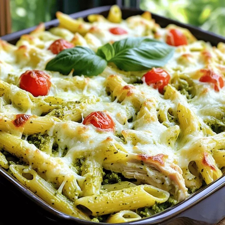 Gather these simple ingredients to make your Pesto Chicken Penne Bake: - 2 cups penne pasta - 2 cups cooked chicken breast, shredded - 1 cup basil pesto - 1 cup ricotta cheese - 1 cup mozzarella cheese, shredded - ½ cup Parmesan cheese, grated - 1 cup cherry tomatoes, halved - 1 tablespoon olive oil - Salt and pepper, to taste - Fresh basil leaves, for garnish This dish combines rich flavors and textures. The penne pasta gives a hearty base. Cooked chicken adds protein and heartiness. The basil pesto brings fresh herbal notes, while the ricotta and mozzarella create a creamy texture. Cherry tomatoes add a burst of sweetness. Olive oil helps everything blend together nicely. You can adjust the cheese types if you wish. Use goat cheese for a tangy twist. If you prefer a lighter dish, swap some cheese for more veggies. This recipe is flexible and can cater to your taste. Gather these ingredients to enjoy a warm, comforting meal that everyone will love. First, set your oven to 375°F (190°C). This temperature cooks the dish evenly. Preheating is key for a great bake. Next, fill a large pot with salted water and bring it to a boil. Add your penne pasta and cook until al dente. This means the pasta should be firm but not hard. Once cooked, drain it and let it cool a bit. In a mixing bowl, combine 2 cups of shredded chicken, 1 cup of basil pesto, 1 cup of ricotta cheese, half of the mozzarella, and half of the Parmesan cheese. Season with salt and pepper to taste. Use a spatula to mix until creamy and well-blended. Gently fold your penne pasta into the chicken and pesto mix. Make sure every piece of pasta gets coated in that rich, creamy sauce. This step is crucial for flavor. Grease a 9x13 inch baking dish with olive oil. Start by adding half of your pasta mixture to the dish. Next, sprinkle halved cherry tomatoes on top for a fresh burst of flavor. Then, add the remaining pasta mixture, spreading it out evenly. To finish, sprinkle the rest of the mozzarella and Parmesan cheese on top. Drizzle a bit of olive oil over the cheese. Cover the dish tightly with aluminum foil. Bake for 25 minutes, then remove the foil. Continue baking for 10-15 minutes until the cheese is melted and bubbling. After baking, let it cool for 5 minutes. This helps set the layers and makes serving easier. To avoid a dry texture in your bake, start with a good amount of sauce. You need the chicken and pasta to swim in the creamy mixture. If it seems too dry, add a splash of chicken broth or more pesto. Covering the dish with foil helps keep moisture. Remove the foil in the last few minutes to achieve that golden, bubbly cheese. Seasoning is key to making your dish shine. Taste the mixture before baking. If you want a kick, add a pinch of red pepper flakes. For added freshness, mix in some lemon zest. Don't shy away from herbs! Fresh basil or a sprinkle of Italian seasoning can elevate the flavor. Adjust salt and pepper to your liking. For a beautiful presentation, serve directly from the dish. It looks inviting and cozy. If you want a fancier touch, dish out individual servings. Drizzle each portion with extra pesto or olive oil for color and flavor. Garnish with fresh basil leaves for a pop of green. This adds a gourmet feel to your meal. {{image_4}} You can make a tasty vegetarian version by swapping out the chicken. Use cooked beans or lentils instead. These add protein and keep the dish hearty. For the dairy, replace ricotta with tofu or cashew cream. You can also use a vegan pesto to keep it plant-based. This version still packs great flavor and comfort. To make this dish gluten-free, pick pasta made from rice or quinoa. These types cook well and taste great. You can also find gluten-free penne at most stores. Just follow the package directions for the best results. This way, everyone can enjoy the bake. Want to add more veggies? Toss in some spinach, zucchini, or bell peppers. These add color and nutrition. You can sauté them before mixing them in, or fold them in raw. Cherry tomatoes work great, too, and add a burst of sweetness. Don't be afraid to get creative with your veggie choices! Store any leftover Pesto Chicken Penne Bake in an airtight container. Make sure it cools to room temperature before sealing. This keeps the dish fresh and tasty. When stored well, it should last for up to three days in the fridge. If you want to enjoy it later, just reheat individual portions in the oven or microwave. To freeze the bake, let it cool completely. Cut it into portions and wrap each piece tightly in plastic wrap. Then, place the wrapped portions in a freezer-safe bag. This helps prevent freezer burn. When you are ready to eat, thaw it in the fridge overnight. Reheat it in the oven at 350°F (175°C) until it’s hot all the way through. Pesto Chicken Penne Bake lasts about three days in the fridge. If frozen, it can stay good for about two to three months. Always check for any signs of spoilage, like off smells or changes in texture, before eating. Enjoy your comforting dish at its best! Yes, you can use homemade pesto. Homemade pesto tastes fresh and bright. It can enhance the flavor of your dish. Store-bought pesto is quick and easy. It saves time but may lack some freshness. If you have the time, I suggest making it from scratch. Yes, you can prepare this dish ahead of time. Make the bake and store it in the fridge. Just cover it well with plastic wrap. When you're ready to bake, remove the wrap and heat it in the oven. You may need to add a few extra minutes to the cooking time. This method makes meal planning a breeze. Many sides complement this bake. Here are some tasty options: - Garlic bread - A simple green salad - Steamed broccoli - Roasted vegetables These sides add color and balance to your meal. They also help round out the dinner. Yes, this recipe is very flexible. You can swap out the chicken for tofu or beans for a vegetarian option. If you need dairy-free, try using vegan cheese. For gluten-free needs, use gluten-free penne pasta. These simple swaps keep everyone included at the table. Absolutely! To make it in a slow cooker, layer the ingredients as you would in the baking dish. Set it on low for about 4 to 6 hours. This method allows the flavors to meld beautifully. Be sure to check for doneness before serving. The slow cooker adds a lovely depth of flavor to the dish. This blog post covers a delightful Pesto Chicken Penne Bake. We discussed the key ingredients, from penne pasta to fresh basil. I shared step-by-step instructions for cooking and baking, with helpful tips to enhance your dish. You learned about variations, storage, and frequently asked questions for flexibility in your cooking. In conclusion, this recipe is easy to follow and customize. Enjoy creating this dish and make it your own!