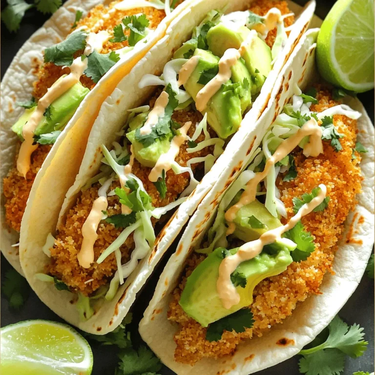 - 1 lb white fish fillets (cod or tilapia) - 1 cup panko breadcrumbs - 1/2 cup all-purpose flour - 2 large eggs - 1 teaspoon garlic powder - 1 teaspoon paprika - 1 teaspoon cumin - Salt and pepper, to taste - Shredded cabbage, avocado, cilantro, lime wedges - Spicy mayo (1/4 cup mayonnaise mixed with 1 tablespoon sriracha) - Additional garnishes To make crispy panko crusted fish tacos, you need some simple ingredients. Let’s break it down. Main Ingredients: For the main part of our dish, choose fresh fish fillets. Cod and tilapia are excellent options. You will also need panko breadcrumbs for that delightful crunch. All-purpose flour helps the fish stick to the panko. You will need two large eggs to create a tasty coating. Seasonings and Toppings: Add flavor with garlic powder, paprika, and cumin. These spices make the fish pop. Don’t forget salt and pepper to taste. For toppings, use shredded cabbage for crunch, creamy avocado slices, and fresh cilantro. Lime wedges add a zesty touch. Optional Ingredients: If you want some heat, mix mayonnaise with sriracha for spicy mayo. This can elevate your tacos even more. Feel free to add extra garnishes to your liking. Using these ingredients, you will create a meal that is both easy and flavorful. Each component works together to bring taste and texture to your tacos. - Preheat the oven to 400°F (200°C). - Prepare fish by patting dry and seasoning. Start by preheating your oven. This helps the fish to cook evenly. While the oven heats, take your fish fillets and pat them dry with paper towels. This step is key. If the fish has moisture, the breading won’t stick well. Season both sides with salt, pepper, garlic powder, paprika, and cumin. This gives the fish a lot of flavor. - Set up a breading station with flour, eggs, and panko. - Dredge fish in flour, dip in eggs, and coat with panko. Now, let’s set up a breading station. You will need three shallow bowls. Put flour in the first bowl. In the second bowl, whisk two eggs until they are mixed well. Finally, fill the third bowl with panko breadcrumbs. Take a seasoned fish fillet and dredge it in the flour. Make sure to shake off any extra flour. Next, dip the fish into the eggs, coating it well. Lastly, press the fish into the panko. This gives it that crispy texture we love. - Arrange fillets on a baking sheet and bake for 12-15 minutes. - Warm tortillas and assemble the tacos with toppings. Place the breaded fish fillets on a lined baking sheet. For extra crispiness, lightly spray them with cooking spray. Put the baking sheet in the oven and bake for 12 to 15 minutes. You want the fish to be fully cooked and golden brown. While the fish bakes, warm your corn tortillas in a skillet for about 30 seconds on each side. This step helps them become soft and easy to fold. Once the fish is done, take it out and start putting together your tacos. Place a few pieces of the crispy fish on each tortilla. Top with shredded cabbage, avocado slices, and fresh cilantro. If you want a kick, drizzle on some spicy mayo and squeeze fresh lime juice over the top. To get that perfect crunch, drying the fish is key. Moisture makes the breading soggy. Use paper towels to pat the fish dry before seasoning. This simple step helps the spices stick and enhances the crispiness. Next, consider using cooking spray. A light spray on the breaded fish before baking adds an extra layer of crunch. The oil helps the panko brown up nicely, giving you a golden crust that is hard to resist. These tacos shine when served with sides. I love pairing them with rice or beans for a hearty meal. They add texture and flavor that complement the fish perfectly. Don't forget the lime wedges! A squeeze of fresh lime juice brightens the dish. If you like heat, drizzle spicy mayo on top. Mix mayonnaise with sriracha for an easy and tasty kick. Plating can make your tacos look extra special. Use a colorful platter to serve them. This adds visual appeal and makes the meal feel festive. Garnishing is also important. Fresh cilantro not only adds flavor but also brightens the dish. You can sprinkle some on top for a nice finish. A few lime wedges on the side create a vibrant look that invites everyone to dig in. {{image_4}} You can use many types of fish for your tacos. Cod and tilapia are popular choices. You can also try haddock or shrimp for a new twist. When choosing fish, look for fresh fillets. Fresh fish should have a mild smell and firm texture. Ask your fishmonger for the best options available that day. If you need a gluten-free option, use crushed cornflakes instead of panko. They give a nice crunch, too. You can also mix seasonings into your breadcrumbs. Try adding some garlic powder or paprika for extra flavor. This way, you can personalize your breading to match your taste. Customizing your tacos is fun! You can add salsa, pickled veggies, or even fresh herbs. For a fruity twist, try making a mango or pineapple salsa. Just chop the fruit and mix it with lime juice, salt, and chopped cilantro. This adds a fresh, zesty kick that pairs well with the crispy fish. To keep your leftover fish tacos fresh, place them in an airtight container. This helps prevent moisture loss and keeps flavors intact. You can store them in the fridge for up to three days. After that, the fish may lose its texture and taste. If you want to save some tacos for later, freeze them unassembled. Wrap the fish and tortillas separately in plastic wrap, then place them in freezer bags. This way, you can enjoy them in up to three months. When ready to eat, thaw the fish in the fridge overnight. To reheat your fish without losing its crispiness, use an oven. Preheat it to 350°F (175°C) and warm the fish for about 10 minutes. This keeps the coating crunchy. If you use a microwave, the fish may become soggy. So, always choose the oven for best results. For crispy fish tacos, I recommend white fish like cod or tilapia. These types of fish have a mild flavor and flaky texture. They cook evenly and hold up well when breaded. You can also use haddock or snapper if you want something different. Always choose fresh fish for the best taste. Frozen fish works too, but make sure it’s fully thawed. To add heat to your fish tacos, you can use spices or salsas. A pinch of cayenne or chili powder can spice up the fish before breading. You can also mix sriracha into your mayo for a spicy kick. If you like fresh flavors, try adding jalapeños or a spicy salsa on top. Lime juice can also enhance the heat while balancing the flavors. Yes! If you want to switch up the breading, you can use crushed cornflakes or regular breadcrumbs. These options will give you a different crunch. For a gluten-free choice, try almond flour or gluten-free breadcrumbs. Each type of breading will change the flavor and texture a bit, so feel free to experiment. You can prep the fish and breading ahead of time. Just season the fish and coat it in flour and panko. Store the breaded fish in the fridge until you are ready to bake. You can also warm the tortillas and prep toppings like cabbage and avocado in advance. Just assemble the tacos right before serving to keep them crispy and fresh. In this blog post, we covered how to make delicious crispy fish tacos. You learned about the key ingredients, the step-by-step process, and helpful tips for the best results. You can mix things up with different fish or toppings. Remember to store any leftovers correctly and reheat them to keep their crunch. Making tacos at home can be fun and easy. Try these recipes and enjoy your tasty creations!