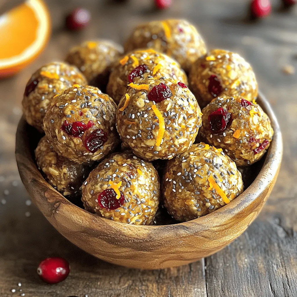 - 1 cup rolled oats - 1/2 cup almond butter (or substitute with peanut butter) - 1/4 cup honey or maple syrup These main ingredients form the base of your energy bites. Rolled oats give them a hearty texture. Almond butter adds healthy fats and a creamy feel. Honey or maple syrup sweetens the bites naturally, making them a treat. - 1/2 cup dried cranberries, finely chopped - 1/4 cup freshly grated orange zest - 1/4 cup chia seeds Now, let's talk about flavor. Dried cranberries add a sweet and tangy burst. They also give a nice chewiness. Freshly grated orange zest brings a bright citrus note. Chia seeds add crunch and boost nutrition. They are rich in fiber and protein. - 1/2 teaspoon ground cinnamon - A pinch of salt Seasonings can elevate your bites. Ground cinnamon adds warmth and depth. Just a pinch of salt balances the sweetness. These simple additions enhance the overall taste and make each bite delightful. Start by gathering your ingredients. In a medium bowl, combine 1 cup of rolled oats, 1/2 cup of almond butter, and 1/4 cup of honey or maple syrup. Use a spatula to mix them until they blend together well. This step creates a strong base for your energy bites. It should feel sticky and hold together. Next, it's time to add in some fun flavors. Mix in 1/2 cup of finely chopped dried cranberries, 1/4 cup of freshly grated orange zest, 1/4 cup of chia seeds, 1/2 teaspoon of ground cinnamon, and a pinch of salt. Stir well to ensure everything is evenly spread throughout the mix. The orange zest gives a bright taste, while the chia seeds add crunch and nutrition. After mixing, cover the bowl with plastic wrap and place it in the fridge for about 30 minutes. This helps the mixture firm up, making it easier to shape. Once chilled, remove the bowl and get ready to roll. With clean hands, scoop out about 1 tablespoon of the mixture and roll it into a ball. Repeat until you shape all the mix into 12 to 15 bites. If you want, roll each bite in coconut flakes or crushed nuts for added texture. Store your energy bites in an airtight container in the fridge, and enjoy them fresh for up to a week. Chilling the mixture is key to great energy bites. It helps the ingredients bind together. When you chill the mixture for about 30 minutes, it firms up nicely. This makes rolling easier and keeps the bites from falling apart. Trust me, skipping this step can lead to a messy experience. For extra flavor and fun, try rolling your bites in coconut flakes or crushed nuts. Both add great texture. Coconut gives a sweet, tropical twist. Crushed nuts add crunch and healthy fats. Choose what you like best! You can even mix both for a colorful, tasty finish. Use a medium-sized mixing bowl to combine the ingredients. A sturdy spatula or wooden spoon works best for mixing. For storage, opt for airtight containers. This keeps your energy bites fresh. Use small containers for easy grabbing when you’re on the go. {{image_4}} If you need a nut-free option, swap almond butter for sunflower seed butter. This change keeps the texture smooth and creamy, just like almond butter. Sunflower seed butter offers a nutty taste that pairs well with cranberries and orange. It’s also a great choice for those with nut allergies. You can adjust the sweetness of your energy bites easily. Instead of honey, try using agave syrup. Agave syrup is sweeter, so you might need less of it. If you prefer, simply reduce the amount of honey used in the recipe. This way, you control how sweet your snacks are, making them just right for your taste. Feel free to get creative with your energy bites! Dried fruits like apricots or raisins can add new flavors. You can also mix in seeds such as pumpkin or sunflower seeds for extra crunch. These add-ins not only enhance the taste but also boost the nutrition of your bites. Experimenting with different fruits and seeds can lead to your perfect snack! To keep your cranberry orange energy bites fresh, store them in an airtight container. This helps prevent moisture and air from spoiling them. You can use glass or plastic containers with tight seals. Always remember to label your container with the date. This way, you’ll know when you made them. These energy bites stay fresh in the refrigerator for up to a week. After that, they may lose their taste and texture. If you notice any changes in smell or appearance, it’s best to throw them out. Always check before snacking! Freezing is a great option for longer storage. To freeze, place the energy bites in a single layer on a baking sheet. Freeze them for about two hours until firm. Then, transfer them to a freezer-safe bag or container. They can last in the freezer for up to three months. When you’re ready to eat, just thaw them in the fridge overnight. Enjoy your tasty snack anytime! These energy bites stay fresh in the refrigerator for up to one week. I suggest placing them in an airtight container to keep them tasty. They maintain their flavor and texture well during this time. If you find that you cannot eat them all, you can also freeze them for longer storage. Absolutely! You can swap ingredients based on your taste. For almond butter, try peanut butter or sunflower seed butter for a nut-free option. Maple syrup is a great choice instead of honey. You can also use any dried fruit, like raisins or apricots, instead of cranberries. These energy bites are packed with health benefits. Rolled oats provide fiber for digestion. Almond butter adds protein and healthy fats. Chia seeds are full of omega-3 fatty acids. Dried cranberries offer antioxidants, while orange zest brings vitamin C to the mix. Together, they create a balanced snack that fuels your day! These energy bites are easy to make and tasty. We mixed oats, almond butter, and honey for a great base. Then, we added fun flavors like cranberries, orange zest, and chia seeds. Don't forget to chill the mixture for the best texture. Use your favorite nut butters or sweeteners for variety. Store them in an airtight container for freshness. Enjoy these bites as a quick snack anytime. Remember, they are not just delicious; they are healthy too.