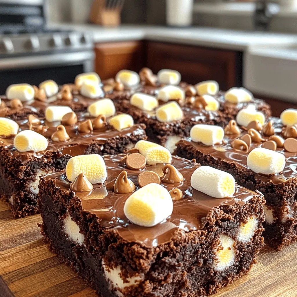 To make marshmallow frosted brownies, gather these simple ingredients: - 1 cup unsalted butter (2 sticks) - 1 cup granulated sugar - 1 cup packed brown sugar - 4 large eggs - 1 teaspoon vanilla extract - 1 cup all-purpose flour - 1 cup unsweetened cocoa powder - 1/2 teaspoon salt - 1/2 teaspoon baking powder - 2 cups mini marshmallows - 1/2 cup semi-sweet chocolate chips You can swap some ingredients if needed: - Use coconut oil instead of butter for a dairy-free option. - Try brown sugar for granulated sugar for a richer flavor. - If you want a gluten-free treat, substitute all-purpose flour with a gluten-free blend. - For a nutty taste, add chopped nuts or nut butter along with the chocolate chips. Choose the best ingredients for the best brownies: - Select fresh eggs for a rich texture. - Pick high-quality cocoa powder for a deep chocolate flavor. - Use pure vanilla extract; it adds more flavor than imitation. - Opt for mini marshmallows that are soft and fresh for the perfect topping. - For chocolate chips, select semi-sweet or dark chocolate for a balanced sweetness. These choices will help you create the most delicious marshmallow frosted brownies! To make these brownies, start by gathering all your ingredients. You will need unsalted butter, granulated sugar, brown sugar, eggs, vanilla extract, flour, cocoa powder, salt, baking powder, mini marshmallows, and chocolate chips. Preheat your oven to 350°F (175°C). Prepare a 9x13 inch baking pan by greasing it and lining it with parchment paper. This will help you lift the brownies out later. 1. Melt the butter in a medium saucepan over low heat. Once melted, remove it from the heat. 2. Whisk in the granulated and brown sugar until smooth. This mixture should look glossy. 3. Add the eggs one at a time, mixing well after each. Stir in the vanilla extract. 4. In a separate bowl, combine flour, cocoa powder, salt, and baking powder. 5. Gradually mix the dry ingredients into the wet mixture. Stir until just combined; don't overmix. 6. Fold in the chocolate chips for extra yum. 7. Pour the batter into your prepared pan and spread it evenly. Bake for 25-30 minutes. 8. To check if they are done, insert a toothpick into the center. It should come out with a few moist crumbs. 9. Remove from the oven and quickly sprinkle the mini marshmallows on top. 10. Return the pan to the oven for another 5-7 minutes until the marshmallows are puffed and golden. 11. Let the brownies cool in the pan for about 15 minutes, then lift them out using the parchment paper. 12. Transfer to a wire rack to cool completely. To make perfect brownies, remember these tips: - Do not overmix your batter. A few lumps are okay. - Use room temperature eggs. This helps them mix in better. - Check your brownies a few minutes early. Ovens can vary in heat. - Allow the brownies to cool completely before cutting. This helps them hold their shape. These steps will lead you to delicious, marshmallow-frosted brownies that everyone will love. Enjoy baking! To keep your brownies moist, use fresh ingredients. Fresh eggs and butter make a big difference. Overmixing the batter can lead to dry brownies, so mix just until combined. Use a toothpick to check for doneness. It should come out with a few moist crumbs. If the toothpick is clean, your brownies may be overbaked. When adding marshmallows, sprinkle them evenly on top of the brownies. This helps them melt and puff up nicely. After removing the brownies from the oven, let them cool a bit. This keeps the marshmallows from sliding off. If you want a shiny finish, drizzle melted chocolate over the marshmallows after cooling. Serve your brownies warm for a gooey treat. A scoop of vanilla ice cream pairs well with the chocolate. You can also top them with whipped cream for extra richness. For a unique twist, drizzle caramel sauce over the top. Enjoy them at parties, or share them with friends for a fun treat! {{image_4}} You can mix up these brownies easily! Try adding mint extract for a cool twist. Just use half a teaspoon. For a nutty flavor, add peanut butter. Swirl 1/2 cup of creamy peanut butter into the brownie mix before baking. You can also add nuts like walnuts or pecans for a crunch. Experimenting with flavors keeps things fun and fresh! You can make these brownies gluten-free. Use 1 cup of almond flour instead of regular flour. For a vegan version, swap eggs for flax eggs. Mix 1 tablespoon of flaxseed meal with 2.5 tablespoons of water and let it sit until thick. Use coconut oil instead of butter for a dairy-free treat. This way, everyone can enjoy marshmallow frosted brownies. Serving these brownies can be a fun experience. Arrange them on a nice plate and add extra mini marshmallows on top. You can even sprinkle chocolate shavings for a great look. For a special touch, serve with a scoop of vanilla ice cream. Drizzle warm chocolate sauce over the top for a rich dessert. These ideas will impress your friends and family! To keep your brownies fresh, store them in an airtight container. This will lock in moisture and keep them soft. If you plan to eat them within a few days, keep them at room temperature. Use parchment paper to separate layers if you stack them. This helps avoid sticking. If you want them to last longer, the fridge is a good option. Just be aware that cold brownies may lose some of their soft texture. Freezing brownies is simple and effective. First, let them cool completely. Then, cut them into squares. Wrap each square tightly in plastic wrap. Place the wrapped brownies in a freezer bag or container. Be sure to label it with the date. You can freeze brownies for up to three months. When you’re ready to enjoy, let them thaw in the fridge overnight. You can also microwave them for a few seconds for a fresh-out-of-the-oven taste. Reheating brownies can bring back their gooey goodness. Place a brownie on a microwave-safe plate. Heat it for about 10-15 seconds. This warms it without drying it out. If you prefer using the oven, preheat to 350°F (175°C). Place the brownie on a baking sheet and warm for about 5-10 minutes. Adding a scoop of ice cream on top makes it even better! To check if your brownies are done, insert a toothpick into the center. If it comes out with a few moist crumbs, they are ready. Overbaking can lead to dry brownies. Aim for that perfect balance of fudgy goodness. Yes, you can make these brownies ahead of time. Bake and cool the brownies, then cover them with plastic wrap. Store them in the fridge for up to three days. This helps the flavors blend and makes them even more delicious. If you want to skip the marshmallows, try using a layer of chocolate ganache. Melt equal parts chocolate and cream for a rich topping. You could also use crushed cookies for a crunchy layer. Get creative and find what you love! You now have a complete guide for making delicious Marshmallow Frosted Brownies. We covered the best ingredients, how to bake perfectly, and neat tips for serving. Don't forget the cool variations you can try, like mint or gluten-free options. Also, I shared smart ways to store and heat leftovers. Remember, baking is fun! Enjoy your sweet treats and share them with friends. Happy baking!