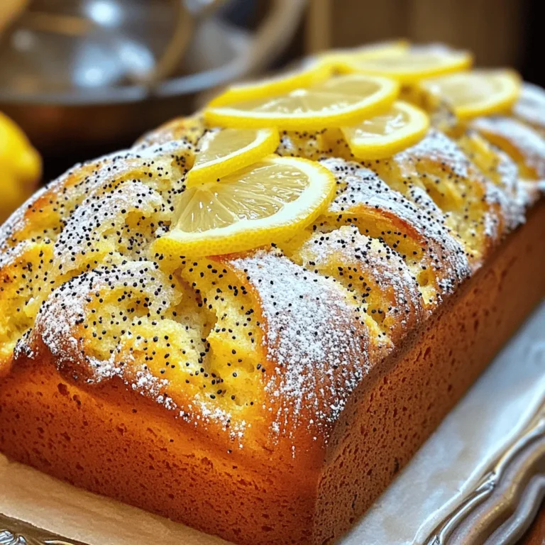 To make a great lemon poppy seed pound cake, you need key items. Here’s what you need: - 1 ½ cups all-purpose flour - 1 teaspoon baking powder - ½ teaspoon baking soda - ½ teaspoon salt - ½ cup unsalted butter, softened - 1 cup granulated sugar - 2 large eggs - 2 tablespoons freshly grated lemon zest (about 2 medium lemons) - ¼ cup freshly squeezed lemon juice - ½ cup sour cream - 2 tablespoons poppy seeds - 1 teaspoon pure vanilla extract These ingredients work together to create a soft, moist cake with a bright lemon flavor. To take your cake to the next level, consider these fun add-ins: - Blueberries or raspberries for a fruity twist - Chopped nuts like walnuts or almonds for crunch - Coconut flakes for added sweetness These add-ins can bring new flavors and textures to your cake. Using quality ingredients can make a big difference. Here are my top picks for best results: - For flour, I recommend King Arthur Flour. - Use Land O’Lakes for butter; it’s rich and creamy. - For sugar, Domino is a trusted brand. - For vanilla extract, go for Nielsen-Massey for pure flavor. These brands help ensure your cake turns out amazing every time! First, preheat your oven to 350°F (175°C). This step is key for even baking. Get your 9x5-inch loaf pan ready. You can grease it with butter or use non-stick spray. Lightly dust the inside with flour. This helps the cake slide out easily later. Grab a medium bowl and whisk together the dry ingredients. You need 1 ½ cups of all-purpose flour, 1 teaspoon of baking powder, ½ teaspoon of baking soda, and ½ teaspoon of salt. Mix them well, then set this bowl aside for later. This mix makes your cake rise and taste great. In a large mixing bowl, use an electric mixer to cream together the butter and sugar. You need ½ cup of softened unsalted butter and 1 cup of granulated sugar. Beat them on medium speed for about 3-5 minutes. The mix should look light and fluffy when done. This step adds air and makes your cake soft. Now, add the eggs one at a time. Use 2 large eggs at room temperature. Mix well after each egg to keep the batter smooth. Next, stir in the freshly grated lemon zest and 1 teaspoon of pure vanilla extract. The zest adds a bright flavor that makes this cake special. Time to mix the wet and dry ingredients. Pour in ¼ cup of freshly squeezed lemon juice and ½ cup of sour cream, both at room temperature. Stir until everything is smooth. Now, take the bowl with the dry ingredients. Gradually fold it into the wet mixture. Use a spatula or wooden spoon for this. Be careful not to overmix, or the cake will become tough. Gently mix in 2 tablespoons of poppy seeds. This adds a nice crunch. Pour the batter into your prepared loaf pan. Smooth the top with a spatula for an even bake. Place it in the oven and bake for 50-60 minutes. Check if it’s done by inserting a toothpick into the center. It should come out clean or with just a few moist crumbs. Once baked, let the cake cool in the pan for about 10 minutes. Then, carefully transfer it to a wire rack to cool completely. This step allows the cake to set and makes it easier to slice. To get a soft and moist cake, use room temperature ingredients. This helps them mix better. Cream the butter and sugar until light and fluffy. This step adds air, which makes the cake rise. When mixing dry and wet ingredients, fold gently. Overmixing can lead to a tough cake. One mistake is skipping the room temperature step. Cold eggs or sour cream can cause uneven mixing. Another common error is not measuring flour correctly. Too much flour makes the cake dense. Lastly, avoid opening the oven door too soon. This can make the cake sink in the middle. Always preheat your oven to 350°F (175°C) before baking. This ensures even cooking. Use a toothpick to check for doneness. Insert it in the center; it should come out clean. After baking, let the cake cool in the pan for 10 minutes. This helps it set and makes it easier to remove. Then, transfer it to a wire rack to cool completely. This keeps the bottom from getting soggy. {{image_4}} You can make this cake gluten-free. Use a gluten-free all-purpose flour blend. The rest of the ingredients stay the same. Your cake will still be moist and tasty. Check the flour blend for texture and taste. Want to change the flavor? You can add lavender or almond. For lavender, use about 1 teaspoon of culinary lavender. For almond, add 1 teaspoon of almond extract. Both will give your cake a new twist. If you prefer muffins, use the same batter. Fill muffin tins about two-thirds full. Bake for 18-20 minutes. Check with a toothpick for doneness. Enjoy these bright, zesty treats for breakfast or a snack. To keep your lemon poppy seed pound cake fresh, you need to store it well. First, let the cake cool completely after baking. Once cool, wrap it tightly in plastic wrap. This helps to keep moisture in and prevents it from drying out. Place the wrapped cake in an airtight container or a resealable bag. You can store it at room temperature for up to three days. If you live in a humid area, keep it in the fridge to prevent spoilage. If you want to save some cake for later, freezing is a great option. After wrapping your cooled cake in plastic wrap, add a layer of aluminum foil for extra protection. Label the package with the date and type of cake. You can freeze it for up to three months. To thaw, simply move it to the fridge overnight or leave it at room temperature for a few hours. Enjoy the same fresh taste when you’re ready to eat it! Sometimes, leftover cake can lose its charm. To bring back the moistness, you can try a few tricks. If the cake feels dry, add a simple syrup made from equal parts sugar and water. Brush this syrup on top of each slice. For a warm treat, you can microwave a slice for about 10-15 seconds. This adds warmth and helps revive the flavor. Serve with a dusting of powdered sugar for an extra touch! Yes, you can use lemon extract. Use about one teaspoon of extract for every tablespoon of lemon juice. However, fresh lemon juice adds a bright taste that extract can't fully match. The zest from the lemon also gives a nice flavor. So, if you can, stick with fresh lemon juice for the best taste. To check if your cake is done, insert a toothpick into the center. If it comes out clean or with a few moist crumbs, the cake is ready. If there is wet batter, give it a few more minutes. The cake should also spring back when lightly touched. You can use plain Greek yogurt or buttermilk as a substitute for sour cream. They both add moisture and tang to the cake. If you use Greek yogurt, make sure it's plain and unsweetened for the best results. To prevent sticking, grease the pan with butter or non-stick spray. Then, lightly dust it with flour. You can also use parchment paper to line the bottom. This makes it easy to remove the cake after baking. The cake stays fresh for about 3 to 4 days at room temperature. Store it in an airtight container to keep it moist. If you want it to last longer, you can freeze slices for up to three months. Just wrap them well in plastic wrap and foil. In this post, we explored the key ingredients for lemon poppy seed pound cake, step-by-step instructions, and helpful tips. I emphasized ways to enhance flavor and avoid common mistakes. Additionally, we discussed variations like gluten-free options and muffins. For storage, I shared best practices to keep your cake fresh. Remember, baking is fun and rewarding. With these tips, you can create a delightful cake. Enjoy sharing it with friends and family. Your baking journey starts now!