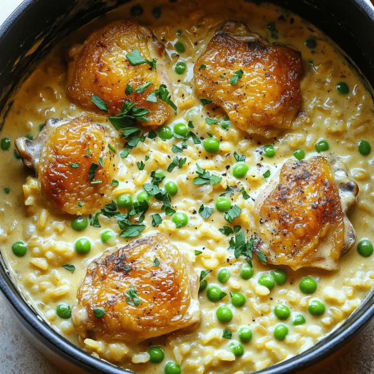 - 1 lb boneless, skinless chicken thighs or breasts, cut into bite-sized pieces - 1 cup long-grain rice - 1 medium onion, finely chopped - 3 cloves garlic, minced - 2 cups chicken broth - 1 cup heavy cream - 1 cup frozen peas - 1 teaspoon dried thyme - 1 teaspoon smoked paprika - 1 tablespoon olive oil - Salt and freshly ground black pepper, to taste - Fresh parsley, chopped for garnish You can swap chicken thighs for breasts or vice versa. Both work well in this dish. If you want a lighter option, use half-and-half instead of heavy cream. For a vegetarian twist, replace chicken broth with vegetable broth and use chickpeas instead of chicken. Brown rice can also be used, but it requires longer cooking time. Garnish your dish with fresh parsley for color. You can also add grated Parmigiano-Reggiano cheese for extra flavor. A squeeze of lemon juice brightens the dish. If you like spice, try a sprinkle of red pepper flakes. These simple additions make your meal even more delightful! To start, gather all your ingredients. You will need: - 1 lb boneless, skinless chicken thighs or breasts, cut into bite-sized pieces - 1 cup long-grain rice - 1 medium onion, finely chopped - 3 cloves garlic, minced - 2 cups chicken broth - 1 cup heavy cream - 1 cup frozen peas - 1 teaspoon dried thyme - 1 teaspoon smoked paprika - 1 tablespoon olive oil - Salt and black pepper, to taste - Fresh parsley, chopped for garnish Chop your onion and mince your garlic. Cut chicken into pieces. Having everything ready makes cooking easier. Heat a large pot over medium heat. Add the olive oil. Once it is hot, add the onion. Sauté until the onion is clear, about 3-4 minutes. Then, add the garlic and cook for 1 more minute. Next, season the chicken with salt, pepper, thyme, and paprika. Add the chicken to the pot. Cook for 5-7 minutes, stirring until it is brown on all sides. Now, add the rice to the pot. Stir it in for 1-2 minutes. This helps the rice get a nice flavor. Pour in the chicken broth and mix well. Bring it to a boil, then lower the heat. Cover the pot and let it simmer for 15-20 minutes. After the rice is tender, stir in the heavy cream and frozen peas. Cook for 5 minutes on low heat. Taste your dish. Adjust the seasoning if needed. Finally, remove the pot from heat. Let it sit, covered, for 5 minutes. This helps the flavors mix well. To check if the chicken is done, cut a piece in half. It should not be pink inside. The rice should be soft and fluffy. If it is still hard, cook it a little longer. If the mix is too dry, add a bit more broth or cream. Using these tips ensures your creamy chicken and rice turns out perfect every time! To get a creamy texture, use heavy cream. It adds richness that makes this dish special. Stir in the cream at the end of cooking. This keeps it smooth and prevents curdling. Always let the pot sit covered for five minutes after cooking. This step helps all the flavors blend perfectly. One common mistake is overcooking the chicken. This can make it dry. Cook the chicken until just browned, then add the rice and broth. Another mistake is not letting the rice absorb enough liquid. Keep the lid on while it simmers. This keeps the steam in and helps the rice cook well. Seasoning is key to a great dish. Use salt and black pepper generously. Smoked paprika adds a nice depth of flavor. Dried thyme brings a hint of earthiness. Feel free to taste as you go. Adjust the seasoning to fit your taste. Adding fresh parsley before serving gives a nice pop of color and freshness. {{image_4}} To make this dish lighter, swap heavy cream for low-fat yogurt or coconut milk. You can also use brown rice for more fiber and nutrients. Reduce the amount of chicken broth to lower sodium. Adding more veggies, like spinach or bell peppers, boosts vitamins without many calories. For a vegetarian twist, replace chicken with mushrooms or tofu. You can use vegetable broth instead of chicken broth for flavor. Add extra peas or other vegetables, such as carrots and zucchini, to enhance the dish. This keeps the creamy texture while making it plant-based. Experiment with spices to change the flavor. Add curry powder for a spicy kick or lemon zest for brightness. You can also try fresh herbs like basil or cilantro to add a fresh taste. For a smoky flavor, include chipotle peppers or smoked salt. Each change brings a new twist to this comforting meal. After enjoying your One-Pot Creamy Chicken & Rice, let it cool first. Use an airtight container to keep the leftovers fresh. Store them in the fridge for up to three days. If you want to keep it longer, consider freezing it. To reheat your creamy chicken and rice, use the stove for best results. Place it in a pot over low heat. Add a splash of chicken broth or water to help loosen it up. Stir occasionally until it’s hot and creamy again. You can also use the microwave. Heat it in short bursts, stirring in between to heat evenly. If you choose to freeze this dish, let it cool completely first. Use freezer-safe containers or bags. The meal can last in the freezer for up to three months. When ready to eat, thaw it overnight in the fridge. Reheat as mentioned above for the best taste and texture. Yes, you can use brown rice. Brown rice takes longer to cook. You need to adjust the liquid as well. Use about 2 ½ cups of chicken broth. Cook it for about 35-40 minutes instead of 15-20 minutes. This change gives a nuttier taste. To make this dish dairy-free, swap heavy cream with coconut milk. Use full-fat coconut milk for creaminess. You can also use a dairy-free cream substitute. Almond or oat cream works well, too. This keeps the dish rich and tasty without dairy. Great sides include a simple green salad. A light cucumber salad adds freshness. Garlic bread goes well, too, for a hearty meal. Roasted vegetables can round out the flavors nicely. Each of these sides adds a tasty contrast to the creamy dish. In this blog post, we explored the key ingredients for One-Pot Creamy Chicken & Rice. We covered ingredient substitutions and some tasty garnishes. The step-by-step guide made cooking easy, while tips helped you avoid common mistakes. You learned about variations, storage, and reheating methods to keep your meal fresh. Cooking does not have to be hard. With the right steps, you can enjoy a delicious, creamy dish. Remember, cooking is fun and a chance to be creative. Enjoy your tasty meal!