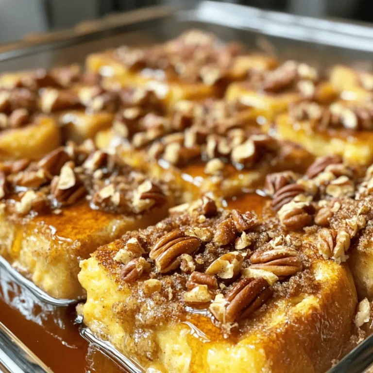 - 1 loaf of challah or brioche bread, cut into 1-inch cubes - 6 large eggs - 2 cups whole milk - 1 cup heavy cream - 1/2 cup pure maple syrup - 1 teaspoon vanilla extract - 1 teaspoon ground cinnamon - 1/2 teaspoon ground nutmeg - 1 cup pecans, coarsely chopped - 1/4 cup packed brown sugar - A pinch of salt Using challah or brioche gives this dish a soft texture. If you can't find these, any soft bread will work. You can also swap heavy cream for half-and-half for a lighter option. For a dairy-free version, try almond milk or coconut milk. Maple syrup is key for that sweet flavor, but honey can be an alternative if needed. Quality ingredients make a big difference in this casserole. Fresh eggs and real maple syrup enhance the taste. Whole milk and heavy cream add creaminess. When you use good pecans, you get a nice crunch that completes the dish. Always choose the best you can find. It helps create a truly delightful meal for everyone. Start with your loaf of challah or brioche bread. Cut it into 1-inch cubes. This size is key. It helps the bread soak up the egg mix. Spread the cubes evenly in a large casserole dish. Make sure they are not too crowded. This way, each piece gets a good soak. In a big mixing bowl, crack six large eggs. Add two cups of whole milk and one cup of heavy cream. Pour in half a cup of pure maple syrup. Then, add one teaspoon of vanilla extract. Sprinkle in one teaspoon of ground cinnamon and half a teaspoon of ground nutmeg. Finally, add a pinch of salt. Whisk everything together until it looks frothy and well mixed. This mix is what makes the casserole rich and creamy. Now it’s time to put everything together. Pour the egg mixture over the bread cubes. Do this slowly so every piece gets coated. Gently press down on the bread cubes with your hands. This helps them soak up the egg mix. Next, sprinkle one cup of coarsely chopped pecans and a quarter cup of packed brown sugar on top. This creates a crunchy layer. Cover the dish with plastic wrap and chill it in the fridge for at least four hours, or overnight if you can. This step is very important! It lets the bread soak up all that yummy flavor. To make your Maple Pecan French Toast Casserole really shine, use fresh ingredients. Choose a high-quality maple syrup. It adds a deep, rich flavor. I also recommend using challah or brioche bread. Their soft, airy texture absorbs the egg mixture well. For a boost of flavor, use fresh ground spices. Ground nutmeg and cinnamon make a big difference. Let the casserole chill overnight. This step allows the bread to soak up the egg mixture fully. The longer it sits, the richer the taste becomes. Before baking, sprinkle a little extra brown sugar on top. This creates a sweet, crunchy crust that everyone loves. Serving this casserole can be fun and creative! Cut it into squares for easy serving. I love to drizzle extra maple syrup over each slice. It adds a nice touch of sweetness. You can also garnish with chopped pecans. They add a lovely crunch. Fresh berries, like strawberries or blueberries, bring color and freshness. Serve with whipped cream for a decadent treat. For a cozy vibe, pair it with hot coffee or tea. It makes a perfect weekend brunch dish. Feel free to share it with family and friends. One common mistake is not letting the casserole chill long enough. If you skip this step, the bread won't soak up enough egg mixture. It can turn out dry. Another mistake is not using enough egg mixture. Every bread cube should be well-coated. This ensures a custardy texture. Also, avoid opening the oven too soon. This can cause the casserole to sink. Check it near the end of baking. Look for a golden-brown top and a firm center. Lastly, ensure your oven is preheated. If it’s not hot enough, the casserole can bake unevenly. Following these tips will help you make a perfect Maple Pecan French Toast Casserole every time! {{image_4}} You can make this casserole nut-free easily. Just skip the pecans in the recipe. Instead, you can use crushed graham crackers or a mix of seeds for crunch. Sunflower seeds or pumpkin seeds add a nice texture. You still get a great taste without the nuts. Adding fresh fruits or berries can make your casserole even better. You can mix in sliced bananas, apples, or berries like blueberries and strawberries. Just layer them between the bread cubes. This adds sweetness and some color to the dish. It also gives you more vitamins and minerals. The type of bread you choose matters a lot. While challah and brioche are great, you can try other options too. French bread or sourdough works well too. Each type of bread gives a unique flavor and texture. Just make sure it is sturdy enough to soak up the egg mixture. This way, your casserole turns out delicious and fluffy. After enjoying your Maple Pecan French Toast Casserole, you may have leftovers. To store them, let the casserole cool down completely. Then, cover it tightly with plastic wrap or aluminum foil. You can also use an airtight container. This will keep it fresh for up to three days in the fridge. To reheat the casserole, preheat your oven to 350°F (175°C). Place the casserole in the oven for about 20 to 25 minutes. Make sure it is heated all the way through. You can also use the microwave for quicker reheating. Heat individual portions for about one to two minutes. Just make sure it is warm before serving. Yes, you can freeze the casserole! After it cools, cut it into portions. Wrap each piece tightly in plastic wrap and then in foil. Store them in a freezer-safe bag or container. This way, they can last for up to three months. When you want to enjoy it again, thaw it overnight in the fridge and reheat as directed. Yes, you can! Making this casserole ahead is a great idea. You can prep it the night before. After you mix the bread and egg mixture, cover it tightly. Let it chill in the fridge overnight. This allows the bread to soak up all the flavors. When you are ready, just bake it the next day. It saves time and makes breakfast easier! The casserole is done when the top is golden brown. You can also check the center. It should feel set and firm. A toothpick inserted in the middle should come out mostly clean. If it is still wet, give it a few more minutes. Keep an eye on it to avoid over-baking. Yes, you can use other syrups if you like. Honey or agave syrup are good options. They will change the flavor a bit but still taste great. You can also try flavored syrups, like maple-pecan or vanilla. Just know that the taste will vary. Use what you enjoy most! This blog post covered how to make a tasty Maple Pecan French Toast Casserole. We discussed the ingredients, their quality, and smart substitutions. I shared steps for preparation, mixing, and assembly. Tips for flavor and common baking mistakes were also included. We explored fun variations and how to store your leftovers. In short, take these ideas to create your own version. Enjoy your cooking!