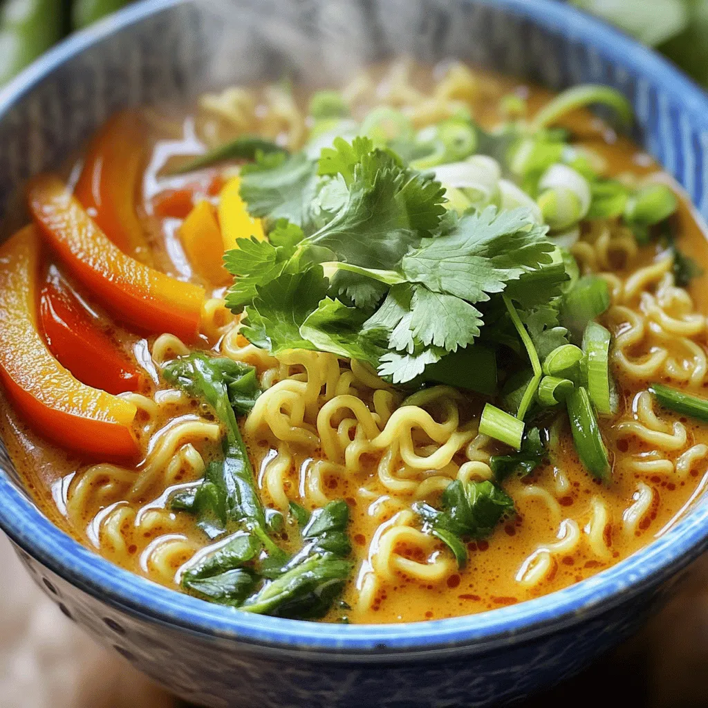 - 2 servings ramen noodles - 1 can (13.5 oz) coconut milk - 1 tablespoon red curry paste - 2 cups vegetable broth - 1 medium onion, thinly sliced - 2 cloves garlic, minced - 1 tablespoon ginger, freshly grated - 1 cup bell peppers, sliced (your choice of color) - 1 cup leafy greens (such as spinach or bok choy) - 1 tablespoon soy sauce - 1 tablespoon fresh lime juice - Fresh cilantro, chopped, for garnish - Salt and pepper, to taste - Optional: Sliced green onions and sesame seeds for an extra sprinkle For the best taste, I recommend using Thai Kitchen Red Curry Paste. It has a great balance of spice and flavor. For coconut milk, Aroy-D is a fantastic choice. It’s thick and creamy, enhancing your ramen. If you don’t have red curry paste, try yellow curry paste for a milder taste. You can swap coconut milk with almond milk, but the flavor will change. Use any broth you prefer, such as chicken or mushroom broth, if you want a different base. For leafy greens, you can use kale or collard greens in place of spinach or bok choy. Start by heating a tablespoon of oil in a large pot over medium heat. Once the oil is hot, add the sliced onion. Cook the onion for about 5 minutes, stirring often. You want it to turn soft and translucent. Next, add the minced garlic and grated ginger to the pot. Cook this mixture for an extra 1-2 minutes until it smells great. Now it's time to add some flavor! Stir in the tablespoon of red curry paste. Mix it well with the onions, garlic, and ginger. Let it cook for one minute. This helps the curry paste release its rich flavors. After that, pour in the vegetable broth and the coconut milk. Stir everything together and turn up the heat a little. Bring the mixture to a gentle simmer. While the broth simmers, cook the ramen noodles in another pot. Follow the package instructions for the best result. Once the noodles are done, drain them and set them aside. When the broth is ready, add the sliced bell peppers. Cook for about 5 minutes until they soften but still have a little crunch. Toss in your leafy greens and stir until they just wilt, which takes about 2 minutes. Finally, stir in soy sauce and lime juice. Taste the broth and add salt and pepper as needed. To serve, divide the cooked ramen noodles into bowls. Ladle the tasty coconut curry broth and veggies over the noodles. Don’t forget to garnish with fresh cilantro for a pop of color and flavor! To ensure your ramen noodles turn out great, follow these steps: - Cook the noodles in boiling water until just tender. - Drain them and rinse under cold water. This stops cooking. - Add the noodles to your bowl right before serving. This keeps them from getting soggy. You can make your ramen just how you like it! - Add more red curry paste for heat. Start with a little and taste. - For a milder dish, use less curry paste. - If you want a tangy kick, squeeze in more lime juice. Serving your dish well makes it more fun to eat! - Use deep bowls to show off the colors of the veggies. - Add a lime wedge on the side for extra flavor. - Top with fresh cilantro and green onions for a pop of color. - A sprinkle of sesame seeds adds a nice touch! {{image_4}} You can easily make this dish vegan or vegetarian. Use vegetable broth and coconut milk as your base. Instead of meat, load up on veggies. Try mushrooms, zucchini, or carrots. They add great flavor and texture. You can also add tofu for protein. Firm tofu works best; just drain and cube it. Sauté the tofu with the aromatics for extra taste. Want to add protein? Consider chicken or shrimp. For chicken, use bite-sized pieces. Cook them after the aromatics until golden brown. Add them back in with the broth. For shrimp, add them when the broth simmers. They only need a few minutes to cook. Tofu is also a great option. It soaks up the flavors and adds nice texture. Feel free to mix up the vegetables! Broccoli, snap peas, or carrots make great choices. You can also use frozen veggies if fresh ones aren’t available. Just add them during the simmering step. This keeps them bright and tasty. Remember, the more colorful your bowl, the more inviting it looks. Get creative and enjoy making it your own! To keep your coconut curry ramen fresh, store leftovers in an airtight container. Make sure to let the ramen cool down before sealing it. Place the container in the fridge. It will stay good for about three days. If you have extra broth, store it separately. This helps keep the noodles from getting too soggy. When you're ready to enjoy the leftovers, you can heat them up easily. Pour the ramen into a pot over medium heat. If you stored the broth separately, add it in as well. Stir well and heat until it's warm. You can also use the microwave. Place the ramen in a microwave-safe bowl, cover it, and heat in short bursts. Stir in between to ensure even heating. If you want to save your coconut curry ramen for later, freezing is a great option. First, let the ramen cool completely. Then, pour it into a freezer-safe container. You can also freeze the broth and noodles separately. When you want to eat it, move it to the fridge overnight to thaw. Once thawed, reheat as mentioned above. Enjoy your tasty meal on a busy day! I recommend using fresh or dried ramen noodles. They have a great texture and flavor. Fresh noodles cook quickly and add a nice bite. Dried noodles are easy to find and work well, too. Just follow the package instructions for cooking time. Yes, you can! Red curry paste is my favorite for its rich flavor. However, you can use green or yellow curry paste. Each type has a unique taste. Adjust the amount depending on how spicy you want your soup. Taste as you go to find your perfect balance. To make this dish gluten-free, use gluten-free ramen noodles. They are easy to find in stores. Also, make sure to use tamari instead of soy sauce. Tamari has a similar taste but is gluten-free. Check labels for any hidden gluten in your ingredients. This blog post covered key ingredients, step-by-step instructions, and useful tips for making Coconut Curry Ramen. You learned about ingredient choices, cooking techniques, and variations for different diets. I hope you feel ready to create a delicious bowl of ramen. Remember, cooking is about experimenting and having fun. Enjoy your culinary journey and share your tasty results!