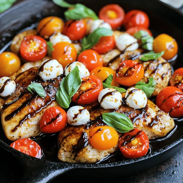 - 4 boneless, skinless chicken breasts - Salt and freshly ground black pepper, to taste - 1 tablespoon extra virgin olive oil - 1 cup cherry tomatoes, halved - 1 cup fresh mozzarella balls (bocconcini) - 1/2 cup fresh basil leaves, torn into pieces - 1/2 cup balsamic glaze - 1 teaspoon garlic powder - 1 teaspoon dried oregano Fresh ingredients are key to this dish. Fresh basil adds a bright, herbal taste. It brings life to the chicken. Without it, the dish feels flat. Using fresh mozzarella is also important. The creamy texture and rich flavor elevate the meal. It melts beautifully, enhancing each bite. Choosing high-quality balsamic glaze matters, too. A good glaze has a perfect balance of sweet and tangy. It sticks well to the chicken and toppings, creating a luscious sauce. Always pick a glaze that you enjoy tasting. It makes a big difference in the final flavor. 1. Preheat your oven to 400°F (200°C). This step is key for even cooking. 2. Season the chicken breasts with salt, black pepper, garlic powder, and oregano. Use a mixing bowl for even coverage. Make sure to coat both sides well. 1. Sear chicken in the skillet. Heat olive oil in a large oven-safe skillet over medium-high heat. Add the chicken and cook for 2-3 minutes on each side. Look for a golden brown crust. 2. Layer toppings on chicken. After searing, remove the skillet from heat. Place halved cherry tomatoes and mozzarella balls on top of the chicken. Drizzle balsamic glaze over everything. Let those flavors combine as it cooks. 1. Transfer to oven. Carefully move the skillet into your preheated oven. Bake for about 25-30 minutes. Check that the chicken reaches 165°F (75°C) for safety. 2. Add basil in the final minutes. In the last 5 minutes, sprinkle torn basil leaves on top. This adds freshness and color to your dish. This method brings out the best flavors in your Balsamic Glazed Caprese Chicken. Enjoy each bite! How do I make homemade balsamic glaze? To make a simple balsamic glaze, simmer balsamic vinegar in a pan over low heat. Stir often until it reduces to a thick syrup. This takes about 15 to 20 minutes. You can add a bit of honey or brown sugar to sweeten it. How do I adjust sweetness and flavor? If you want a sweeter glaze, add more honey while it cooks. For a tangy kick, mix in a little lemon juice. Taste as you go, so you get the balance just right. How can I ensure chicken is juicy and tender? To keep the chicken juicy, don't overcook it. Sear it until golden, then bake it. The internal temperature should reach 165°F (75°C). Letting it rest after baking helps keep the juices inside. What are tips for preventing overcooking? Use a meat thermometer to check the chicken’s temperature. Start checking it a few minutes before the end of baking time. If you see it’s close, pull it out right away. What are the best sides to pair with Balsamic Glazed Caprese Chicken? Serve it with a light salad, crusty bread, or roasted vegetables. A fresh green salad adds a nice crunch. What are some presentation ideas for serving? Serve the chicken right in the skillet. Garnish with extra basil leaves for color. A drizzle of extra balsamic glaze on top makes it look fancy and appetizing. {{image_4}} You can easily change this dish to fit your taste. Instead of chicken, try turkey or tofu. Turkey gives a slightly different flavor but stays moist. Tofu adds a nice texture and is great for plant-based eaters. You can also add vegetables like spinach or zucchini. Sauté the spinach in the skillet before adding the chicken. For zucchini, slice it thin and layer it on the chicken. This adds color and nutrients to your meal. To change up the flavor, consider trying different cheeses. Instead of fresh mozzarella, use goat cheese or feta. Both will give a tangy twist to the dish. Incorporating additional herbs can also enhance the taste. Fresh thyme or rosemary can add depth to the flavors. Just sprinkle them over the chicken before baking. This simple change can make your meal even more delicious. To store leftovers, let the chicken cool down first. Place it in an airtight container. This keeps the flavors fresh and tasty. You can store it in the fridge for up to three days. After that, it may lose its taste and texture. When reheating, I recommend using the oven. Preheat it to 350°F (175°C). Place the chicken in a baking dish and cover it with foil. This helps keep moisture in. Heat for about 15 to 20 minutes. Check that it is warm throughout. You can also use the microwave, but be careful not to dry it out. If you want to freeze it, wrap the chicken tightly in plastic wrap or foil. Place it in a freezer-safe bag. It can last up to three months in the freezer. To reheat from frozen, let it thaw in the fridge overnight. Then, follow the reheating instructions above. Can I make this recipe ahead of time? Yes, you can prepare this dish in advance. Season the chicken and layer the toppings. Cover and store in the fridge for up to 24 hours. When ready, bake as instructed. This saves time and keeps the flavors fresh. What can I substitute if I don’t have balsamic glaze? If you lack balsamic glaze, you can use balsamic vinegar. Mix it with a bit of honey or brown sugar to mimic the glaze's sweetness. Simmer the mix until it thickens slightly. This will give you a similar flavor. How do I know when the chicken is fully cooked? Check the chicken's internal temperature with a meat thermometer. It should reach 165°F (75°C). If you don't have one, cut into the thickest part. The juice should run clear without any pink meat. Can I cook this recipe on the grill? Absolutely! You can grill the chicken for a smoky flavor. Start by searing the chicken on the grill for 2-3 minutes per side. Then, add the toppings and cover the grill. Cook until the chicken reaches 165°F (75°C). What is the calorie count per serving? This recipe has about 350 calories per serving. This count includes chicken, cheese, and glaze. The precise number may change based on the brand of ingredients you use. Is this recipe suitable for certain dietary restrictions? Yes, this dish can fit various diets. It's gluten-free and can be made dairy-free. Just swap out the mozzarella for a dairy-free cheese. Always check labels to ensure all ingredients meet dietary needs. This blog post showed you how to make Balsamic Glazed Caprese Chicken. We talked about fresh ingredients like basil and mozzarella and why they matter. I gave you step-by-step cooking instructions and helpful tips to keep your chicken juicy. You also learned about tasty variations and how to store leftovers. Remember, cooking can be fun and simple. Try this recipe with your favorite sides. Enjoy your tasty dish and impress your friends!